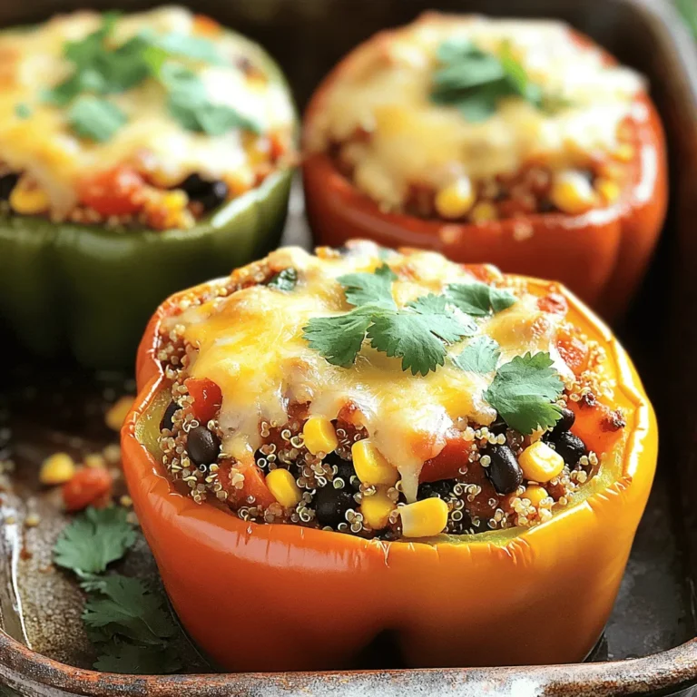 For a great stuffed bell pepper, you need: - 4 large bell peppers (any color of your choice) - 1 cup quinoa, thoroughly rinsed - 2 cups vegetable broth - 1 can (15 oz) black beans, drained and well rinsed - 1 cup corn kernels (can be fresh, frozen, or canned) - 1 small red onion, finely chopped - 2 cloves garlic, minced - 1 teaspoon ground cumin - 1 teaspoon smoked paprika - 1 teaspoon chili powder - Salt and black pepper to taste - 1 cup diced tomatoes (fresh or canned) - ½ cup shredded cheese (choosing either cheddar or mozzarella) - Fresh cilantro or parsley, chopped for garnish These ingredients give the dish a bright and hearty flavor. The bell peppers add a lovely crunch. Quinoa provides protein and a nutty taste. Beans and corn bring texture and sweetness. To boost the taste, consider adding: - A dash of hot sauce for heat - A squeeze of lime juice for brightness - Chopped olives for a salty kick These extras can make your dish more exciting. They add depth and can change the flavor profile. You can easily customize the taste to suit your family. This recipe is naturally gluten-free. To make it vegan: - Omit the cheese or use a plant-based alternative. You can also swap quinoa for rice or farro. These options fit different diets while keeping it tasty. Always check labels for hidden gluten in packaged items. Start by preheating your oven to 375°F (190°C). This is key for even cooking. Next, take your bell peppers and carefully cut off the tops. Remove the seeds and white parts inside. Use a brush to coat the outside and inside of each pepper with olive oil. Arrange them upright in a baking dish for easy stuffing. In a medium saucepan, bring 2 cups of vegetable broth to a boil. Add 1 cup of rinsed quinoa. Reduce the heat to low, cover, and let it simmer for about 15 minutes. The quinoa should be fluffy and the broth fully absorbed. Meanwhile, heat a drizzle of olive oil in a large skillet over medium heat. Add 1 small chopped red onion and sauté for 3-4 minutes until it turns soft. Add 2 minced garlic cloves, 1 teaspoon of cumin, 1 teaspoon of smoked paprika, and 1 teaspoon of chili powder. Stir for a minute until the spices smell great. Now, add 1 can of drained black beans, 1 cup of corn, and 1 cup of diced tomatoes to the skillet. Mix in the cooked quinoa and season with salt and black pepper. Spoon the filling into each bell pepper, packing it firmly. Top each pepper with ½ cup of shredded cheese. Cover the baking dish with aluminum foil and place it in the oven. Bake for 25 minutes. After that, remove the foil and bake for another 10-15 minutes. The peppers should be tender, and the cheese should be melted and golden. Once done, take the dish out and let it cool for a few minutes. Before serving, sprinkle fresh chopped cilantro or parsley on top. This adds a nice touch to your meal. For the full recipe, refer to the instructions above. When choosing bell peppers, look for ones that feel heavy for their size. The skin should be smooth and shiny. Avoid any with soft spots or wrinkles. Each color has a unique taste. Green peppers are slightly bitter, while red, yellow, and orange are sweeter. I love using a mix of colors for a vibrant dish. To cook quinoa perfectly, rinse it well under cold water. This removes a bitter coating called saponin. Boil vegetable broth, then add the rinsed quinoa. Let it simmer on low heat for 15 minutes. Once it's done, fluff it with a fork. Perfect quinoa should be light and fluffy, without any excess water. Oven temperatures can vary. If your oven runs hot, check the peppers a few minutes early. If it runs cool, you might need more time. Covering the dish with foil helps steam the peppers and keep them tender. Remove the foil towards the end to brown the cheese. This method makes every bite delicious. For more cooking tips, check out the Full Recipe for stuffed bell peppers. {{image_4}} You can easily add meat to your stuffed bell peppers. Ground beef, turkey, or chicken work well. Cook the meat in a skillet with some onions and garlic. Season it with salt and pepper. Mix this meat with your other filling ingredients before stuffing the peppers. This adds protein and makes the dish hearty. Try using different meats for new flavors. For a vegetarian or vegan option, focus on beans and grains. Black beans, lentils, or chickpeas can be great choices. Mix them with rice or quinoa for extra texture. You can also add spinach, zucchini, or mushrooms for more veggies. Season with herbs like oregano or basil for a flavor boost. This keeps your stuffed peppers healthy and tasty. Toppings can make your stuffed peppers shine. Cheese is a classic choice. Try different types like feta, goat cheese, or pepper jack for a kick. You could also sprinkle nuts like pine nuts or walnuts on top. These add a nice crunch. For a fresh touch, add avocado slices or a dollop of sour cream when serving. Explore toppings to find your favorite combinations! For a full recipe, check the vibrant veggie stuffed bell peppers. After you enjoy your stuffed bell peppers, store leftovers properly. Place them in an airtight container. This keeps them fresh for up to three days in the fridge. If you want to preserve them longer, consider freezing. Always let them cool before you store them. This helps to avoid extra moisture in the container. Freezing is a great way to save stuffed bell peppers for later. Wrap each pepper tightly in plastic wrap. Then, place them in a freezer-safe bag or container. Make sure to remove as much air as possible. This helps prevent freezer burn. You can freeze them for up to three months. Label the bags with the date, so you know when you made them. When you are ready to eat frozen stuffed peppers, reheating is simple. For best results, thaw them in the fridge overnight. Then, place them in a baking dish. Cover with foil and heat in a preheated oven at 350°F (175°C) for about 25 minutes. If you want the cheese to melt nicely, uncover them for the last 10 minutes. If you're in a hurry, you can use a microwave. Just heat them on medium power in short bursts until hot, about 5-7 minutes. Enjoy your meal! Yes, you can use other grains. Brown rice or couscous works well. Both add nice texture and flavor. If you choose to use rice, make sure it is cooked before mixing. This way, it blends well with the other ingredients. If you want a gluten-free option, try using millet or farro. These grains also give great taste. Stuffed bell peppers pair well with many sides. You can serve them with fresh salad or creamy avocado slices. A side of guacamole adds a nice touch too. If you want a heartier meal, serve them with rice or quinoa. You can also offer crusty bread to soak up any juices. These options create a balanced meal. Stuffed bell peppers last about 3 to 5 days in the fridge. Store them in an airtight container to keep them fresh. If you want to save them longer, you can freeze them. Just make sure they cool completely before freezing. When you’re ready to eat, thaw them overnight in the fridge. Then, bake them until heated through. Stuffed bell peppers are simple to make and full of flavor. We explored the main ingredients, seasoning, and how to adjust for diets. Step-by-step, we covered preparing, cooking, and baking. Helpful tips ensured you choose the best peppers and cook quinoa perfectly. Variations let you customize fillings and toppings to your taste. Lastly, I shared storage tips for leftovers. Stuffed peppers are a fun dish you can make again and again. Enjoy creating your own delicious versions!