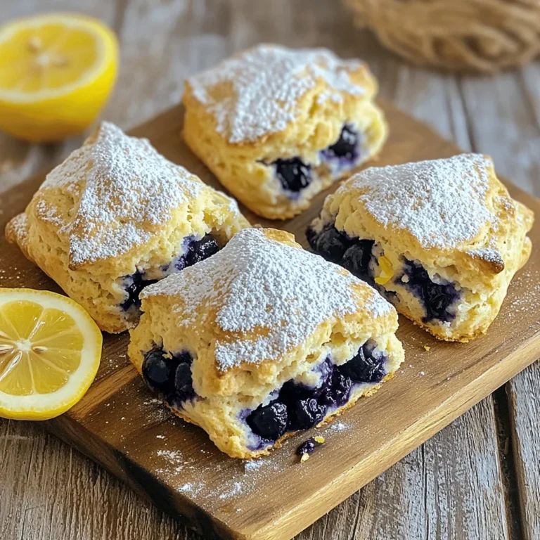 - 2 cups all-purpose flour - 1/4 cup granulated sugar - 1 tablespoon baking powder - 1/2 teaspoon salt - 1/2 cup unsalted butter, chilled and cut into small cubes - 1/2 cup fresh blueberries (preferably small) - Zest of 1 lemon (about 2 teaspoons) - 1/2 cup heavy cream - 1 large egg - 1 teaspoon pure vanilla extract - 1 tablespoon fresh lemon juice - For a gluten-free option, use a gluten-free flour blend. - If you need a dairy-free choice, replace the butter with coconut oil or a vegan butter. Use almond milk instead of heavy cream. - Fresh blueberries taste best. Look for ones that are firm and dark blue. - Frozen blueberries work too. They can save time and still taste great. Just avoid overmixing when using them. - Choose small blueberries if possible. They mix better and add nice bursts of flavor. When you gather these ingredients, you set the stage for a delightful baking experience. The combination of lemon and blueberries creates a bright and fresh flavor that truly shines in these scones. For the complete recipe, check out the Full Recipe section above. Preheat your oven to 400°F (200°C). This heat is key for a nice rise. Line a baking sheet with parchment paper. This will stop the scones from sticking and help them bake evenly. In a large bowl, mix the all-purpose flour, granulated sugar, baking powder, and salt. Use a whisk to blend these dry ingredients well. Make sure there are no lumps. This step sets the base for your scones. Now, it’s time to add the cold, cubed butter to the flour mix. You can use a pastry cutter or your fingers. Mix the butter in until it looks like coarse crumbs. You want some butter pieces to stay larger for extra flakiness in your scones. Next, fold in your fresh blueberries and lemon zest. Do this gently to avoid mashing the blueberries. They add flavor and color, making your scones pop. This step is all about keeping those berries whole. In a separate bowl, whisk together the heavy cream, large egg, vanilla extract, and fresh lemon juice. Mix until everything is smooth. This wet mix will bring your scones together and add moisture. Pour the wet mixture into the dry ingredients. Stir until just combined. Be careful not to overmix. The dough should be slightly sticky. Lightly flour your work surface, and turn the dough out. Shape it into a disc about 1-inch thick. Cut this disc into 8 wedges. Place them on your prepared baking sheet, leaving space between each one. Now you’re ready to bake! For the full recipe, check out the instructions above. Cold butter is key for flaky scones. When you cut chilled butter into flour, it creates small pockets. These pockets turn into steam while baking, giving you that nice, flaky texture. Use unsalted butter for better control over taste. Overmixing can make your dough tough. You should mix just until you see no dry flour. The dough should feel soft and a bit sticky. If you see lumps, that’s okay! Look for a dough that holds together but is not smooth like bread dough. To know when your scones are done, look for a golden-brown color on top. A toothpick inserted in the center should come out clean. If you see wet dough on the toothpick, bake them a few more minutes. Keep an eye on them to avoid burning! For the full recipe, check the earlier section. Enjoy baking! {{image_4}} You can change the flavor of your lemon blueberry scones. Adding nuts brings a nice crunch. Pecans or almonds work well. You can also mix in chocolate chips for a sweet surprise. Use dark chocolate for a richer taste. Citrus variations can make your scones shine. Try using orange zest instead of lemon. The orange gives a sweet and fruity flavor. Lime zest adds a bit of tang. Both options can brighten your scone experience. If you want to cut back on sugar, there are easy ways. You can use less granulated sugar in the dough. Try using natural sweeteners like honey or maple syrup. Just remember to adjust the wet ingredients. Another option is to add fruit for natural sweetness. More blueberries can give you that sweet taste without extra sugar. You can make these scones vegan too. Replace the egg with flaxseed meal. Mix one tablespoon of flaxseed with three tablespoons of water and let it sit. This mix works well as an egg substitute. For the cream, use coconut cream or almond milk. These options keep the scones moist and tasty. Your vegan lemon blueberry scones will still be delicious and fluffy! For the complete process, check the Full Recipe. Store your lemon blueberry scones at room temperature for best taste. Keep them in an airtight container. They will stay fresh for about two days this way. If you want to save them longer, put them in the refrigerator. This will keep them good for up to a week, but they might lose some of their fluffiness. To enjoy scones warm, reheat them in the oven. Preheat your oven to 350°F (175°C). Place the scones on a baking sheet and warm them for about 5-10 minutes. You can also use a microwave, but that may make them a bit chewy. If you use the microwave, warm them for only 15-20 seconds. You can freeze scones before or after baking. To freeze unbaked scones, shape them and place them on a baking sheet. Freeze them for about an hour, then transfer to a freezer bag. They can stay fresh for up to three months. When you’re ready, bake them straight from the freezer, adding a few extra minutes to the baking time. If you want to freeze baked scones, cool them completely first. Wrap each scone in plastic wrap or foil, then place them in a freezer bag. They will stay fresh for about three months. To enjoy, just thaw them overnight in the fridge and reheat. For the full recipe, check out the details above! You can tell when your scones are done by looking for a golden color. A toothpick inserted in the center should come out clean. Bake them for about 15 to 18 minutes. If you see a nice rise, they are likely ready. Yes, you can use frozen blueberries! Just make sure to add them straight from the freezer. Do not thaw them. They will still work well and keep your scones fresh. Lemon blueberry scones pair great with a few tasty items. You can serve them with butter, clotted cream, or lemon curd. A cup of tea or coffee makes a perfect drink to enjoy with them. These scones stay fresh for about two days at room temperature. If you want them to last longer, store them in an airtight container. You can also keep them in the fridge for up to a week. Yes, you can make the dough ahead of time! Wrap it in plastic wrap and store it in the fridge. Use the dough within two days for the best taste. When ready, simply cut and bake your scones. For the full recipe, check the Lemon Blueberry Bliss Scones section above. You will find all the ingredients and steps to create these delicious treats! In this post, we covered the ingredients, steps, and tips for making Lemon Blueberry Scones. We discussed ingredient substitutions and how to choose the best blueberries. I provided clear instructions and variations to suit different tastes. Remember, the key to great scones is using cold butter and not overmixing. Enjoy your baking journey, and don't hesitate to get creative with flavors. These scones are ready to please your friends and family!