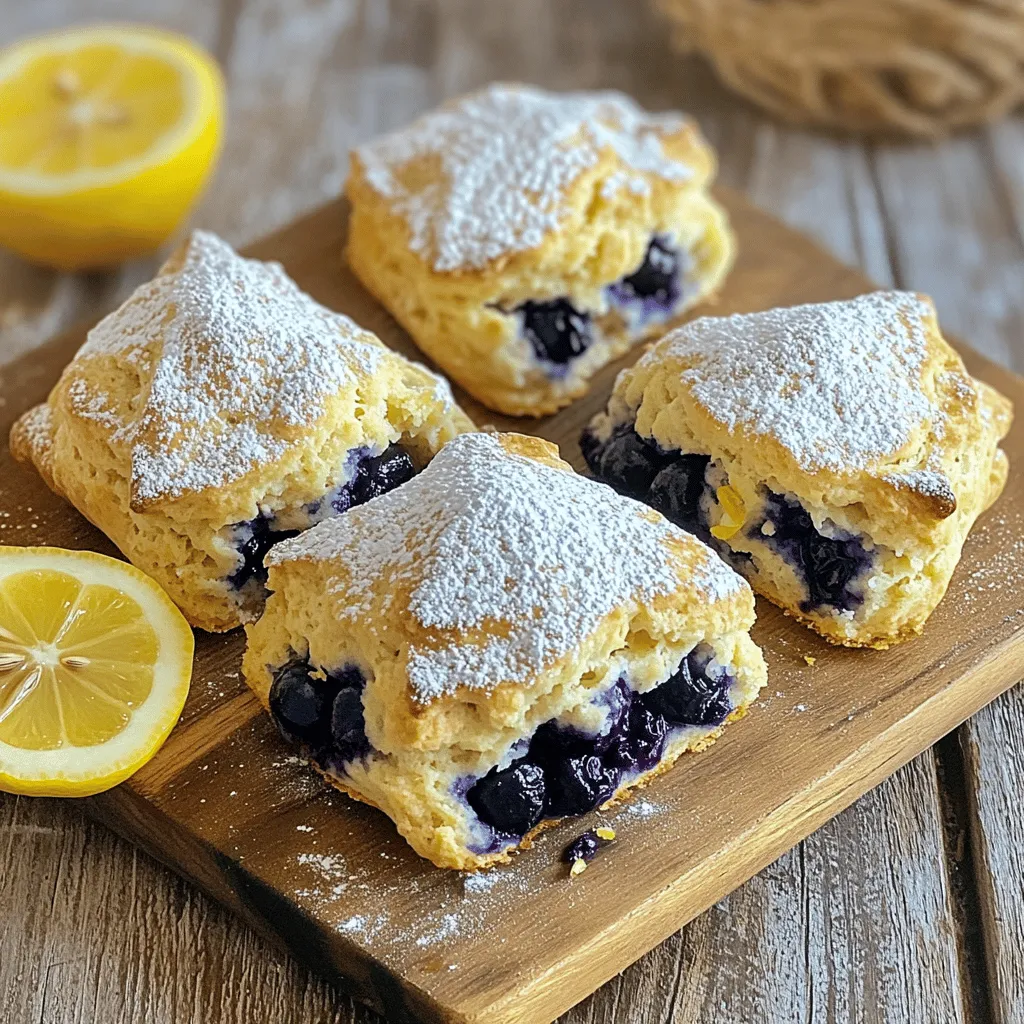 - 2 cups all-purpose flour - 1/4 cup granulated sugar - 1 tablespoon baking powder - 1/2 teaspoon salt - 1/2 cup unsalted butter, chilled and cut into small cubes - 1/2 cup fresh blueberries (preferably small) - Zest of 1 lemon (about 2 teaspoons) - 1/2 cup heavy cream - 1 large egg - 1 teaspoon pure vanilla extract - 1 tablespoon fresh lemon juice - For a gluten-free option, use a gluten-free flour blend. - If you need a dairy-free choice, replace the butter with coconut oil or a vegan butter. Use almond milk instead of heavy cream. - Fresh blueberries taste best. Look for ones that are firm and dark blue. - Frozen blueberries work too. They can save time and still taste great. Just avoid overmixing when using them. - Choose small blueberries if possible. They mix better and add nice bursts of flavor. When you gather these ingredients, you set the stage for a delightful baking experience. The combination of lemon and blueberries creates a bright and fresh flavor that truly shines in these scones. For the complete recipe, check out the Full Recipe section above. Preheat your oven to 400°F (200°C). This heat is key for a nice rise. Line a baking sheet with parchment paper. This will stop the scones from sticking and help them bake evenly. In a large bowl, mix the all-purpose flour, granulated sugar, baking powder, and salt. Use a whisk to blend these dry ingredients well. Make sure there are no lumps. This step sets the base for your scones. Now, it’s time to add the cold, cubed butter to the flour mix. You can use a pastry cutter or your fingers. Mix the butter in until it looks like coarse crumbs. You want some butter pieces to stay larger for extra flakiness in your scones. Next, fold in your fresh blueberries and lemon zest. Do this gently to avoid mashing the blueberries. They add flavor and color, making your scones pop. This step is all about keeping those berries whole. In a separate bowl, whisk together the heavy cream, large egg, vanilla extract, and fresh lemon juice. Mix until everything is smooth. This wet mix will bring your scones together and add moisture. Pour the wet mixture into the dry ingredients. Stir until just combined. Be careful not to overmix. The dough should be slightly sticky. Lightly flour your work surface, and turn the dough out. Shape it into a disc about 1-inch thick. Cut this disc into 8 wedges. Place them on your prepared baking sheet, leaving space between each one. Now you’re ready to bake! For the full recipe, check out the instructions above. Cold butter is key for flaky scones. When you cut chilled butter into flour, it creates small pockets. These pockets turn into steam while baking, giving you that nice, flaky texture. Use unsalted butter for better control over taste. Overmixing can make your dough tough. You should mix just until you see no dry flour. The dough should feel soft and a bit sticky. If you see lumps, that’s okay! Look for a dough that holds together but is not smooth like bread dough. To know when your scones are done, look for a golden-brown color on top. A toothpick inserted in the center should come out clean. If you see wet dough on the toothpick, bake them a few more minutes. Keep an eye on them to avoid burning! For the full recipe, check the earlier section. Enjoy baking! {{image_4}} You can change the flavor of your lemon blueberry scones. Adding nuts brings a nice crunch. Pecans or almonds work well. You can also mix in chocolate chips for a sweet surprise. Use dark chocolate for a richer taste. Citrus variations can make your scones shine. Try using orange zest instead of lemon. The orange gives a sweet and fruity flavor. Lime zest adds a bit of tang. Both options can brighten your scone experience. If you want to cut back on sugar, there are easy ways. You can use less granulated sugar in the dough. Try using natural sweeteners like honey or maple syrup. Just remember to adjust the wet ingredients. Another option is to add fruit for natural sweetness. More blueberries can give you that sweet taste without extra sugar. You can make these scones vegan too. Replace the egg with flaxseed meal. Mix one tablespoon of flaxseed with three tablespoons of water and let it sit. This mix works well as an egg substitute. For the cream, use coconut cream or almond milk. These options keep the scones moist and tasty. Your vegan lemon blueberry scones will still be delicious and fluffy! For the complete process, check the Full Recipe. Store your lemon blueberry scones at room temperature for best taste. Keep them in an airtight container. They will stay fresh for about two days this way. If you want to save them longer, put them in the refrigerator. This will keep them good for up to a week, but they might lose some of their fluffiness. To enjoy scones warm, reheat them in the oven. Preheat your oven to 350°F (175°C). Place the scones on a baking sheet and warm them for about 5-10 minutes. You can also use a microwave, but that may make them a bit chewy. If you use the microwave, warm them for only 15-20 seconds. You can freeze scones before or after baking. To freeze unbaked scones, shape them and place them on a baking sheet. Freeze them for about an hour, then transfer to a freezer bag. They can stay fresh for up to three months. When you’re ready, bake them straight from the freezer, adding a few extra minutes to the baking time. If you want to freeze baked scones, cool them completely first. Wrap each scone in plastic wrap or foil, then place them in a freezer bag. They will stay fresh for about three months. To enjoy, just thaw them overnight in the fridge and reheat. For the full recipe, check out the details above! You can tell when your scones are done by looking for a golden color. A toothpick inserted in the center should come out clean. Bake them for about 15 to 18 minutes. If you see a nice rise, they are likely ready. Yes, you can use frozen blueberries! Just make sure to add them straight from the freezer. Do not thaw them. They will still work well and keep your scones fresh. Lemon blueberry scones pair great with a few tasty items. You can serve them with butter, clotted cream, or lemon curd. A cup of tea or coffee makes a perfect drink to enjoy with them. These scones stay fresh for about two days at room temperature. If you want them to last longer, store them in an airtight container. You can also keep them in the fridge for up to a week. Yes, you can make the dough ahead of time! Wrap it in plastic wrap and store it in the fridge. Use the dough within two days for the best taste. When ready, simply cut and bake your scones. For the full recipe, check the Lemon Blueberry Bliss Scones section above. You will find all the ingredients and steps to create these delicious treats! In this post, we covered the ingredients, steps, and tips for making Lemon Blueberry Scones. We discussed ingredient substitutions and how to choose the best blueberries. I provided clear instructions and variations to suit different tastes. Remember, the key to great scones is using cold butter and not overmixing. Enjoy your baking journey, and don't hesitate to get creative with flavors. These scones are ready to please your friends and family!
