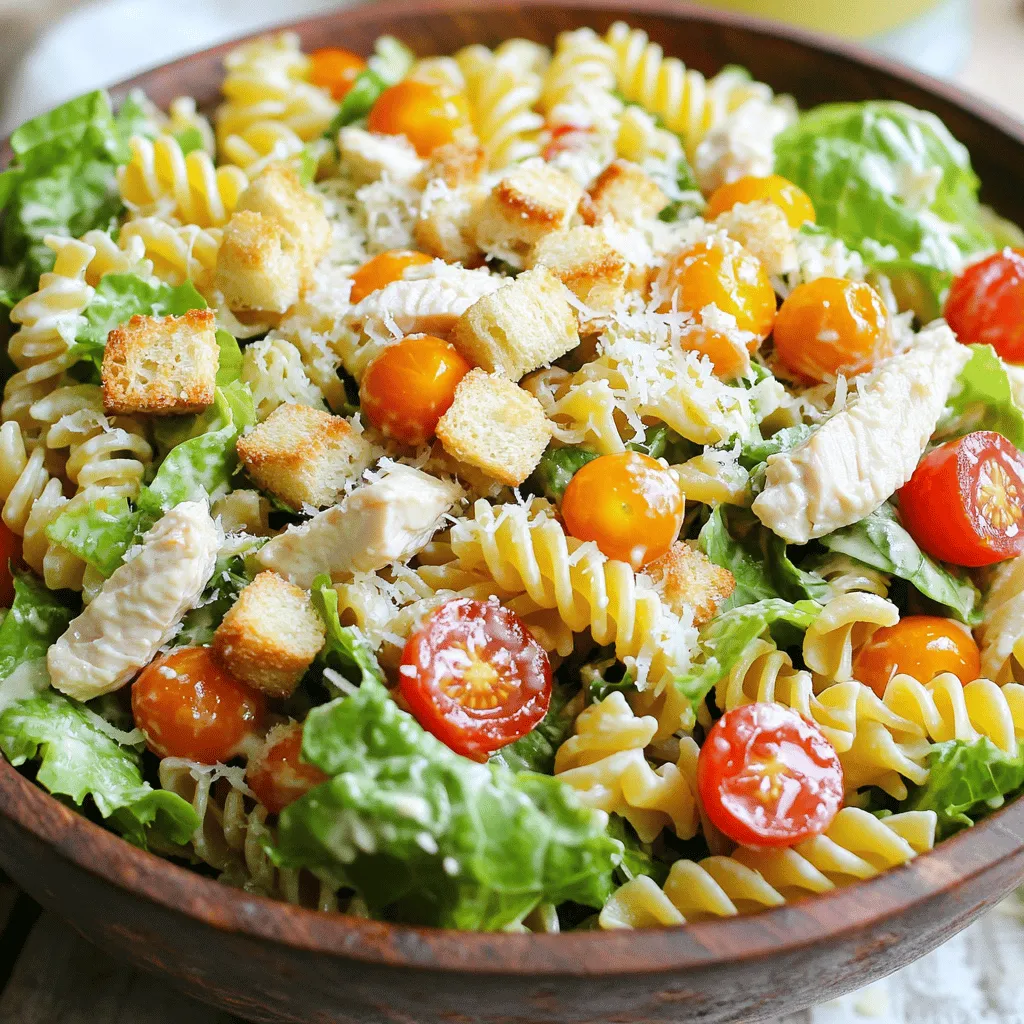 - 2 cups rotini pasta - 1 cup cooked chicken breast, diced - 1 cup romaine lettuce, chopped - ½ cup cherry tomatoes, halved - ¼ cup Caesar dressing (store-bought or homemade) - 2 tablespoons extra virgin olive oil - 1 garlic clove, finely minced - Salt and freshly ground black pepper to taste - ¼ cup freshly grated Parmesan cheese - Crunchy croutons for topping To make this Chicken Caesar Pasta Salad, you need simple, fresh ingredients. The rotini pasta forms the base, giving the salad a fun twist. Cooked chicken breast adds protein and heartiness. Romaine lettuce and cherry tomatoes bring crunch and color. For the dressing, you can choose store-bought or homemade Caesar dressing. I love whisking it with olive oil, minced garlic, salt, and pepper. This mix brings great flavor to the salad. Optional toppings like freshly grated Parmesan cheese and crunchy croutons add extra texture and taste. Feel free to get creative with the toppings. For the full recipe, check out the detailed steps. First, fill a large pot with salted water. Bring it to a rolling boil. Add 2 cups of rotini pasta and cook it until it's just al dente. This usually takes about 8-10 minutes, but check the package for exact times. Al dente means the pasta is firm when you bite it. Once done, drain the pasta and rinse it under cold water. This stops the cooking and cools it down. In a big mixing bowl, combine the cooled rotini pasta, 1 cup of diced cooked chicken, 1 cup of chopped romaine lettuce, and ½ cup of halved cherry tomatoes. Mix these gently. Be careful not to break the pasta or lettuce. You want everything to stay fresh and whole. In a small bowl, whisk together ¼ cup of Caesar dressing, 2 tablespoons of extra virgin olive oil, 1 minced garlic clove, salt, and pepper. Mix until smooth. If it feels too thick, add a splash of water to get the perfect consistency. The dressing should coat the pasta well without being too runny. Drizzle the dressing over your salad and fold the ingredients gently to coat them. After that, sprinkle ¼ cup of freshly grated Parmesan cheese on top. Toss it lightly again to mix without breaking anything. For the best taste, cover the bowl with plastic wrap and chill it for about 30 minutes. This helps the flavors blend. Just before serving, add crunchy croutons on top for extra crunch. For more details, refer to the Full Recipe for all measurements and tips! Chilling your salad is key. It allows the flavors to meld and taste better. I recommend covering it and placing it in the fridge for about 30 minutes. This time helps the dressing soak into the pasta and chicken. Adjust ingredients based on what you like. Not a fan of tomatoes? Leave them out! Want more crunch? Add extra croutons. Make it your own. Homemade dressing can take your salad to the next level. It is often fresher and tastier than store-bought. If you choose store-bought, pick a high-quality brand for the best taste. Always use fresh Parmesan cheese. Grating it yourself makes a big difference in flavor. Quality ingredients lead to a better meal. Serve your Chicken Caesar Pasta Salad in individual bowls for a nice touch. Arrange it on a large platter for gatherings. Sprinkle some extra Parmesan on top for beauty. Whole cherry tomatoes can add color and fun. Pair the salad with garlic bread or a refreshing drink, like iced tea. These sides enhance the meal and make it more enjoyable. {{image_4}} You can switch up the protein in your Chicken Caesar Pasta Salad. Grilled shrimp makes a great option. It adds a nice, light touch. If you prefer a plant-based choice, tofu works well too. Just make sure to press the tofu to remove extra moisture. Adding bacon gives the salad an extra flavor kick. The crispy bits add a nice crunch. For a fun twist, try using diced turkey or even steak. Each option brings its unique taste and texture. If you need gluten-free pasta, look for alternatives made from rice or chickpeas. These options keep the dish tasty while fitting your diet. Many stores offer gluten-free rotini that cooks just like regular pasta. For a vegan twist, swap out chicken for chickpeas or lentils. You can also use vegan Caesar dressing. This way, you keep the creamy flavor without any animal products. Just ensure your pasta is egg-free. To make your salad even better, add more veggies. Bell peppers add sweetness and crunch. You can also include cucumber for a refreshing bite. Herbs and spices can boost the flavor too. Fresh basil or parsley adds a lovely aroma. A sprinkle of red pepper flakes brings some heat. Experimenting with flavors helps make the dish your own. For the full recipe, check out the creamy Chicken Caesar Rotini Salad. Enjoy creating your own version! To keep your Chicken Caesar Pasta Salad fresh, store leftovers in an airtight container. Glass or plastic containers work well. Make sure to seal them tightly to avoid air exposure. If you have croutons, store them separately to keep them crunchy. Your pasta salad will stay fresh in the fridge for about 3 days. After that, the flavor and texture may change. Signs of spoilage include a sour smell or slimy texture. If you notice either, it’s best to toss it out. To reheat your pasta salad, use the microwave on low power. Heat it in short bursts to keep the pasta from getting mushy. You can also serve leftovers cold, as the flavors blend nicely over time. Enjoy it straight from the fridge for a quick meal! For a full recipe, check out the Creamy Chicken Caesar Rotini Salad 🥗. To enhance the taste of your Chicken Caesar Pasta Salad, try these tips: - Add fresh herbs: Basil or parsley can boost the flavor. - Use homemade dressing: It often tastes better than store-bought. - Include more cheese: Extra Parmesan adds a nice richness. - Incorporate other veggies: Bell peppers or cucumbers add crunch and freshness. - Season well: Adjust salt and pepper to your taste. With these simple tweaks, your salad can shine with vibrant flavors. Yes, you can prep Chicken Caesar Pasta Salad in advance. I recommend making it a few hours before serving. This allows the flavors to blend well. - Storage: Keep it in the fridge in an airtight container. - Timing: You can also make it the night before, but add croutons just before serving. Doing this will keep the salad fresh and tasty. You can easily swap ingredients based on what you have or dietary needs. Here are some ideas: - Pasta: Use gluten-free rotini or whole wheat pasta. - Chicken: Replace it with grilled shrimp or chickpeas for a vegetarian option. - Lettuce: Spinach or kale can work instead of romaine. - Dressing: Use yogurt-based dressing for a lighter version. - Cheese: Feta or goat cheese can replace Parmesan. These substitutions can help customize your dish to fit your taste. Chicken Caesar Pasta Salad can last for about 3 to 5 days in the fridge. - Storage: Keep it in a sealed container to maintain freshness. - Signs of spoilage: Look for changes in color or texture, and smell for any off odors. If you notice any signs of spoilage, it's best to discard it. It is not safe to eat pasta salad left out overnight. - Food safety: Bacteria can grow quickly at room temperature. - Temperature control: Always keep it refrigerated when not serving. To stay safe, refrigerate leftovers within two hours of serving. This Chicken Caesar Pasta Salad is quick and tasty. You learned about the key ingredients, simple steps, and helpful tips. Personalize it with protein swaps or extra veggies for your taste. Remember to store leftovers properly to keep them fresh. A well-made salad can brighten any meal. Now, go ahead and make this delicious dish your own! Enjoy the flavors and have fun experimenting.