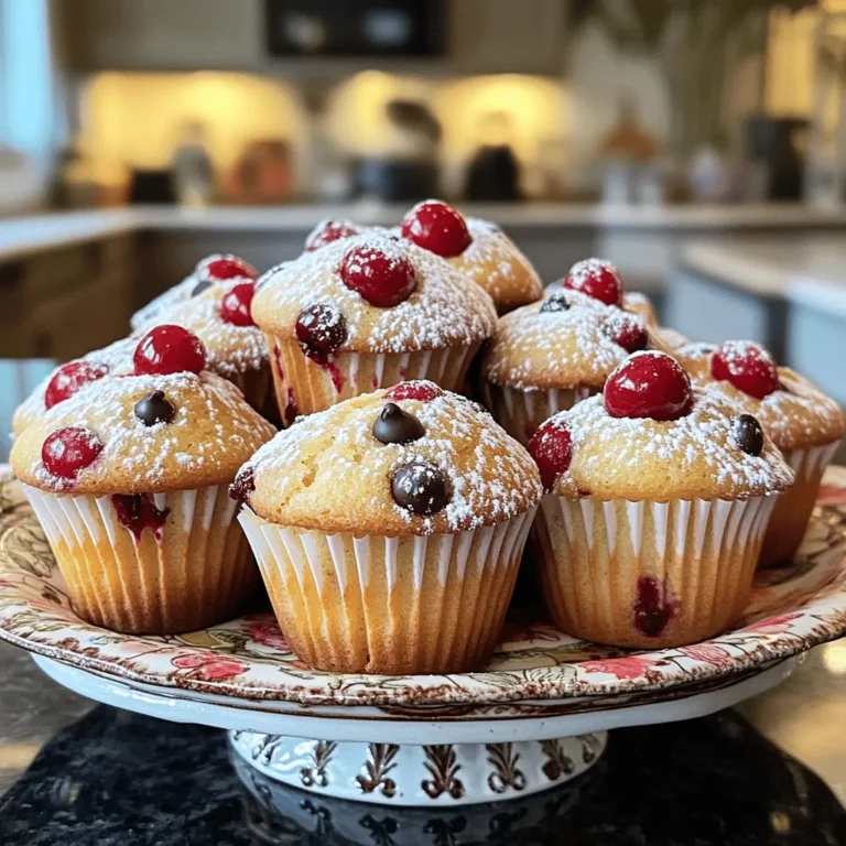 - 1 cup all-purpose flour - 1/2 cup whole wheat flour - 1/2 cup granulated sugar - 1/4 cup brown sugar, packed firmly - 2 teaspoons baking powder - 1/2 teaspoon baking soda - 1/4 teaspoon salt - 2 large eggs, at room temperature - 1/2 cup milk, preferably whole or 2% - 1/4 cup vegetable oil - 1 teaspoon pure vanilla extract - 1 cup fresh cherries, pitted and sliced in half - 1/2 cup dark chocolate chips - 1 tablespoon powdered sugar, for dusting When you gather these ingredients, make sure they are fresh for the best flavor. If you want to mix things up, you can swap whole wheat flour with almond flour for a nutty taste. You can also change the type of sugar. Brown sugar gives a richer taste, while granulated sugar adds more sweetness. If you don’t have fresh cherries, frozen ones work too. Just thaw them first. The dark chocolate chips can be replaced with milk chocolate if you prefer a sweeter bite. This recipe is flexible, so feel free to explore what works for you. For the full recipe, check out the detailed instructions that follow. Enjoy your baking! 1. First, preheat your oven to 375°F (190°C). This will help your muffins bake evenly. 2. Prepare your muffin tin by lining it with paper liners or spraying it with cooking oil. This prevents sticking and makes cleanup easy. 3. In a large bowl, sift together the all-purpose flour, whole wheat flour, granulated sugar, brown sugar, baking powder, baking soda, and salt. Using a whisk helps to mix well and add air to the dry mix. 4. In another bowl, beat the eggs, milk, vegetable oil, and vanilla extract until smooth. This is your wet mixture. 1. Gradually pour the wet ingredients into the dry mix. Use a wooden spoon or spatula to combine them gently. Stir just until you don’t see dry flour anymore. Overmixing can make your muffins tough. 2. Carefully fold in the halved cherries and dark chocolate chips. This adds flavor and texture; be gentle to keep the cherries intact. 3. Using a spoon or ice cream scoop, fill each muffin cup about two-thirds full. This gives them room to rise while baking. 4. Bake in the preheated oven for 18-20 minutes. To check if they are done, insert a toothpick into the center of a muffin. If it comes out clean or with a few moist crumbs, they are ready. 5. Let the muffins cool in the pan for about 5 minutes. Then, transfer them to a wire rack to cool completely. This keeps them light and fluffy. 6. After cooling, dust the tops with powdered sugar for a sweet touch and nice look. Enjoy your Cherry Chocolate Chip Muffins with a warm cup of tea or coffee! You can also find the Full Recipe for more detailed steps. - Avoiding overmixing: Mix your batter just enough to combine wet and dry ingredients. When you see no dry flour, stop stirring. Overmixing can make muffins tough and dry. - Temperature of ingredients: Use room temperature eggs and milk. This helps the batter mix evenly and rise well. Cold ingredients can lead to uneven baking. - Choosing the right type of cherries: Fresh, sweet cherries work best. Sour cherries can make muffins too tart. If you use frozen cherries, thaw and drain them first to avoid soggy muffins. - Dusting with powdered sugar: After the muffins cool, sprinkle powdered sugar on top. This adds sweetness and a nice touch to the muffins' look. - Presentation ideas for serving: Serve muffins warm on a colorful platter. Place a few whole cherries beside them. This adds a pop of color and highlights the cherry flavor. {{image_4}} You can make your cherry chocolate chip muffins even more fun with unique add-ins. Adding nuts or seeds gives great texture. Chopped walnuts or sliced almonds work well. You can also try sunflower seeds for a nut-free option. Mixing in different types of chocolate can change the flavor too. Use white chocolate or milk chocolate for a sweeter taste. You can even mix in some cocoa powder for extra chocolate flavor. If you want a gluten-free version, simply swap all-purpose flour for a gluten-free blend. Many brands work well in baking and keep the muffins light. For a vegan option, replace eggs with flaxseed meal mixed with water. Use plant-based milk and oil instead of dairy products. These changes keep the muffins moist and tasty while still being friendly to different diets. Explore the Full Recipe for more ideas and tips! To keep your Cherry Chocolate Chip Muffins fresh, store them at room temperature. If you plan to eat them in a few days, place them in an airtight container. This will keep them soft and moist. If you need to store them longer, refrigeration is not ideal. It can dry them out. Instead, keep the muffins in a cool, dry place. You can freeze your muffins for later enjoyment. To do this, allow them to cool completely. Once cooled, wrap each muffin in plastic wrap. Then, place the wrapped muffins in a freezer-safe bag. This helps prevent freezer burn. When you're ready to eat one, simply take it out of the freezer. Thawing tips for the best quality include leaving the muffin at room temperature for a few hours. You can also warm it in the microwave for about 15 seconds. This will help restore its fresh, baked taste. Enjoy your muffins any time! Can I use frozen cherries? Yes, you can use frozen cherries. They work well in muffins. Just make sure to thaw and drain them first. This helps avoid excess moisture in your batter. How do I know when my muffins are done? You can check if your muffins are done by inserting a toothpick into the center. If it comes out clean or with a few moist crumbs, your muffins are ready. Keep an eye on the baking time, as ovens can vary. What can I substitute for eggs? If you need an egg substitute, you have options. You can use 1/4 cup of applesauce or mashed banana for each egg. This keeps your muffins moist and adds a slight sweetness. Another option is to mix 1 tablespoon of ground flaxseed with 2.5 tablespoons of water. Let it sit for a few minutes before adding it to your batter. For more details on making these tasty muffins, check the Full Recipe. You now have all the tools to make delicious cherry chocolate chip muffins. We covered the ingredients, step-by-step preparation, and expert tips for moist results. Remember to keep your mixtures gentle and choose the right cherries. Feel free to experiment with add-ins and dietary options that suit you. Store them properly to keep your muffins fresh longer. Enjoy baking and sharing these tasty treats as you explore different variations. Happy baking!
