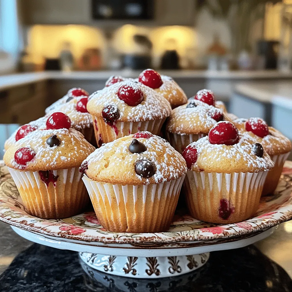 - 1 cup all-purpose flour - 1/2 cup whole wheat flour - 1/2 cup granulated sugar - 1/4 cup brown sugar, packed firmly - 2 teaspoons baking powder - 1/2 teaspoon baking soda - 1/4 teaspoon salt - 2 large eggs, at room temperature - 1/2 cup milk, preferably whole or 2% - 1/4 cup vegetable oil - 1 teaspoon pure vanilla extract - 1 cup fresh cherries, pitted and sliced in half - 1/2 cup dark chocolate chips - 1 tablespoon powdered sugar, for dusting When you gather these ingredients, make sure they are fresh for the best flavor. If you want to mix things up, you can swap whole wheat flour with almond flour for a nutty taste. You can also change the type of sugar. Brown sugar gives a richer taste, while granulated sugar adds more sweetness. If you don’t have fresh cherries, frozen ones work too. Just thaw them first. The dark chocolate chips can be replaced with milk chocolate if you prefer a sweeter bite. This recipe is flexible, so feel free to explore what works for you. For the full recipe, check out the detailed instructions that follow. Enjoy your baking! 1. First, preheat your oven to 375°F (190°C). This will help your muffins bake evenly. 2. Prepare your muffin tin by lining it with paper liners or spraying it with cooking oil. This prevents sticking and makes cleanup easy. 3. In a large bowl, sift together the all-purpose flour, whole wheat flour, granulated sugar, brown sugar, baking powder, baking soda, and salt. Using a whisk helps to mix well and add air to the dry mix. 4. In another bowl, beat the eggs, milk, vegetable oil, and vanilla extract until smooth. This is your wet mixture. 1. Gradually pour the wet ingredients into the dry mix. Use a wooden spoon or spatula to combine them gently. Stir just until you don’t see dry flour anymore. Overmixing can make your muffins tough. 2. Carefully fold in the halved cherries and dark chocolate chips. This adds flavor and texture; be gentle to keep the cherries intact. 3. Using a spoon or ice cream scoop, fill each muffin cup about two-thirds full. This gives them room to rise while baking. 4. Bake in the preheated oven for 18-20 minutes. To check if they are done, insert a toothpick into the center of a muffin. If it comes out clean or with a few moist crumbs, they are ready. 5. Let the muffins cool in the pan for about 5 minutes. Then, transfer them to a wire rack to cool completely. This keeps them light and fluffy. 6. After cooling, dust the tops with powdered sugar for a sweet touch and nice look. Enjoy your Cherry Chocolate Chip Muffins with a warm cup of tea or coffee! You can also find the Full Recipe for more detailed steps. - Avoiding overmixing: Mix your batter just enough to combine wet and dry ingredients. When you see no dry flour, stop stirring. Overmixing can make muffins tough and dry. - Temperature of ingredients: Use room temperature eggs and milk. This helps the batter mix evenly and rise well. Cold ingredients can lead to uneven baking. - Choosing the right type of cherries: Fresh, sweet cherries work best. Sour cherries can make muffins too tart. If you use frozen cherries, thaw and drain them first to avoid soggy muffins. - Dusting with powdered sugar: After the muffins cool, sprinkle powdered sugar on top. This adds sweetness and a nice touch to the muffins' look. - Presentation ideas for serving: Serve muffins warm on a colorful platter. Place a few whole cherries beside them. This adds a pop of color and highlights the cherry flavor. {{image_4}} You can make your cherry chocolate chip muffins even more fun with unique add-ins. Adding nuts or seeds gives great texture. Chopped walnuts or sliced almonds work well. You can also try sunflower seeds for a nut-free option. Mixing in different types of chocolate can change the flavor too. Use white chocolate or milk chocolate for a sweeter taste. You can even mix in some cocoa powder for extra chocolate flavor. If you want a gluten-free version, simply swap all-purpose flour for a gluten-free blend. Many brands work well in baking and keep the muffins light. For a vegan option, replace eggs with flaxseed meal mixed with water. Use plant-based milk and oil instead of dairy products. These changes keep the muffins moist and tasty while still being friendly to different diets. Explore the Full Recipe for more ideas and tips! To keep your Cherry Chocolate Chip Muffins fresh, store them at room temperature. If you plan to eat them in a few days, place them in an airtight container. This will keep them soft and moist. If you need to store them longer, refrigeration is not ideal. It can dry them out. Instead, keep the muffins in a cool, dry place. You can freeze your muffins for later enjoyment. To do this, allow them to cool completely. Once cooled, wrap each muffin in plastic wrap. Then, place the wrapped muffins in a freezer-safe bag. This helps prevent freezer burn. When you're ready to eat one, simply take it out of the freezer. Thawing tips for the best quality include leaving the muffin at room temperature for a few hours. You can also warm it in the microwave for about 15 seconds. This will help restore its fresh, baked taste. Enjoy your muffins any time! Can I use frozen cherries? Yes, you can use frozen cherries. They work well in muffins. Just make sure to thaw and drain them first. This helps avoid excess moisture in your batter. How do I know when my muffins are done? You can check if your muffins are done by inserting a toothpick into the center. If it comes out clean or with a few moist crumbs, your muffins are ready. Keep an eye on the baking time, as ovens can vary. What can I substitute for eggs? If you need an egg substitute, you have options. You can use 1/4 cup of applesauce or mashed banana for each egg. This keeps your muffins moist and adds a slight sweetness. Another option is to mix 1 tablespoon of ground flaxseed with 2.5 tablespoons of water. Let it sit for a few minutes before adding it to your batter. For more details on making these tasty muffins, check the Full Recipe. You now have all the tools to make delicious cherry chocolate chip muffins. We covered the ingredients, step-by-step preparation, and expert tips for moist results. Remember to keep your mixtures gentle and choose the right cherries. Feel free to experiment with add-ins and dietary options that suit you. Store them properly to keep your muffins fresh longer. Enjoy baking and sharing these tasty treats as you explore different variations. Happy baking!