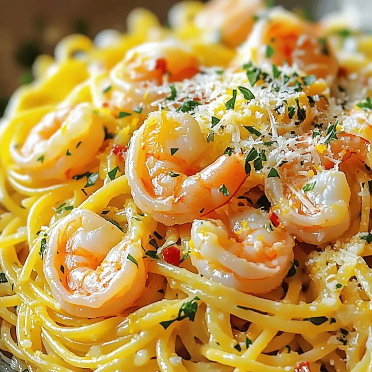 - 8 oz spaghetti or linguine - 1 lb large shrimp, peeled and deveined - 4 cloves garlic, minced - 1/4 cup unsalted butter - 3 tablespoons olive oil For this dish, I use fresh large shrimp. They add a sweet flavor and a nice texture. Spaghetti or linguine are my favorite pasta choices. They hold the sauce well. The garlic brings a bold taste that pairs perfectly with the shrimp. Unsalted butter and olive oil create a rich base for cooking. - 1 lemon, zested and juiced - 1/2 teaspoon red pepper flakes (adjustable for spice preference) - 1/4 cup fresh parsley, finely chopped - Grated Parmesan cheese for serving (optional) Lemon zest and juice brighten the dish. I love the zing it adds. Red pepper flakes give just the right amount of heat. You can adjust it to your taste. Fresh parsley adds a pop of color and freshness. If you want, sprinkle some Parmesan cheese on top for a creamy finish. - Servings: 4 - Essential kitchen tools: large pot, skillet, mixing bowl, and a colander This recipe serves four people. It's perfect for a family dinner or a cozy gathering. You need a large pot for boiling the pasta and a skillet for cooking shrimp. A mixing bowl helps combine all the ingredients nicely. A colander is handy for draining the pasta. This simple setup makes cooking easy and fun! For the full recipe, check the details above. Start by boiling water in a large pot. Make sure to add salt to the water for flavor. Once the water is boiling, add 8 oz of spaghetti or linguine. Cook according to the package instructions, usually about 8 to 10 minutes. You want it just right—al dente. Before draining, reserve about 1 cup of pasta water. This water is starchy and will help your sauce later. After that, drain the pasta and set it aside in a large bowl. In a big skillet, melt 1/4 cup of unsalted butter with 3 tablespoons of olive oil over medium heat. Once the butter melts, add 4 cloves of minced garlic. Stir it for around 30 seconds until it smells great. Be careful not to let the garlic brown. Next, add 1 lb of peeled and deveined shrimp to the skillet. Season them with a pinch of salt, black pepper, and 1/2 teaspoon of red pepper flakes. Cook the shrimp for 2 to 3 minutes. They should turn pink and opaque when done. Once the shrimp are cooked, pour in the juice of 1 lemon and sprinkle the lemon zest over the mixture. Stir everything well to coat the shrimp. If the sauce looks dry, add a splash of the reserved pasta water. This will make the sauce silky and smooth. Now, gently fold the drained pasta into the skillet. Toss it well so every strand gets coated in that tasty sauce. Enjoy the bright lemon flavor mixed with the shrimp! To get the right al dente texture, cook your pasta just until it is firm to the bite. This usually takes about 8 to 10 minutes. Remember to check the package for specific times. To avoid sticky pasta, make sure to stir it while it cooks. Use plenty of water and salt. This helps keep the pasta separate and adds flavor. You can adjust the spice level by adding more or fewer red pepper flakes. If you like it spicy, add more! For a creamier taste, sprinkle grated Parmesan cheese on top. Mix it in for a rich, cheesy flavor that pairs well with the lemon and shrimp. Garnishing adds a nice touch. Try placing a lemon wedge on each plate. This gives a fresh look and extra zing. You can also sprinkle more parsley on top for color. Serve with crusty bread. It’s perfect for soaking up any leftover sauce. {{image_4}} You can switch up the pasta type to fit your taste. Try penne, fettuccine, or even whole wheat. Each option brings its unique texture. If you want a gluten-free meal, consider using brown rice pasta or chickpea pasta. These choices add flavor and keep the dish light. If shrimp isn’t your thing, you have options. You can use chicken breast, scallops, or even tofu. Each of these proteins can soak up the lemon and garlic flavors well. Just be sure to adjust cooking times to ensure everything is cooked perfectly. For those needing gluten-free options, many pasta brands offer delicious choices. Look for gluten-free spaghetti or linguine made from rice or lentils. These options cook similarly and still taste great. Dairy-free variations are simple too. Skip the Parmesan cheese or use a dairy-free version instead. Nutritional yeast can also add a cheesy flavor without dairy. This keeps the dish rich and satisfying. Want to add more veggies? You can toss in spinach, cherry tomatoes, or bell peppers. This not only boosts nutrition but also adds color to your plate. Cook them in the skillet for a few minutes before adding shrimp for a tasty mix. Herbs and spices can change the whole dish. Add fresh basil or oregano for an Italian twist. A pinch of thyme or a splash of white wine can enhance the flavor too. Be creative and make this dish your own! For the full recipe, check out the complete instructions and cooking tips. To store leftovers, place the pasta in an airtight container. Make sure it cools to room temperature first. Seal the container tightly. This helps keep it fresh. You can refrigerate it for up to three days. After that, the shrimp may lose flavor and texture. For reheating, I like to use a skillet. Heat it over medium-low heat. Add a splash of olive oil to prevent sticking. Then, add the pasta and shrimp. Stir gently until warmed through. You can also use a microwave. If you do, cover the dish to keep moisture in. This method works best if you add a bit of water to avoid drying out the pasta. You can freeze cooked pasta, but it changes texture. If you want to freeze it, let it cool first. Place it in a freezer-safe bag. Remove as much air as possible. It will last for about two months. For uncooked shrimp, freeze them in their original packaging. You can also place them in a freezer-safe bag. Remember to use them within three months for the best quality. To thaw, move it to the fridge overnight. This keeps the shrimp safe and fresh. Making Lemon Garlic Shrimp Pasta takes about 20 minutes. Here’s the breakdown: - Prep Time: 10 minutes - Cook Time: 10 minutes This quick meal fits perfectly into a busy day. Yes, you can prepare parts of this dish ahead of time. Here are some tips: - Cook the pasta and store it in the fridge. - Sauté the garlic and shrimp, then cool it before storing. - Mix everything just before serving for the best taste. I recommend using large, peeled, and deveined shrimp. Here’s why: - Freshness: Look for shrimp that smell like the ocean. - Sourcing: Buy shrimp from local markets or trusted stores. This ensures great flavor and quality in your dish. Yes, you can make this dish gluten-free. Here are some substitutes: - Use gluten-free pasta made from rice or quinoa. - Check sauces and butter for gluten-free labels. This way, everyone can enjoy this tasty meal. For the full recipe, check out the complete instructions. In this article, we covered how to make a tasty Lemon Garlic Shrimp Pasta. You learned about the key ingredients like shrimp, garlic, and lemon. We shared step-by-step cooking instructions and helpful tips to perfect your dish. You also found variations and storage tips for your leftovers. Cooking can be fun and easy with the right guidance. Enjoy mastering this recipe, and don’t be afraid to make it your own!