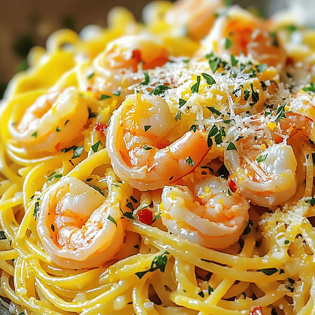 - 8 oz spaghetti or linguine - 1 lb large shrimp, peeled and deveined - 4 cloves garlic, minced - 1/4 cup unsalted butter - 3 tablespoons olive oil For this dish, I use fresh large shrimp. They add a sweet flavor and a nice texture. Spaghetti or linguine are my favorite pasta choices. They hold the sauce well. The garlic brings a bold taste that pairs perfectly with the shrimp. Unsalted butter and olive oil create a rich base for cooking. - 1 lemon, zested and juiced - 1/2 teaspoon red pepper flakes (adjustable for spice preference) - 1/4 cup fresh parsley, finely chopped - Grated Parmesan cheese for serving (optional) Lemon zest and juice brighten the dish. I love the zing it adds. Red pepper flakes give just the right amount of heat. You can adjust it to your taste. Fresh parsley adds a pop of color and freshness. If you want, sprinkle some Parmesan cheese on top for a creamy finish. - Servings: 4 - Essential kitchen tools: large pot, skillet, mixing bowl, and a colander This recipe serves four people. It's perfect for a family dinner or a cozy gathering. You need a large pot for boiling the pasta and a skillet for cooking shrimp. A mixing bowl helps combine all the ingredients nicely. A colander is handy for draining the pasta. This simple setup makes cooking easy and fun! For the full recipe, check the details above. Start by boiling water in a large pot. Make sure to add salt to the water for flavor. Once the water is boiling, add 8 oz of spaghetti or linguine. Cook according to the package instructions, usually about 8 to 10 minutes. You want it just right—al dente. Before draining, reserve about 1 cup of pasta water. This water is starchy and will help your sauce later. After that, drain the pasta and set it aside in a large bowl. In a big skillet, melt 1/4 cup of unsalted butter with 3 tablespoons of olive oil over medium heat. Once the butter melts, add 4 cloves of minced garlic. Stir it for around 30 seconds until it smells great. Be careful not to let the garlic brown. Next, add 1 lb of peeled and deveined shrimp to the skillet. Season them with a pinch of salt, black pepper, and 1/2 teaspoon of red pepper flakes. Cook the shrimp for 2 to 3 minutes. They should turn pink and opaque when done. Once the shrimp are cooked, pour in the juice of 1 lemon and sprinkle the lemon zest over the mixture. Stir everything well to coat the shrimp. If the sauce looks dry, add a splash of the reserved pasta water. This will make the sauce silky and smooth. Now, gently fold the drained pasta into the skillet. Toss it well so every strand gets coated in that tasty sauce. Enjoy the bright lemon flavor mixed with the shrimp! To get the right al dente texture, cook your pasta just until it is firm to the bite. This usually takes about 8 to 10 minutes. Remember to check the package for specific times. To avoid sticky pasta, make sure to stir it while it cooks. Use plenty of water and salt. This helps keep the pasta separate and adds flavor. You can adjust the spice level by adding more or fewer red pepper flakes. If you like it spicy, add more! For a creamier taste, sprinkle grated Parmesan cheese on top. Mix it in for a rich, cheesy flavor that pairs well with the lemon and shrimp. Garnishing adds a nice touch. Try placing a lemon wedge on each plate. This gives a fresh look and extra zing. You can also sprinkle more parsley on top for color. Serve with crusty bread. It’s perfect for soaking up any leftover sauce. {{image_4}} You can switch up the pasta type to fit your taste. Try penne, fettuccine, or even whole wheat. Each option brings its unique texture. If you want a gluten-free meal, consider using brown rice pasta or chickpea pasta. These choices add flavor and keep the dish light. If shrimp isn’t your thing, you have options. You can use chicken breast, scallops, or even tofu. Each of these proteins can soak up the lemon and garlic flavors well. Just be sure to adjust cooking times to ensure everything is cooked perfectly. For those needing gluten-free options, many pasta brands offer delicious choices. Look for gluten-free spaghetti or linguine made from rice or lentils. These options cook similarly and still taste great. Dairy-free variations are simple too. Skip the Parmesan cheese or use a dairy-free version instead. Nutritional yeast can also add a cheesy flavor without dairy. This keeps the dish rich and satisfying. Want to add more veggies? You can toss in spinach, cherry tomatoes, or bell peppers. This not only boosts nutrition but also adds color to your plate. Cook them in the skillet for a few minutes before adding shrimp for a tasty mix. Herbs and spices can change the whole dish. Add fresh basil or oregano for an Italian twist. A pinch of thyme or a splash of white wine can enhance the flavor too. Be creative and make this dish your own! For the full recipe, check out the complete instructions and cooking tips. To store leftovers, place the pasta in an airtight container. Make sure it cools to room temperature first. Seal the container tightly. This helps keep it fresh. You can refrigerate it for up to three days. After that, the shrimp may lose flavor and texture. For reheating, I like to use a skillet. Heat it over medium-low heat. Add a splash of olive oil to prevent sticking. Then, add the pasta and shrimp. Stir gently until warmed through. You can also use a microwave. If you do, cover the dish to keep moisture in. This method works best if you add a bit of water to avoid drying out the pasta. You can freeze cooked pasta, but it changes texture. If you want to freeze it, let it cool first. Place it in a freezer-safe bag. Remove as much air as possible. It will last for about two months. For uncooked shrimp, freeze them in their original packaging. You can also place them in a freezer-safe bag. Remember to use them within three months for the best quality. To thaw, move it to the fridge overnight. This keeps the shrimp safe and fresh. Making Lemon Garlic Shrimp Pasta takes about 20 minutes. Here’s the breakdown: - Prep Time: 10 minutes - Cook Time: 10 minutes This quick meal fits perfectly into a busy day. Yes, you can prepare parts of this dish ahead of time. Here are some tips: - Cook the pasta and store it in the fridge. - Sauté the garlic and shrimp, then cool it before storing. - Mix everything just before serving for the best taste. I recommend using large, peeled, and deveined shrimp. Here’s why: - Freshness: Look for shrimp that smell like the ocean. - Sourcing: Buy shrimp from local markets or trusted stores. This ensures great flavor and quality in your dish. Yes, you can make this dish gluten-free. Here are some substitutes: - Use gluten-free pasta made from rice or quinoa. - Check sauces and butter for gluten-free labels. This way, everyone can enjoy this tasty meal. For the full recipe, check out the complete instructions. In this article, we covered how to make a tasty Lemon Garlic Shrimp Pasta. You learned about the key ingredients like shrimp, garlic, and lemon. We shared step-by-step cooking instructions and helpful tips to perfect your dish. You also found variations and storage tips for your leftovers. Cooking can be fun and easy with the right guidance. Enjoy mastering this recipe, and don’t be afraid to make it your own!