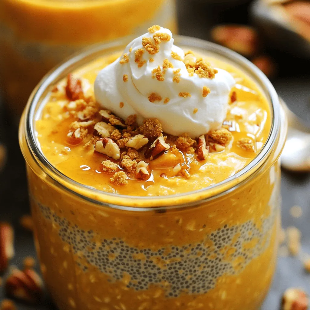 - 1 cup rolled oats - 1 cup almond milk (or any milk of your choice) - ½ cup canned pumpkin puree - 2 tablespoons maple syrup (or honey) - 1 teaspoon vanilla extract - 1 teaspoon pumpkin pie spice (or cinnamon) - ¼ teaspoon sea salt - 2 tablespoons chia seeds - Crushed graham crackers - Fluffy whipped cream - Chopped pecans or walnuts To make these easy pumpkin pie overnight oats, you need a few key ingredients. First, gather rolled oats and almond milk. These form the base. Then, add canned pumpkin puree to give it that fall flavor. Sweeten it up with maple syrup or honey, depending on your taste. A dash of vanilla extract boosts the flavor even more. Next, sprinkle in some pumpkin pie spice or cinnamon for warmth. A touch of sea salt balances the sweetness. Finally, chia seeds add nutrition and help thicken the mixture. For toppings, you can get creative! Crushed graham crackers add crunch. Fluffy whipped cream makes it feel special. Chopped pecans or walnuts give a nutty twist. Choose any combination you like to make your oats perfect. For the full recipe, check the section above. Enjoy your tasty creation! Start by gathering your ingredients. In a medium mixing bowl, combine the rolled oats, almond milk, pumpkin puree, maple syrup, vanilla extract, pumpkin pie spice, sea salt, and chia seeds. Mix everything together well. Stir vigorously until you have a creamy mixture. This step is key for a smooth texture. Next, taste your mixture. If you want it sweeter, add more maple syrup. Stir again to blend in the added sweetness. Make sure all the ingredients are well blended. This ensures every bite is delicious. Now, it's time to divide your pumpkin oats. Pour the mixture evenly into two jars or containers. Seal them tightly to keep the flavors in. Place the jars in the refrigerator. Let them chill overnight or for at least four hours. This waiting time helps the oats absorb the liquid and flavors. Enjoy your Easy Pumpkin Pie Overnight Oats in the morning! To achieve the best texture, use soaked oats. When you soak the oats, they absorb the almond milk and flavors. This makes them soft and creamy. Stir the mixture well before serving. This gives you a smooth and even consistency that is a joy to eat. Feel free to customize your oats! You can add fruits like banana or berries. Nuts like almonds or pecans also add a nice crunch. Adjust the spices to suit your taste. If you love cinnamon, add a bit more. This makes the oats even more delightful. Serving in clear jars makes your oats look great. You can see the layers and colors, which is fun! Garnish with a light sprinkle of pumpkin pie spice. This adds to the visual appeal and enhances the flavor. Enjoy your beautiful creation! {{image_4}} You can use different types of milk to change the flavor. Coconut milk gives a rich taste. Soy milk adds a creamy texture. Almond milk is light and nutty. Each milk type can change the oats' taste. If you prefer, try oat milk for a smooth blend. Adjust sweeteners based on your milk. Coconut milk may need less sugar, while soy milk can balance flavors well. You can swap sweeteners for different tastes. Brown sugar offers a deep, caramel flavor. Agave syrup is a great option for a lighter sweetness. If you want a healthy choice, use mashed bananas or dates. These natural sweeteners add flavor without extra sugar. Make sure to adjust the amount to your taste. Start with less and add more if needed. You can add seasonal flavors for a twist. In fall, try adding chopped apples or pecans. In winter, a dash of peppermint can be refreshing. You might also mix in chocolate chips for a sweet treat. For summer, fresh berries make a tasty addition. Each variation brings a new taste to your oats. Experiment to find your favorite! For the full recipe, check out the delightful pumpkin pie overnight oats. Store your pumpkin pie overnight oats in the fridge. They stay fresh for up to five days. The oats soak up the almond milk and flavors, making them creamy and tasty. After three days, check for any changes in smell or texture. If they smell odd, it’s best to toss them. You can freeze overnight oats if you want to keep them longer. Use freezer-safe containers. They will last about three months in the freezer. When you want to eat them, move the oats to the fridge for a night to thaw. You can also microwave them for a quick reheat. Just add a little almond milk to help them rehydrate. Choose airtight containers for the best storage. They keep your oats fresh and tasty. I recommend using jars with a lid. They are perfect for portion control. A pint-sized jar holds just the right amount for one serving. Plus, they make a fun presentation! You should let the oats soak for at least 4 hours. Overnight is best. This time allows the oats to absorb the milk and flavors. You will enjoy a creamier and softer texture. If you are in a rush, 4 hours will still work well. Yes, you can use instant oats. However, the texture will be different. Instant oats cook faster and become mushier. Rolled oats give a heartier bite and more chew. If you prefer a creamier base, instant oats will work. For a more filling meal, stick to rolled oats. You can top your oats with many delicious options. Try adding fresh fruit like bananas or berries. A sprinkle of cinnamon or nutmeg adds warmth. If you love crunch, add nuts or seeds. Chocolate chips can give a sweet twist. You can get creative with your toppings! This blog post covered all you need for amazing overnight oats. We explored key ingredients, preparation, and storage tips. You learned how to customize flavors and make each bowl special. Remember, using quality ingredients gives the best results. Enjoy your creamy oats with fun toppings! With these tips, you'll create delicious, healthy meals that delight. Try different variations to keep breakfast exciting. The possibilities are endless, so have fun with it!