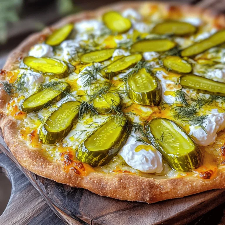 To make Dill Pickle Pizza with Spicy Honey, you need these key ingredients: - 1 pre-made pizza crust (store-bought or homemade) - 1 cup shredded mozzarella cheese - 1 cup dill pickles, sliced thin - 1/2 cup cream cheese, softened to room temperature - 1 tablespoon fresh dill, finely chopped - 1 tablespoon garlic powder - 2 tablespoons spicy honey (mix honey with a pinch of cayenne pepper or your favorite hot sauce) - Olive oil for drizzling - Salt and black pepper to taste These ingredients come together to create a unique and tasty pizza. The cream cheese will add a rich texture, while the dill pickles give a crunchy and tangy bite. You can customize your pizza with these optional ingredients: - Cooked bacon bits for added crunch - Sliced jalapeños for extra heat - Additional cheeses like cheddar or feta for depth of flavor - Fresh arugula or spinach for a fresh topping after baking These options allow you to tweak the recipe to suit your taste. Feel free to mix and match to find your perfect flavor! Make sure you have these tools handy for a smooth cooking process: - Baking sheet or pizza stone - Mixing bowl for the cream cheese mixture - Spatula for spreading the cream cheese - Knife for slicing the dill pickles - Oven for baking the pizza Having the right tools will make your cooking experience easier. You’ll be ready to whip up this delicious Dill Pickle Pizza with Spicy Honey in no time! For more details on the full recipe, check out the Full Recipe section. Start by mixing the cream cheese. You want it soft, so take it out first. In a bowl, combine the cream cheese, fresh dill, garlic powder, and a pinch of salt and black pepper. Mix it well until it is smooth. This cream cheese blend adds a nice base to the pizza. Next, grab your pre-made pizza crust. Spread the cream cheese mixture evenly over the crust. Leave a little space at the edge for the crust. Now, sprinkle the shredded mozzarella cheese on top. Make sure to cover all the cream cheese. After that, layer the thinly sliced dill pickles evenly over the cheese. The pickles bring a tangy flavor that pairs nicely with the cheese. Now it's time to bake! Preheat your oven to 450°F (230°C). Once it's hot, place your assembled pizza inside. Bake for about 12-15 minutes. Look for the cheese to be melted and slightly golden. When it’s done, take it out of the oven and drizzle spicy honey over the hot pizza. This sweet and spicy touch makes the pizza special. Let it cool for a minute, then slice and serve. Enjoy your unique dill pickle pizza with spicy honey! For the full recipe, check out the complete instructions above. The pizza crust is the base of your dish. A good crust makes all the difference. Here are some tips to help you: - Choose the Right Crust: Use a pre-made crust that you enjoy. If you prefer homemade, try a simple recipe. - Preheat Your Oven: Always preheat your oven to the right temperature. This helps the crust cook evenly. - Don’t Overwork the Dough: If making your own crust, handle the dough gently. Overworking makes it tough. - Add Olive Oil: Drizzling a little olive oil on your crust adds flavor and helps it crisp up. Melted cheese is key for a great pizza. You want it gooey and delicious. Here’s how: - Use Fresh Cheese: Always use fresh mozzarella for the best melt. Pre-shredded cheese has additives that can affect melting. - Layering Matters: Spread the cheese evenly. This ensures every bite has that wonderful cheesy goodness. - Baking Time: Keep an eye on your pizza while it bakes. You want it bubbly and a bit golden on top, without burning. Serving your pizza well elevates the meal. Here are some ideas: - Garnish with Fresh Dill: After baking, sprinkle some fresh dill on top for a pop of color and flavor. - Pair with Spicy Honey: Serve a small bowl of extra spicy honey on the side. This lets guests add their preferred heat. - Rustic Presentation: Place the pizza on a wooden board. It adds a cozy touch that makes it more inviting. - Include Sides: Pair it with a light salad or chips. This balances the flavors and adds crunch. {{image_4}} You can change up your dill pickle pizza with fun toppings. Try adding crispy bacon for a savory crunch. Pepperoni slices bring classic flavor. You can also add green olives for a briny kick. Feel free to mix in some fresh vegetables like bell peppers or red onions for added color and taste. Each topping can add a new twist to this unique pizza. While spicy honey is a star in this dish, other sauces can work well too. A tangy ranch dressing adds a creamy touch. You might enjoy a drizzle of sriracha for extra heat. If you love barbecue, try using that sauce instead. Each sauce can change the flavor profile and make your pizza even more exciting. Not everyone likes the same level of heat. You can easily adjust the spice in this recipe. For a milder version, use less spicy honey or skip the cayenne. If you love heat, add more spicy honey or sprinkle crushed red pepper on top. You can even mix in jalapeños for a fresh pop of flavor. Just remember, you control the spice! For more detailed guidance, check the Full Recipe to explore every delicious option. To keep your leftover dill pickle pizza fresh, wrap each slice in plastic wrap. This helps avoid dryness. You can also place slices in an airtight container. Store it in the fridge for up to three days. The pizza may lose some crunch but will still taste great! If you want to save your pizza for later, freezing works well. First, let the pizza cool completely. Then, wrap each slice tightly in foil or plastic wrap. Place the wrapped slices in a freezer bag. This will help keep the flavors locked in. Your pizza can last in the freezer for up to two months. To reheat your pizza, use the oven for the best taste. Preheat the oven to 375°F (190°C). Place the pizza slices on a baking sheet. Heat for about 10-15 minutes until warm. This method helps keep the crust crispy. You can also use a microwave, but the crust may get soft. If using the microwave, heat for 30 seconds at a time until warm. Enjoy your tasty leftovers! For the full recipe, check out the detailed instructions above. Dill pickle pizza stands out because of its bold flavors. The combination of cheese, pickles, and spicy honey creates a fun taste experience. The creamy texture from the cream cheese pairs well with the crunch of pickles. This pizza surprises many who try it, and they love it! The spicy honey adds a sweet kick to the dish, making each bite exciting. Yes, you can use a gluten-free crust if you need one. Many stores sell tasty gluten-free pizza crusts. You can also make your own at home using gluten-free flour. Just follow the same steps in the Full Recipe to get great results. Make sure to check that your other ingredients are also gluten-free, especially the cream cheese. Making spicy honey is easy! Just mix honey with a pinch of cayenne pepper or your favorite hot sauce. Start with a small amount, taste, then adjust to your liking. This blend adds a nice heat to the honey, making it perfect for drizzling over your pizza. You can also try adding chili flakes or sriracha for a different flavor twist. In this post, we explored making dill pickle pizza. We covered ingredients, with options for custom flavors. The step-by-step guide made assembly and baking easy. I shared tips for perfect crusts and cheese melts. We also discussed variations, like toppings and sauces. Finally, I explained how to store and reheat leftovers. Dill pickle pizza can excite your taste buds. Give it a try, and enjoy!