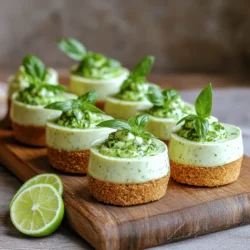 To make these No Bake Basil Lime Cheesecake Cups, gather the following: - Crust Ingredients: - 1 cup graham cracker crumbs - 4 tablespoons unsalted butter, melted - Cream Cheese Filling Components: - 2 cups cream cheese, softened to room temperature - 1 cup powdered sugar - 1/2 cup freshly squeezed lime juice (about 4 limes) - Zest of 2 limes - 1/2 cup heavy whipping cream, chilled - 1/4 cup fresh basil leaves, finely chopped - A pinch of salt - Suggested Garnishes: - Lime slices - Fresh basil leaves These ingredients create a bright and creamy dessert. The graham cracker crust offers a sweet crunch. The cream cheese filling balances tangy lime with fresh basil. You can find the Full Recipe for a detailed guide on how to put it all together. Start by mixing the graham cracker crumbs and melted butter in a bowl. Use your hand or a spoon to stir until the crumbs look like wet sand. This texture is key for a great crust. Next, take six serving cups and divide the crumb mixture evenly between them. Press the crumbs down firmly with your fingers or the back of a spoon. Make sure each cup has a compact and even layer. This crust will hold up the creamy cheesecake filling. For the filling, take a large bowl and add the softened cream cheese. Beat it with an electric mixer until smooth. You want a creamy texture with no lumps. Gradually add the powdered sugar, mixing until smooth. Then, pour in the fresh lime juice and zest. Add the finely chopped basil and a pinch of salt. Mix until everything is well combined. Now, whip the chilled heavy cream in a separate bowl until you see soft peaks form. This part is fun! Gently fold the whipped cream into the cream cheese mixture. Be soft here; you don’t want to lose the airiness. This step makes the cheesecake light and fluffy. Now, it's time to put everything together. Spoon the creamy cheesecake filling into the cups over the crust. Use a spatula to smooth the tops, so they look nice. Cover the cups with plastic wrap and place them in the fridge. Chill for at least 4 hours. This time helps the flavors meld and the cheesecake firm up. When ready, each cup will be a delightful treat bursting with flavor. For the full recipe, refer back to the beginning of the article. To get the best texture for your cheesecake cups, follow a few simple steps. First, make sure your cream cheese is at room temperature. This helps it blend smoothly. Next, when mixing the filling, beat it until there are no lumps. This gives a nice creamy texture. When you fold in the whipped cream, do it gently. This keeps the filling light and airy. Chilling is key for this recipe. After you assemble your cups, cover them and place them in the fridge. Allow at least four hours for them to set. The longer they chill, the better the flavors meld together. When it comes to serving, presentation makes a big difference. Use clear cups so guests can see the layers. This adds visual appeal. Place the cups on a wooden board or a bright tray. You can surround them with fresh mint or basil leaves and lime slices for extra color. These cheesecake cups are perfect for many occasions. Serve them at summer parties, barbecues, or even at family dinners. They are a refreshing treat that everyone will love. For a fun twist, pair them with fresh fruit or a drizzle of honey. This adds even more flavor and makes the dessert feel special. {{image_4}} You can change the crust to fit different diets. For a gluten-free option, use gluten-free cookies or almond flour. These will give you a tasty base without gluten. If you want to try a new flavor, use crushed vanilla cookies for a sweet twist. For the filling, you can switch herbs or add fruit. Instead of basil, try mint or cilantro for a fresh taste. If you love berries, add pureed strawberries or blueberries to the mix. This will give your cheesecake cups a fruity flair. These cheesecake cups are great on their own, but you can make them even better. Top them with fresh fruits like raspberries or mango slices. You can also drizzle honey or chocolate sauce on top for added sweetness. If you want to serve a crowd, make a larger batch. Just double the recipe and use a big dish. This way, everyone can enjoy a slice. For smaller servings, use mini cups or shot glasses. These ideas will keep your treats fun and fresh! To keep your cheesecake cups fresh, store them in the fridge. Use an airtight container or cover them with plastic wrap. This helps to keep the flavors locked in and prevents drying out. The cheesecake cups stay tasty for about 3 to 5 days. Always check for any signs of spoilage before eating. If you notice any change in smell or texture, it’s best to throw them out. You can freeze these cheesecake cups for longer storage. To do this, place them in a freezer-safe container. Make sure to wrap them well with plastic wrap to avoid freezer burn. They can last up to 2 months in the freezer. When ready to eat, take them out and let them thaw in the fridge overnight. This way, they maintain their creamy texture and bright flavor. Avoid reheating, as this can change the consistency. Enjoy your delightful treat whenever you wish! For the full recipe, refer to the recipe section above. Yes, you can change the herb for new flavors. Some great options include mint, thyme, or rosemary. Mint adds a fresh taste. Thyme gives a warm touch. Rosemary adds a hint of earthiness. Each herb brings its own twist to the cheesecake. Feel free to experiment with your favorite herbs. These cheesecake cups stay fresh for about 3 to 5 days in the fridge. Store them in an airtight container to keep them safe. If you notice any changes in smell or texture, it’s best to toss them. For the best taste, enjoy them within the first few days. You can serve these cheesecake cups with fresh fruit, like berries or mango slices. They pair well with whipped cream or a drizzle of honey. For drinks, try serving them with iced tea or lemonade. These additions make the dessert even more delightful. You can find the Full Recipe in this section for more ideas. These cheesecake cups combine creamy goodness with zesty lime and fresh basil. You learned how to craft the perfect crust and filling while exploring tasty variations. Remember, chilling time is key for the best flavor and texture. Try different herbs or fruits for a personal twist. Enjoy these desserts at any occasion or as a delightful treat any time. With proper storage, your creations can last days. Keep experimenting, and enjoy each refreshing bite!