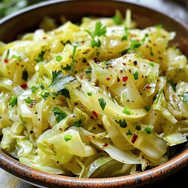 - 1 medium head of green cabbage, finely shredded - 4 cloves of garlic, minced - 2 tablespoons extra-virgin olive oil - 1 tablespoon unsalted butter - 1 teaspoon red pepper flakes (optional, for a spicy kick) - 2 tablespoons apple cider vinegar - Sea salt and freshly ground black pepper, to taste - Fresh parsley, finely chopped (for garnish) You can add a few ingredients to boost flavor. Consider using: - 1 small onion, thinly sliced - 1 tablespoon soy sauce for umami depth - 1 tablespoon lemon juice for brightness These options can make the dish more exciting! Garlic sautéed cabbage is both tasty and healthy. Here are some nutrition facts: - Calories: About 90 per serving - Fat: 7g (from olive oil and butter) - Carbohydrates: 8g - Fiber: 4g - Protein: 2g This dish is low in calories and rich in vitamins K and C. It can fit well in many diets. Enjoy a plateful without guilt! To start, gather your ingredients. You need: - 1 medium head of green cabbage, finely shredded - 4 cloves of garlic, minced - 2 tablespoons extra-virgin olive oil - 1 tablespoon unsalted butter - 1 teaspoon red pepper flakes (optional) - 2 tablespoons apple cider vinegar - Sea salt and freshly ground black pepper, to taste - Fresh parsley, finely chopped (for garnish) First, shred the cabbage into thin strips. Rinse it well under cold water. After rinsing, place it in a colander to drain. This keeps the cabbage crisp and fresh. Next, move to the stove. In a large skillet, add the olive oil and butter. Heat it over medium heat until it shimmers. This mix becomes your flavor base. Now, add the minced garlic. Sauté it for about one minute. Stir it continuously to release its aroma. Be careful not to let it brown. Burnt garlic can ruin the taste. Once the garlic smells amazing, increase the heat slightly. Add the shredded cabbage to the skillet. Use a spatula to stir it well. Make sure the cabbage gets coated with the garlic oil. If you like some heat, add the red pepper flakes. Then sprinkle in sea salt and black pepper. Cook the cabbage for 7 to 10 minutes. Stir it occasionally. You want it tender with a slight caramelization for sweetness. After the cabbage softens, pour in the apple cider vinegar. Stir it in well and cook for an extra 2 minutes. This lets the tangy flavor mix with the cabbage. When finished, remove the skillet from the heat. Taste it and adjust the seasoning if needed. Add more salt or pepper to suit your taste. Finally, garnish with chopped parsley before serving. To get the best sauté, keep these tips in mind: - Heat your skillet well before adding ingredients. This helps to sear nicely. - Stir often to cook evenly. This avoids burning and ensures flavor. - Don't overcook your cabbage. You want it tender but not mushy. - Use fresh garlic for the best taste. It adds a vibrant flavor. For the full recipe, refer to the earlier section. Enjoy your Garlic Sautéed Cabbage! When choosing cabbage, look for a firm head. It should feel heavy for its size. The leaves should be tightly packed and crisp. Avoid cabbage with brown spots or wilting leaves. Fresh cabbage has a bright green color. If you can, buy organic to skip harmful pesticides. One common mistake is overcooking the cabbage. It should be tender but still vibrant. Watch the garlic closely; burnt garlic tastes bitter. Also, don’t skip the vinegar; it brightens the dish. Adding seasonings too early can lead to a flat flavor. Wait until the cabbage is nearly done to adjust spices. To boost flavors, try adding a splash of lemon juice. It gives a nice zing to the dish. You can also mix in some soy sauce for a savory kick. If you like heat, increase the red pepper flakes. Fresh herbs like thyme or dill can add depth. For a sweet touch, toss in some cooked bacon or sautéed onions. For the complete recipe, check out the Full Recipe section. {{image_4}} You can make Garlic Sautéed Cabbage even heartier by adding protein. Chicken or shrimp works well. Just cook the protein first, then add the cabbage. You’ll get great flavor from the garlic and the meat. Tofu is a nice plant-based choice too. It soaks up the garlic flavor and adds a nice texture. Feel free to mix in other veggies. Carrots add sweetness and color. Bell peppers bring crunch and taste. You can also add kale or spinach for extra nutrients. They cook down quickly and pair well with cabbage. Just remember to adjust cooking time based on what you use. Experiment with spices to change the flavor. Soy sauce adds a salty depth. A splash of lemon juice brightens the dish. You might even try a bit of smoked paprika for a smoky touch. Fresh herbs like thyme or dill can also elevate the taste. Get creative and find what you love best! For the full recipe, check out the Garlic Sautéed Cabbage Delight. To keep your garlic sautéed cabbage fresh, let it cool first. Then, place it in an airtight container. This helps prevent moisture loss and keeps it tasty. Store it in the fridge for up to three days. If you notice any off smells or colors, it’s best to toss it. When you're ready to enjoy your leftovers, you can reheat them easily. The best way is to use a skillet. Heat a small amount of olive oil over medium heat. Add the cabbage and stir until it warms through. This keeps the texture nice. You can also use the microwave; just cover it to avoid dryness. Heat in short bursts, stirring often. If you want to save the garlic sautéed cabbage for later, freezing is a great option. First, let it cool completely. Then, pack it tightly in a freezer-safe bag or container. Remove as much air as possible to prevent freezer burn. This dish can last up to three months in the freezer. When you’re ready to eat, thaw it in the fridge overnight and reheat as mentioned above. The best type of cabbage for sautéing is green cabbage. It has a crisp texture and a mild flavor. This variety cooks well and becomes tender quickly. You can also use Napa cabbage, which is softer and has a sweeter taste. Both types work great, so choose what you like best. Yes, you can use garlic powder if you don’t have fresh garlic. Use about 1/8 teaspoon of garlic powder for each clove. It will not have the same strong flavor, but it will still add a nice taste. Fresh garlic gives a better aroma and flavor, so try to use it when you can. To adjust the spiciness, you can add or reduce red pepper flakes. If you want it spicier, add more flakes. If you prefer it milder, leave them out entirely. You can also try adding some diced jalapeños or a dash of hot sauce to spice things up. Taste as you go to find your perfect heat level. This blog post covered key points about sautéing cabbage. We explored essential ingredients and optional extras for flavor. I shared tips for preparation and cooking, plus best practices for choosing cabbage. You learned variations to try, storage tips, and answers to common questions. Remember, simple changes can boost your dish. Enjoy experimenting with flavors and techniques to make your meals fun and tasty!