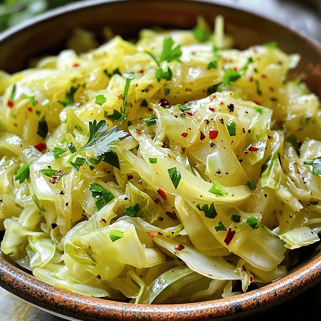 - 1 medium head of green cabbage, finely shredded - 4 cloves of garlic, minced - 2 tablespoons extra-virgin olive oil - 1 tablespoon unsalted butter - 1 teaspoon red pepper flakes (optional, for a spicy kick) - 2 tablespoons apple cider vinegar - Sea salt and freshly ground black pepper, to taste - Fresh parsley, finely chopped (for garnish) You can add a few ingredients to boost flavor. Consider using: - 1 small onion, thinly sliced - 1 tablespoon soy sauce for umami depth - 1 tablespoon lemon juice for brightness These options can make the dish more exciting! Garlic sautéed cabbage is both tasty and healthy. Here are some nutrition facts: - Calories: About 90 per serving - Fat: 7g (from olive oil and butter) - Carbohydrates: 8g - Fiber: 4g - Protein: 2g This dish is low in calories and rich in vitamins K and C. It can fit well in many diets. Enjoy a plateful without guilt! To start, gather your ingredients. You need: - 1 medium head of green cabbage, finely shredded - 4 cloves of garlic, minced - 2 tablespoons extra-virgin olive oil - 1 tablespoon unsalted butter - 1 teaspoon red pepper flakes (optional) - 2 tablespoons apple cider vinegar - Sea salt and freshly ground black pepper, to taste - Fresh parsley, finely chopped (for garnish) First, shred the cabbage into thin strips. Rinse it well under cold water. After rinsing, place it in a colander to drain. This keeps the cabbage crisp and fresh. Next, move to the stove. In a large skillet, add the olive oil and butter. Heat it over medium heat until it shimmers. This mix becomes your flavor base. Now, add the minced garlic. Sauté it for about one minute. Stir it continuously to release its aroma. Be careful not to let it brown. Burnt garlic can ruin the taste. Once the garlic smells amazing, increase the heat slightly. Add the shredded cabbage to the skillet. Use a spatula to stir it well. Make sure the cabbage gets coated with the garlic oil. If you like some heat, add the red pepper flakes. Then sprinkle in sea salt and black pepper. Cook the cabbage for 7 to 10 minutes. Stir it occasionally. You want it tender with a slight caramelization for sweetness. After the cabbage softens, pour in the apple cider vinegar. Stir it in well and cook for an extra 2 minutes. This lets the tangy flavor mix with the cabbage. When finished, remove the skillet from the heat. Taste it and adjust the seasoning if needed. Add more salt or pepper to suit your taste. Finally, garnish with chopped parsley before serving. To get the best sauté, keep these tips in mind: - Heat your skillet well before adding ingredients. This helps to sear nicely. - Stir often to cook evenly. This avoids burning and ensures flavor. - Don't overcook your cabbage. You want it tender but not mushy. - Use fresh garlic for the best taste. It adds a vibrant flavor. For the full recipe, refer to the earlier section. Enjoy your Garlic Sautéed Cabbage! When choosing cabbage, look for a firm head. It should feel heavy for its size. The leaves should be tightly packed and crisp. Avoid cabbage with brown spots or wilting leaves. Fresh cabbage has a bright green color. If you can, buy organic to skip harmful pesticides. One common mistake is overcooking the cabbage. It should be tender but still vibrant. Watch the garlic closely; burnt garlic tastes bitter. Also, don’t skip the vinegar; it brightens the dish. Adding seasonings too early can lead to a flat flavor. Wait until the cabbage is nearly done to adjust spices. To boost flavors, try adding a splash of lemon juice. It gives a nice zing to the dish. You can also mix in some soy sauce for a savory kick. If you like heat, increase the red pepper flakes. Fresh herbs like thyme or dill can add depth. For a sweet touch, toss in some cooked bacon or sautéed onions. For the complete recipe, check out the Full Recipe section. {{image_4}} You can make Garlic Sautéed Cabbage even heartier by adding protein. Chicken or shrimp works well. Just cook the protein first, then add the cabbage. You’ll get great flavor from the garlic and the meat. Tofu is a nice plant-based choice too. It soaks up the garlic flavor and adds a nice texture. Feel free to mix in other veggies. Carrots add sweetness and color. Bell peppers bring crunch and taste. You can also add kale or spinach for extra nutrients. They cook down quickly and pair well with cabbage. Just remember to adjust cooking time based on what you use. Experiment with spices to change the flavor. Soy sauce adds a salty depth. A splash of lemon juice brightens the dish. You might even try a bit of smoked paprika for a smoky touch. Fresh herbs like thyme or dill can also elevate the taste. Get creative and find what you love best! For the full recipe, check out the Garlic Sautéed Cabbage Delight. To keep your garlic sautéed cabbage fresh, let it cool first. Then, place it in an airtight container. This helps prevent moisture loss and keeps it tasty. Store it in the fridge for up to three days. If you notice any off smells or colors, it’s best to toss it. When you're ready to enjoy your leftovers, you can reheat them easily. The best way is to use a skillet. Heat a small amount of olive oil over medium heat. Add the cabbage and stir until it warms through. This keeps the texture nice. You can also use the microwave; just cover it to avoid dryness. Heat in short bursts, stirring often. If you want to save the garlic sautéed cabbage for later, freezing is a great option. First, let it cool completely. Then, pack it tightly in a freezer-safe bag or container. Remove as much air as possible to prevent freezer burn. This dish can last up to three months in the freezer. When you’re ready to eat, thaw it in the fridge overnight and reheat as mentioned above. The best type of cabbage for sautéing is green cabbage. It has a crisp texture and a mild flavor. This variety cooks well and becomes tender quickly. You can also use Napa cabbage, which is softer and has a sweeter taste. Both types work great, so choose what you like best. Yes, you can use garlic powder if you don’t have fresh garlic. Use about 1/8 teaspoon of garlic powder for each clove. It will not have the same strong flavor, but it will still add a nice taste. Fresh garlic gives a better aroma and flavor, so try to use it when you can. To adjust the spiciness, you can add or reduce red pepper flakes. If you want it spicier, add more flakes. If you prefer it milder, leave them out entirely. You can also try adding some diced jalapeños or a dash of hot sauce to spice things up. Taste as you go to find your perfect heat level. This blog post covered key points about sautéing cabbage. We explored essential ingredients and optional extras for flavor. I shared tips for preparation and cooking, plus best practices for choosing cabbage. You learned variations to try, storage tips, and answers to common questions. Remember, simple changes can boost your dish. Enjoy experimenting with flavors and techniques to make your meals fun and tasty!