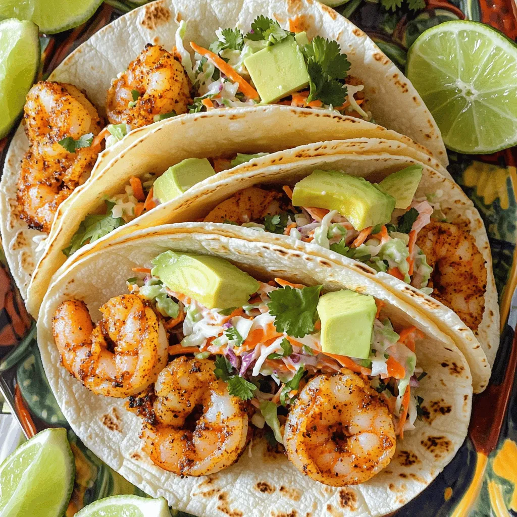 - Large shrimp: Use one pound of large shrimp. Make sure they are peeled and deveined. This makes them easier to cook and eat. Fresh shrimp is best, but frozen works too. Just thaw them before cooking. - Cajun seasoning: You can use store-bought Cajun seasoning for ease. If you prefer, make your own mix. Common spices include paprika, garlic powder, and cayenne pepper. Adjust the amount depending on how spicy you like your tacos. - Other essential ingredients: - 8 small corn tortillas: These are soft and perfect for holding the shrimp and toppings. - 1 cup slaw mix: A blend of cabbage and carrots adds crunch and flavor. - 1 avocado: Slice it thinly for a creamy texture that balances the spice. - Suggested toppings: Fresh cilantro adds a nice touch. A squeeze of lime gives a burst of flavor. You can also add chopped onions or diced tomatoes if you like. - Complementary side dishes: Serve your tacos with rice or beans. These sides are filling and keep the meal hearty. You can also add a simple salad for extra freshness. For the complete cooking steps, check the Full Recipe. To make tasty shrimp, start by marinating them. In a medium bowl, mix the shrimp with: - 2 tablespoons Cajun seasoning - 1 tablespoon olive oil - 1 teaspoon garlic powder - 1 teaspoon onion powder - 1/2 teaspoon smoked paprika - 1/4 teaspoon cayenne pepper (add more for heat) - Salt and black pepper to taste Toss the shrimp until they are covered in the spices. Let them sit for 15-20 minutes. This helps the flavors soak in. Next, heat a large skillet over medium-high heat. Add the marinated shrimp in a single layer. Cook for about 2-3 minutes on each side. The shrimp will turn pink and opaque when done. Remove from heat and set aside. Now, let’s warm the tortillas. Use a clean skillet on medium heat. Heat each corn tortilla for about 30 seconds on each side. They should be soft and pliable, not crispy. If you want to mix it up, try using flour tortillas or whole grain. Just follow the same warming steps. Time to put it all together! Take each warm tortilla and add a few pieces of cooked shrimp. Top with: - Slaw mix (cabbage and carrots) - Slices of fresh avocado - Chopped cilantro For extra flavor, squeeze fresh lime juice over each taco before serving. For the best look, serve the tacos on a bright platter. Add lime wedges on the side. A sprinkle of extra cilantro makes them pop. You can find the full recipe [here]. To make your Spicy Cajun Shrimp Tacos just right, adjust the spice level. If you like it mild, use less cayenne pepper. Start with a pinch, then taste. You can always add more. For those who love heat, feel free to add more cayenne or even fresh jalapeños. If you don’t have Cajun seasoning, you can mix spices at home. Use equal parts paprika, garlic powder, and onion powder. Add a little black pepper, thyme, and oregano. This blend gives you a great flavor base. Cooking shrimp can be tricky. To keep them juicy, don’t overcook them. Shrimp cook fast. When they turn pink and opaque, they are done. This usually takes only 2-3 minutes per side. For extra flavor, let the shrimp marinate. A 15-20 minute soak in spices helps. Always cook shrimp in a hot skillet. This gives them a nice sear and keeps them tender. If you follow these tips, your shrimp will be flavorful every time. You can find the full recipe to guide you through the process. {{image_4}} You can mix things up with different proteins in your tacos. Here are some fun ideas: - Fish: Try using white fish like tilapia or cod. Just season it like the shrimp and grill or pan-fry it. - Chicken: Grilled or shredded chicken works great too. Season it with the same Cajun spices for a kick. If you want to skip meat, there are tasty vegetarian options: - Roasted Veggies: Try bell peppers, zucchini, and corn. Roast them with a bit of oil and spices for added flavor. - Black Beans: These are hearty and packed with protein. Season them well to bring the taste alive. Homemade sauces can really elevate your tacos. Here are some great ideas: - Avocado Crema: Blend avocado, sour cream, lime juice, and salt for a creamy touch. - Spicy Mayo: Mix mayonnaise with sriracha for a spicy kick that pairs well with shrimp. Salsa can also enhance your taco experience. Consider these pairings: - Pico de Gallo: Fresh tomatoes, onions, cilantro, and lime make a zesty topping. - Mango Salsa: Sweet mango with onion and jalapeño adds a tropical twist. For a full guide on making Spicy Cajun Shrimp Tacos, check out the Full Recipe. To keep your leftover tacos fresh, first separate the shrimp from the tortillas. Store the shrimp in an airtight container in the fridge. It will stay good for up to two days. For the tortillas, wrap them in a clean towel or place them in a zip-top bag. This helps prevent them from drying out. - Best practices for shrimp storage: - Use an airtight container. - Keep in the fridge. - Consume within two days. - How to keep tortillas fresh: - Wrap in a towel. - Use a zip-top bag. - Store at room temperature if used within a few hours. When reheating, ensure the shrimp reaches a safe temperature. You can use a microwave or a skillet. Heat the shrimp gently. This keeps it juicy and flavorful. For the tortillas, warm them in a skillet for about 30 seconds on each side. This will bring back their softness. - Safe reheating methods for shrimp: - Microwave in short bursts. - Heat in a skillet over low heat. - Check that shrimp is hot throughout. - Reviving the tortillas for optimal taste: - Warm in a dry skillet. - Use medium heat for even warming. - Avoid overheating to keep them soft. You can use either store-bought or homemade Cajun seasoning. Store-bought options are easy and convenient. They come ready to use and have good flavor. Brands like Tony Chachere’s or Slap Ya Mama are popular choices. If you want to make your own, mix spices like paprika, garlic powder, onion powder, and cayenne. This lets you control the heat level. Making your own can add a unique touch to your tacos. Yes, you can prep these tacos ahead of time. Cook the shrimp and let them cool. Store them in an airtight container in the fridge. They stay fresh for about two days. Warm the shrimp in a skillet when you’re ready to eat. You can also prepare the slaw mix in advance. Just keep it covered until serving. This saves you time when you want a quick meal. These tacos pair well with various side dishes. Consider serving them with rice or black beans. These sides complement the shrimp's bold flavors. For drinks, try a light lager or a refreshing margarita. A cool drink balances the spice in the tacos. You can find the full recipe for these tacos in the earlier sections. Enjoy your cooking! In this post, I shared the key ingredients and steps for making Spicy Cajun Shrimp Tacos. We covered shrimp prep, seasoning options, and how to assemble the tacos perfectly. I also offered tips to adjust spice levels and suggested great toppings and sides. These tacos are not just tasty; they can also fit many diets. Experiment and make the recipe your own. Enjoy the fun of cooking and the flavors you create!