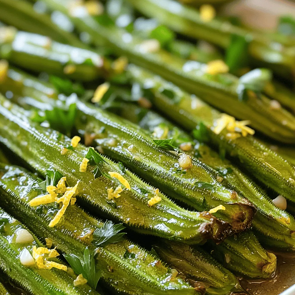 Let’s gather the ingredients needed for this delightful Lemon Herb Roasted Okra dish. Each item adds its unique touch to the flavor. - 1 pound fresh okra, trimmed and halved lengthwise - 2 tablespoons extra virgin olive oil - Zest and juice of 1 bright lemon - 2 cloves of garlic, finely minced - 1 teaspoon dried thyme - 1 teaspoon dried oregano - ½ teaspoon smoked paprika - Salt and freshly ground black pepper to taste - Fresh parsley, finely chopped (for garnish) Using fresh okra is key to this recipe. You want it to be firm and vibrant. The lemon zest and juice bring brightness, making the dish lively. Garlic adds depth, while thyme and oregano give it a warm, herbal note. Smoked paprika introduces a subtle smokiness, enhancing the overall flavor profile. Don't worry about the process. You’ll find it easy and fun to prepare. For the full recipe, check out the detailed instructions in the recipe section. First, you need to preheat your oven to 425°F (220°C). This high temperature is key for getting that crispy, golden finish on the okra. A hot oven helps the flavors blend and brings out the best in the ingredients. Next, grab your fresh okra. Trim the ends off and cut them in half lengthwise. This helps the okra cook evenly and allows the flavor to soak in. Make sure each piece is roughly the same size for the best results. In a large bowl, toss the cut okra with olive oil and seasonings. Add the lemon zest, lemon juice, minced garlic, dried thyme, dried oregano, smoked paprika, salt, and pepper. Mix it well so every piece is coated with the tasty blend. This step is crucial; it infuses the okra with flavor. Spread the okra in a single layer on a baking sheet. Leave space between each piece. This is important! If they touch, the okra will steam instead of roast, which makes them soggy. Roast them in the oven for 15-20 minutes. Halfway through, give the pan a light shake to ensure even cooking. Once the okra is tender and crispy on the edges, take it out of the oven. Let it cool for a couple of minutes. Before you serve, sprinkle some fresh parsley on top. This adds a nice pop of color and freshness to your dish. Enjoy your Lemon Herb Roasted Okra! You can find the Full Recipe for more details. To get the best flavor and texture from your okra, roast it in a single layer. This means spreading the okra pieces apart on the baking sheet. If they touch, some pieces will steam instead of roast. Roasting in a single layer helps each piece get that nice, crispy edge. Feel free to switch up the flavors based on your taste. You can add more garlic if you love it. A pinch of cayenne pepper adds a nice kick. If you prefer different herbs, try fresh basil or rosemary. Experiment with your favorite flavors to make this dish your own. Lemon herb roasted okra pairs well with many meals. Serve it as a side with grilled chicken or fish. It also goes great with rice or quinoa. You can enjoy it on its own as a tasty snack. Don’t hesitate to add a wedge of lemon to brighten up the flavors even more. For the full recipe, check out the details above. {{image_4}} You can boost the heat by adding cayenne pepper. Just a pinch can make a big difference. If you like it spicy, start with 1/4 teaspoon. Mix it into the okra with the other seasonings. This small change adds a nice kick without overpowering the lemon. Using fresh herbs is a great way to change the flavor. You can swap dried thyme and oregano for fresh ones. For example, use a tablespoon of fresh thyme or oregano instead. The taste will be brighter and more vibrant. Fresh herbs add a lovely touch to your dish. If you want to try something new, consider air frying or grilling the okra. Air frying gives you a crispy texture with less oil. Set your air fryer to 400°F and cook for about 10-12 minutes. Grilling adds a smoky flavor. Just toss the okra on a grill for about 5-7 minutes. Both methods keep the dish healthy and flavorful. For the full recipe, check out my detailed guide. Store leftover lemon herb roasted okra in an airtight container. This keeps it fresh and tasty. Place the container in the fridge. Eat the leftovers within three days for the best flavor. To reheat, use the oven or a skillet. The oven helps keep the okra crispy. Preheat your oven to 350°F (175°C). Bake for about 10 minutes. If using a skillet, heat it over medium heat. Add a little olive oil and warm the okra, stirring gently. This method keeps the flavor strong and the texture just right. You can freeze roasted okra for later. First, let it cool completely. Then, place the okra in a freezer-safe bag. Make sure to squeeze out as much air as you can. This helps prevent freezer burn. To thaw, place the bag in the fridge overnight. You can reheat it in the oven for a crispy finish. Enjoy this tasty treat any time! For the full recipe, check out the Lemon Herb Roasted Okra. Yes, you can use frozen okra. However, it may not get as crispy. Frozen okra often has extra moisture. This can lead to steaming instead of roasting. If you use frozen okra, thaw it first and pat it dry. This helps reduce moisture. Then, follow the same steps from the Full Recipe. You can use other oils like avocado or canola oil. These oils have mild flavors that won’t overpower the dish. Avocado oil has a high smoke point, making it great for roasting. Canola oil is another good option, as it’s light and neutral. Just remember, different oils can give a slight twist to the taste. This recipe is already vegan! It uses plant-based ingredients. The olive oil, okra, and spices are all vegan. If you want to add protein, consider serving it with chickpeas or quinoa. Both pair well with roasted okra. This way, you keep it plant-based and satisfying. Yes, roasted okra is healthy! It is low in calories and high in fiber. Fiber helps with digestion and keeps you full. Okra is also rich in vitamins A and C, which are good for your skin and immune system. Plus, roasting enhances the flavor without adding unhealthy fats. Enjoying this dish is a tasty way to eat your veggies! Roasting okra is simple and tasty. We covered ingredients, step-by-step cooking, and helpful tips. You can add your favorite spices or swap herbs for variety. Remember to store leftovers properly and reheat for the best taste. Exploring cooking methods like air frying can make it fun, too. Enjoy this healthy dish as a side or main meal. Embrace the joy of cooking and share your creations with others. Your okra journey starts now!
