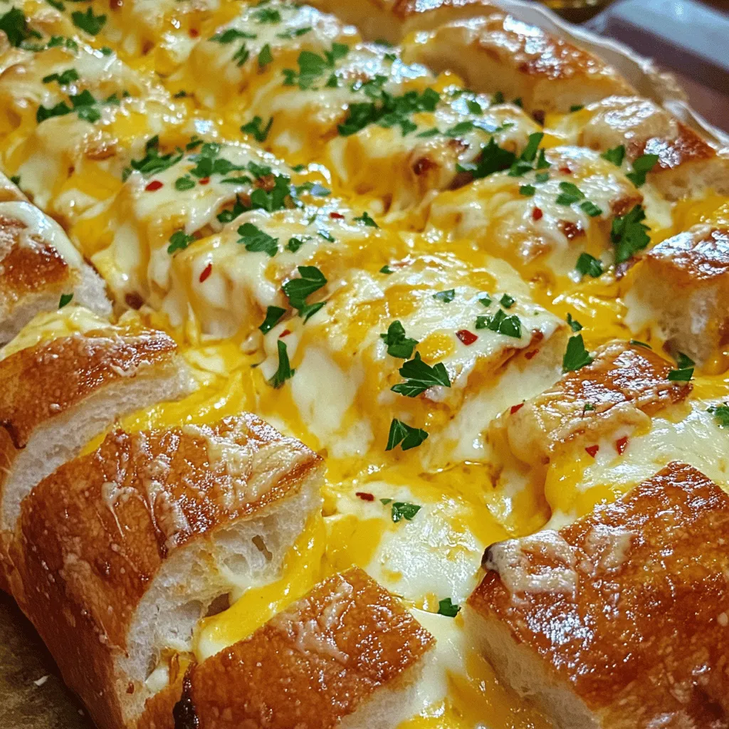 - 1 large loaf of artisanal bread (sourdough or ciabatta recommended) - 1 cup shredded mozzarella cheese - 1 cup shredded cheddar cheese - 4 tablespoons unsalted butter, melted - 3-4 cloves garlic, finely minced - 1 tablespoon fresh parsley, finely chopped - 1 teaspoon garlic powder - Salt and freshly ground black pepper to taste - ½ teaspoon red pepper flakes (optional) When you prepare cheesy pull apart garlic bread, quality matters. Choose a fresh loaf of bread. Sourdough or ciabatta gives the best flavor. For cheese, I recommend using brands like Galbani for mozzarella and Tillamook for cheddar. These brands melt well and taste great. If you have dietary needs, you can make swaps. Use gluten-free bread if you avoid gluten. For a dairy-free option, try vegan cheese. The taste may change a bit, but it can still be delicious! - Preheat oven to 375°F (190°C). - In a bowl, mix melted butter, minced garlic, garlic powder, parsley, salt, and pepper. To cut the loaf, use a serrated knife. Start by slicing down the center lengthwise. Then, make crosswise cuts to form a grid. It is key not to cut all the way through the bottom crust. This keeps the bread intact so you can pull it apart easily. The grid pattern helps the garlic butter soak in and the cheese melt perfectly. Lay the cut loaf flat on a piece of aluminum foil, shiny side up. This keeps the bread moist as it bakes. Generously drizzle the garlic butter into the cuts. Stuff the shredded mozzarella and cheddar into each crevice. Wrap the loaf snugly in foil and place it on a baking sheet. Bake the wrapped loaf for 15-20 minutes. This allows the cheese to melt and the bread to warm. After that, open the foil and bake for another 5-10 minutes. This will get the top golden brown and crispy. When done, let it cool slightly before serving. To get that perfect cheese melt, I recommend using a mix of mozzarella and cheddar. Mozzarella gives you that stretchy, gooey texture, while cheddar adds a sharp flavor that really shines. Use equal parts of both for the best result. Butter plays a big role in the flavor. It helps the cheese melt evenly and makes every bite rich and tasty. Don’t skip the butter; it’s key to making your bread irresistible! You can take your garlic bread to the next level with herbs and spices. Try adding fresh basil, oregano, or thyme to your garlic butter mix. This will add layers of flavor that everyone will love. Adjust the garlic levels based on your taste. If you love garlic, add more cloves! If you prefer a milder taste, stick to three or even two cloves. It’s all about what you enjoy! For a stunning presentation, serve your cheesy pull-apart bread on a wooden cutting board or a rustic platter. This makes it look great and fun to share. Dipping sauces are a must! Pair your bread with marinara sauce or herb-infused olive oil. These options not only taste great but also enhance the overall experience. For the full recipe, check out the details above! {{image_4}} You can change the cheese blend to create new flavors. Try using gouda or fontina for a rich taste. For a spicy twist, add jalapeños or a splash of hot sauce. This adds a kick that makes the bread even more fun. Mix and match until you find your favorite combo! If you need a gluten-free option, use gluten-free bread. Look for brands that hold up well when baked. For a vegan version, swap the cheese for your favorite plant-based cheese. Many brands now offer great choices that melt well. Use seasonal ingredients to give the bread a festive flair. In fall, add roasted pumpkin or sage. For winter holidays, sprinkle in some cranberries or rosemary. Pair with soups or salads that match the season for a complete meal. To keep your cheesy pull apart garlic bread fresh, wrap it tightly in plastic wrap or foil. This helps keep moisture in and air out. You can store it in the fridge for up to three days. When you want to enjoy it again, reheating is key. To reheat, place the wrapped bread in the oven at 350°F (175°C) for about 10-15 minutes. This warms it up and melts the cheese again, making it just as tasty. If you want to save some for later, freezing is a great option. You can freeze the bread before or after baking. To freeze before baking, wrap the loaf tightly in foil and place it in a freezer bag. This keeps out air and prevents freezer burn. For baking later, just remember to thaw it in the fridge overnight before baking. If you bake it first, let the bread cool completely. Wrap it well, then place it in a freezer bag. When you’re ready to eat it, thaw it in the fridge overnight. Reheat it in the oven at 350°F (175°C) for 15-20 minutes. This keeps the bread warm and delicious, just like the first time you made it. You can tell the bread is done when the cheese melts and the top is golden brown. The aroma of garlic and cheese fills the air. If you gently press the top, it should feel soft but not mushy. You can also insert a knife into the center. If it comes out clean, it’s ready! Yes, you can make this dish ahead of time. First, cut the bread and prepare the garlic butter mix. After that, brush the mix into the cuts. You can wrap the bread in foil and place it in the fridge. Bake it just before serving. This way, you save time and still enjoy warm, cheesy bread! For pull-apart garlic bread, I recommend using sourdough or ciabatta. These breads have a good crust and soft inside. They hold up well when cut and filled. Their texture allows all the flavors to soak in, making every bite a delight. To adjust the recipe, simply scale the ingredients. For smaller groups, use half of the loaf and halve the cheese and butter. For larger groups, double the ingredients. Make sure to adjust baking time if you use more than one loaf. Just keep an eye on the cheese melting! Yes, you can skip the garlic! Try using herbs like basil or rosemary instead. You can even add sun-dried tomatoes or olives for a twist. This way, you still get a tasty pull-apart bread without garlic. Experiment and find what you love! For the full recipe, check out the previous section! You learned how to make a tasty pull-apart garlic bread. Quality ingredients play a big role in the flavor. Pay attention to the cutting technique for the best results. Don’t forget to customize your bread with herbs and spices. Perfect for gatherings, it also freezes well. Use these tips to impress your guests or enjoy at home. With the right tweaks, this dish can fit any diet. Enjoy baking and sharing your delicious creation!