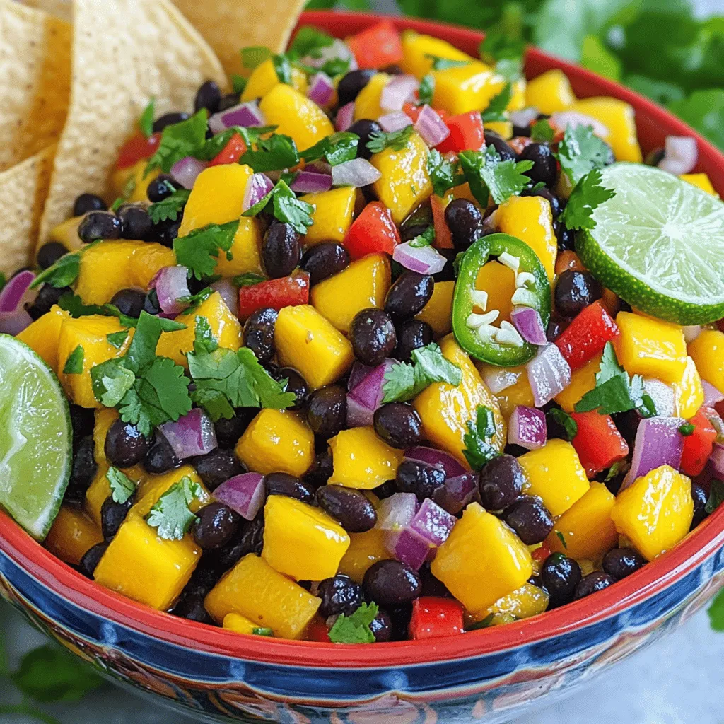 Mango Black Bean Salsa is a mix of flavors that’s fresh and bright. Here’s what you need for this tasty dish: - 2 ripe mangoes, peeled and diced - 1 can (15 oz) black beans, rinsed and drained - 1 red bell pepper, diced - 1 small red onion, finely chopped - 1 jalapeño pepper, deseeded and minced - 1/4 cup fresh cilantro, chopped - Juice of 2 limes, freshly squeezed - 1 tablespoon extra-virgin olive oil - Salt and pepper to taste Each ingredient brings its own taste. The mangoes add sweetness. Black beans give protein and texture. The red bell pepper adds crunch and color. Red onion gives a sharp note. Jalapeño adds a tiny kick. Fresh cilantro gives a burst of flavor. Lime juice adds brightness. Olive oil gives richness, while salt and pepper enhance all the tastes. Using fresh ingredients makes a big difference. You will notice vibrant colors and flavors in your salsa. Choose ripe mangoes for the best taste. I like to use fresh lime juice because it brightens everything. This salsa is perfect for parties, barbecues, or just a snack. Check out the Full Recipe to see how to put it all together! - Dice 2 ripe mangoes into small cubes. - Chop 1 red bell pepper into bite-sized pieces. - Finely chop 1 small red onion. - Mince 1 jalapeño pepper after removing the seeds. - Rinse and drain 1 can (15 oz) of black beans. - Roughly chop 1/4 cup of fresh cilantro. When you prepare these fresh ingredients, you set the stage for a tasty salsa. Each chopped piece adds color and flavor. Use a sharp knife to make your chopping easier. - In a large bowl, combine all the diced and chopped ingredients. - In a separate bowl, mix the dressing: juice of 2 limes, 1 tablespoon olive oil, salt, and pepper. Mixing the salsa is where the fun begins! Make sure to evenly distribute the ingredients for the best flavor in every bite. The zesty dressing will add a nice kick to the mix. - Drizzle the dressing over the salsa. - Gently toss everything together, being careful not to mash the mangoes. - Let the salsa rest for at least 15 minutes before serving. Tossing is key to a great salsa. You want to coat everything without squishing the mangoes. The resting time allows the flavors to blend and develop. After resting, the salsa will be ready to wow your guests. Enjoy this delicious treat with tortilla chips or as a topping for grilled dishes! For the full recipe, check out the complete guide above. You can switch black beans for chickpeas or kidney beans. Both work well in this salsa. If you want a new taste, try using mint or parsley instead of cilantro. These herbs give a fresh twist to the flavor. Let the salsa rest for at least 15 minutes. This helps all the tastes blend together. You can add spices like cumin or chili powder for extra heat. These spices bring a nice kick to the dish. Serve your salsa in a colorful bowl. This makes it more inviting. Add garnishes like cilantro leaves on top. You can also arrange lime wedges around the bowl. This adds brightness and a pop of color. For the full recipe, check out the delicious Mango Black Bean Salsa Delight! {{image_4}} Mango black bean salsa can change with the seasons. Adding avocados gives it a rich creaminess. The smooth texture of avocado pairs well with the fresh mango. You can also add corn for a touch of sweetness. Sweet corn adds a nice crunch that makes every bite exciting. This combo makes the salsa even more colorful and tasty. You can control the heat of your salsa by adjusting the jalapeño. If you want it mild, use less jalapeño. For more heat, try using a spicier pepper, like serrano. If you really love spice, add a habanero. Just be careful, as habaneros are much hotter! This way, you can make the salsa just right for your taste. I love to pair mango black bean salsa with grilled chicken or fish. The fresh flavors of the salsa brighten up the dish. You can also use it as a topping for tacos or burritos. It adds a fun twist to these meals. The colorful salsa makes any plate look beautiful, too. For the full experience, try it with tortilla chips for crunch! You can store your mango black bean salsa in the fridge. Use an airtight container. It will stay fresh for up to 3 days. Keep it away from strong-smelling foods. This prevents unwanted flavors from mixing. If you want to freeze salsa, know that it may change texture. Fresh salsa tastes best, but frozen can work in a pinch. Make sure to use a freezer-safe container. Label it with the date. This helps you track how long it’s been frozen. To use frozen salsa, thaw it in the fridge overnight. This keeps it safe and tasty. When ready to serve, stir it gently. This helps combine any separated liquids. For the best taste, add a squeeze of fresh lime juice before serving. Enjoy your salsa with chips or as a topping! Check the full recipe to make it from scratch. Mango black bean salsa is a fresh mix of sweet and savory flavors. It usually includes: - Ripe mangoes, peeled and diced - Black beans, rinsed and drained - Red bell pepper, diced - Red onion, finely chopped - Jalapeño pepper, deseeded and minced - Fresh cilantro, chopped - Lime juice for brightness - Olive oil, salt, and pepper for seasoning This salsa is vibrant and colorful, making it a perfect dip or topping. The sweetness of the mango balances the earthiness of the black beans, creating a delightful dish. Yes, you can use frozen mangoes! They are a time-saver and often prepped for you. However, there are some trade-offs: - Pros: Frozen mangoes are ready to use and may save you time. They are also available year-round. - Cons: Frozen mangoes can be mushy after thawing. Fresh mangoes have a better texture and flavor. If you choose frozen mangoes, let them thaw and drain excess water before adding to the salsa. Mango black bean salsa lasts about 3 days in the fridge. To keep it fresh, store it in an airtight container. Signs of freshness include: - Bright colors in the ingredients - No off smells - The mangoes still firm, not mushy If you notice any changes, it’s best to toss it out. Enjoy it while it’s fresh for the best taste! Absolutely! If you want a milder salsa, try these tips: - Remove the seeds and membranes from the jalapeño. This part holds most of the heat. - Use less jalapeño or swap it for a milder pepper, like a bell pepper. - Add more mango to balance the heat with sweetness. These easy changes let you enjoy the salsa without the burn! For the full recipe, check out the detailed instructions above. This blog post covered the key steps for making mango black bean salsa. You learned about the ingredients, preparation, mixing, and serving tips. Remember to add your unique twist with seasonal ingredients or herbs. Store leftover salsa wisely for the best taste. Enjoy the bright flavors and versatility of this dish. Now you can impress your friends and family with a fresh, delicious salsa!