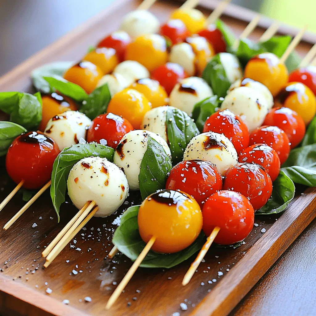 - Ripe cherry tomatoes - Fresh mozzarella balls (bocconcini) - Fresh basil leaves - Balsamic glaze - Sea salt - Black pepper - Bamboo or wooden skewers For Easy Caprese Skewers, you need fresh and simple ingredients. Start with ripe cherry tomatoes; they bring sweetness. Next, choose fresh mozzarella balls, known as bocconcini. These add creaminess to every bite. Fresh basil leaves are a must; their fragrant flavor balances the dish. A drizzle of balsamic glaze gives a sweet and tangy touch. Finally, season with sea salt and black pepper for extra taste. You’ll also need bamboo or wooden skewers to hold it all together. This recipe is quick and perfect for any gathering. For the full recipe, check the earlier section. Start by rinsing the cherry tomatoes and basil leaves under cold water. After washing, gently pat them dry with a clean paper towel. This helps remove extra moisture. For the mozzarella, you want to use fresh mozzarella balls, also known as bocconcini. They should be small and soft. Drain them from their liquid and let them sit for a bit. This keeps them from being too wet on the skewers. Now, it's time to make the skewers. Take a bamboo or wooden skewer and slide a cherry tomato onto it. Push it down to the bottom but leave room for more ingredients. Next, add a basil leaf, letting it rest just above the tomato. After that, add a fresh mozzarella ball, pushing it down to keep everything tight. Repeat this order—cherry tomato, basil leaf, mozzarella ball—until the skewer is filled. Aim for about 3-4 of each item. This creates a fun and colorful look. Once your skewers are complete, it's time for the finishing touches. Drizzle some balsamic glaze over the skewers for a sweet and tangy flavor. You can use as much or as little as you like. Finally, sprinkle a bit of sea salt and freshly cracked black pepper on top. This adds a nice touch of flavor. Arrange your skewers on a platter for a beautiful presentation that will surely impress your guests. For more details, check the Full Recipe. To make your skewers pop, arrange them neatly on a platter. Use a circular or diagonal layout. This draws the eye and adds flair. Adding small bowls of balsamic glaze on the side can enhance the look. Fresh basil leaves can also serve as a garnish. They add color and a delightful aroma. For extra taste, sprinkle a bit of garlic powder or Italian seasoning on the skewers. You can also try a drizzle of lemon juice for a zesty kick. If you want a different dressing, consider using pesto or a simple vinaigrette. These can add a new twist while keeping the dish light. These skewers are perfect for parties, picnics, or family gatherings. Serve them as a starter or alongside drinks. They pair well with white wine or sparkling water. For a complete spread, consider adding crunchy bread or olives. This mix will delight your guests and create a fun dining experience. {{image_4}} You can switch up the cheese for a fun twist. Try using feta or goat cheese instead of mozzarella. Both add a unique taste and texture. If you want more crunch, add fresh vegetables. Bell peppers or zucchini work great. They bring color and extra flavor to your skewers. For a Mediterranean twist, use olives and artichokes. These flavors will transport you to sunny shores. You can also create an Italian-inspired version. Use sun-dried tomatoes and pesto instead of basil. This gives your skewers a rich, bold taste. Think about the seasons when you choose your ingredients. In summer, ripe tomatoes and fresh basil shine. In winter, use roasted vegetables like squash or sweet potatoes. It's a great way to enjoy local produce, too. Choose what's fresh at your local market for the best flavor. For the full recipe, check out the details above. To store your assembled skewers, place them in a single layer in a shallow dish. Cover the dish tightly with plastic wrap. This keeps the skewers fresh for a day. Avoid stacking them, as this can crush the ingredients. To keep the cherry tomatoes and mozzarella fresh, store them in separate containers. Use airtight containers to lock in moisture. Basil leaves are best stored in a damp paper towel inside a bag. This helps them stay crisp. You can freeze the mozzarella and tomatoes for long-term storage. However, this may change their texture. I recommend using them in cooked dishes after thawing. If you have leftovers, you can repurpose them in salads or sandwiches. Simply chop up the skewers and mix them into your favorite dish. This way, nothing goes to waste, and you enjoy new meals! For the full recipe, check the earlier section. Yes, you can make Easy Caprese Skewers ahead of time. Prepare them a few hours before your event. Just store them in the fridge. Cover them with plastic wrap to keep them fresh. They taste great chilled or at room temperature. If you don’t have balsamic glaze, use balsamic vinegar. Mix it with a bit of honey or sugar to sweeten it. You can also try a simple olive oil and lemon juice mix. These options will still give you great flavor. To keep the mozzarella fresh, drain it well before using. Pat it dry with a paper towel. You can also choose mozzarella packed in oil instead of water. This keeps it firm and tasty on the skewers. Yes, Easy Caprese Skewers are naturally gluten-free. The main ingredients are fresh and safe for those on a gluten-free diet. Just make sure your balsamic glaze is gluten-free. Always check the labels to be sure. You’ve learned how to make delicious caprese skewers. We covered the key ingredients, step-by-step instructions, and helpful tips. Making these skewers is simple and fun, perfect for gatherings. Try adding your favorite flavors and ingredients. Customize them for any occasion. Whether it’s summer or winter, you can keep them fresh. Enjoy serving these tasty bites with friends and family!