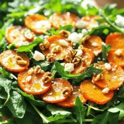 To make the honey roasted carrot salad, gather these key items: - 1 lb carrots, peeled and cut into thin strips - 2 tablespoons honey - 1 tablespoon olive oil - Salt and freshly ground black pepper, to taste - 4 cups mixed greens (a blend of arugula, spinach, or lettuce) - 1/4 cup feta cheese, crumbled - 1/4 cup walnuts, lightly toasted and roughly chopped - 2 tablespoons apple cider vinegar - Fresh parsley, finely chopped for garnish You can add your own twist to this salad with these options: - Fresh herbs like mint or dill for extra flavor - Dried fruits like cranberries or apricots for sweetness - Different nuts, such as pecans or almonds, for crunch - Grains like quinoa or farro for added texture This salad is not only tasty but also good for you. Here’s what you get per serving: - Calories: About 250 - Protein: 6g - Carbohydrates: 28g - Dietary Fiber: 5g - Sugars: 10g - Fat: 12g (mostly from walnuts and olive oil) - Vitamins: High in Vitamin A from carrots and Vitamin K from greens This information helps you track your nutrition while enjoying a fresh and flavorful dish. For the full recipe, check the detailed instructions. First, preheat your oven to 400°F (200°C). This temperature helps the carrots roast perfectly. Next, take one pound of peeled carrots and cut them into thin strips. In a large bowl, mix the carrot strips with two tablespoons of honey, one tablespoon of olive oil, and a pinch of salt. Add a few cracks of black pepper, too. Toss everything well until the carrots are coated in the sweet mix. Lay the carrots flat on a baking sheet in a single layer. This helps them roast evenly. Roast for 20-25 minutes. Stir halfway through for even cooking. When done, the carrots should be tender and caramelized. While the carrots roast, prepare the salad base. In a large bowl, add four cups of mixed greens. You can use arugula, spinach, or lettuce. Drizzle two tablespoons of apple cider vinegar over the greens. Add a pinch of salt and toss gently. This adds flavor and brightens the greens. Set the bowl aside until the carrots are ready. Once the carrots are roasted, take them out of the oven and let them cool for a few minutes. Then, fold the warm carrots into the bowl of mixed greens. Sprinkle 1/4 cup of crumbled feta cheese and 1/4 cup of roughly chopped walnuts on top. These add creaminess and crunch. Gently toss all the ingredients until they mix well. Taste the salad and adjust the seasoning if needed. For a finishing touch, sprinkle freshly chopped parsley over the salad. This adds color and freshness. Serve in individual bowls or on a large platter. Drizzling a bit of honey on top makes it look even better. For more details, check the Full Recipe. To get the best roasted carrots, start with fresh, firm carrots. Choose bright orange ones. Cut them into thin strips for even cooking. This helps them get tender and sweet. Always toss them in honey and olive oil before roasting. Use just enough salt and pepper to add flavor but not overpower it. Roast at 400°F (200°C) and check after 20 minutes. They should be caramelized and soft but not mushy. Stir them halfway for even browning. A simple dressing elevates your honey roasted carrot salad. Try mixing olive oil and apple cider vinegar for a fresh taste. You can also add a touch of mustard for zing. If you like creamy dressings, consider yogurt mixed with lemon juice. This gives a nice contrast to the sweet carrots. For a fun twist, use tahini with lemon juice and garlic. This adds depth and a nutty flavor to your salad. Presentation matters in making your salad inviting. Serve it in individual bowls or on a large platter for sharing. Layer the mixed greens first, then add the warm carrots on top. Sprinkle feta cheese and walnuts last for a beautiful finish. You can also drizzle extra honey over the salad for a shiny look. For a pop of color, add fresh parsley on top. This makes your salad not just tasty but also a feast for the eyes. Check the Full Recipe for complete details. {{image_4}} You can mix things up based on the season. In spring, add peas for sweetness. In fall, try roasted sweet potatoes for a heartier touch. For summer, use fresh corn for a burst of flavor. Each swap brings a new twist to your honey roasted carrot salad. If you want to boost protein, consider adding grilled chicken or chickpeas. Grilled shrimp also pairs well with the sweet carrots. For a vegetarian option, try adding black beans or lentils. These additions make the salad more filling and satisfying. While the apple cider vinegar is great, you can try different dressings. A tahini dressing adds creaminess. A balsamic glaze gives a rich flavor. You can also top the salad with seeds like pumpkin or sunflower for extra crunch. Each option creates a unique taste experience. For the full recipe, check out the Honey Roasted Carrot Salad. To keep your leftover salad fresh, place it in an airtight container. Make sure to separate the roasted carrots from the greens. This helps prevent sogginess. Store the salad in the fridge for up to three days. When you're ready to eat it, combine the carrots and greens again. To keep your ingredients fresh, follow these tips: - Store carrots in a cool, dark place or in the fridge. - Use a damp paper towel to wrap them for extra moisture. - Keep feta cheese in its brine or in a sealed container. - Store walnuts in the fridge to prevent them from going stale. These steps help ensure your salad tastes great every time. If you want to enjoy warm carrots again, reheating is easy. Preheat your oven to 350°F (175°C). Spread the carrots on a baking sheet. Heat them for about 10-15 minutes, or until warm. You can also microwave them for about 30 seconds if you’re in a hurry. Just be careful not to overheat. Enjoy those tasty carrots! For the full recipe, check out the Honey Roasted Carrot Salad. You can use goat cheese or ricotta for a creamy touch. Both add a nice flavor. If you want a dairy-free option, try marinated tofu. Crumbled avocado also works well. These choices will give your salad a different yet tasty vibe. Yes, you can prepare parts of the salad ahead of time. Roast the carrots and store them in the fridge for up to three days. Keep the mixed greens and other toppings separate until serving. This way, your salad stays fresh and crisp. Just toss everything together right before you eat. To make the salad vegan, omit the feta and use a plant-based cheese. You can also skip honey and choose maple syrup instead. This keeps the sweetness while making it vegan. The rest of the ingredients will still taste great together. Enjoy a fresh and vibrant dish that everyone can love! For the full recipe, check out the detailed instructions provided. This blog post covered every step to make a great roasted carrot salad. We discussed key ingredients, step-by-step roasting, and tips for perfect results. You learned how to customize the salad and make it your own. Don’t forget storage tips and how to answer common questions. With this guide, you can impress your friends and family with a refreshing dish. Enjoy your cooking and have fun creating your perfect salad!