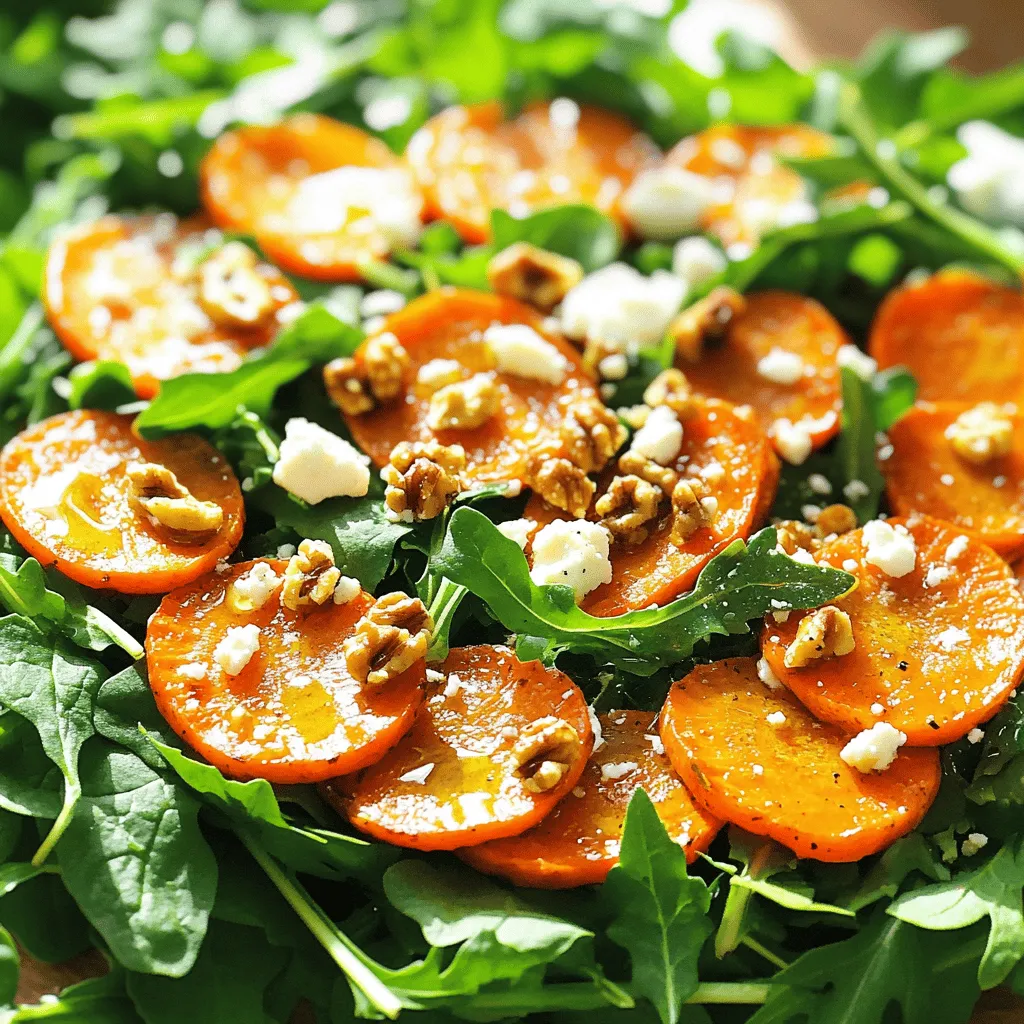 To make the honey roasted carrot salad, gather these key items: - 1 lb carrots, peeled and cut into thin strips - 2 tablespoons honey - 1 tablespoon olive oil - Salt and freshly ground black pepper, to taste - 4 cups mixed greens (a blend of arugula, spinach, or lettuce) - 1/4 cup feta cheese, crumbled - 1/4 cup walnuts, lightly toasted and roughly chopped - 2 tablespoons apple cider vinegar - Fresh parsley, finely chopped for garnish You can add your own twist to this salad with these options: - Fresh herbs like mint or dill for extra flavor - Dried fruits like cranberries or apricots for sweetness - Different nuts, such as pecans or almonds, for crunch - Grains like quinoa or farro for added texture This salad is not only tasty but also good for you. Here’s what you get per serving: - Calories: About 250 - Protein: 6g - Carbohydrates: 28g - Dietary Fiber: 5g - Sugars: 10g - Fat: 12g (mostly from walnuts and olive oil) - Vitamins: High in Vitamin A from carrots and Vitamin K from greens This information helps you track your nutrition while enjoying a fresh and flavorful dish. For the full recipe, check the detailed instructions. First, preheat your oven to 400°F (200°C). This temperature helps the carrots roast perfectly. Next, take one pound of peeled carrots and cut them into thin strips. In a large bowl, mix the carrot strips with two tablespoons of honey, one tablespoon of olive oil, and a pinch of salt. Add a few cracks of black pepper, too. Toss everything well until the carrots are coated in the sweet mix. Lay the carrots flat on a baking sheet in a single layer. This helps them roast evenly. Roast for 20-25 minutes. Stir halfway through for even cooking. When done, the carrots should be tender and caramelized. While the carrots roast, prepare the salad base. In a large bowl, add four cups of mixed greens. You can use arugula, spinach, or lettuce. Drizzle two tablespoons of apple cider vinegar over the greens. Add a pinch of salt and toss gently. This adds flavor and brightens the greens. Set the bowl aside until the carrots are ready. Once the carrots are roasted, take them out of the oven and let them cool for a few minutes. Then, fold the warm carrots into the bowl of mixed greens. Sprinkle 1/4 cup of crumbled feta cheese and 1/4 cup of roughly chopped walnuts on top. These add creaminess and crunch. Gently toss all the ingredients until they mix well. Taste the salad and adjust the seasoning if needed. For a finishing touch, sprinkle freshly chopped parsley over the salad. This adds color and freshness. Serve in individual bowls or on a large platter. Drizzling a bit of honey on top makes it look even better. For more details, check the Full Recipe. To get the best roasted carrots, start with fresh, firm carrots. Choose bright orange ones. Cut them into thin strips for even cooking. This helps them get tender and sweet. Always toss them in honey and olive oil before roasting. Use just enough salt and pepper to add flavor but not overpower it. Roast at 400°F (200°C) and check after 20 minutes. They should be caramelized and soft but not mushy. Stir them halfway for even browning. A simple dressing elevates your honey roasted carrot salad. Try mixing olive oil and apple cider vinegar for a fresh taste. You can also add a touch of mustard for zing. If you like creamy dressings, consider yogurt mixed with lemon juice. This gives a nice contrast to the sweet carrots. For a fun twist, use tahini with lemon juice and garlic. This adds depth and a nutty flavor to your salad. Presentation matters in making your salad inviting. Serve it in individual bowls or on a large platter for sharing. Layer the mixed greens first, then add the warm carrots on top. Sprinkle feta cheese and walnuts last for a beautiful finish. You can also drizzle extra honey over the salad for a shiny look. For a pop of color, add fresh parsley on top. This makes your salad not just tasty but also a feast for the eyes. Check the Full Recipe for complete details. {{image_4}} You can mix things up based on the season. In spring, add peas for sweetness. In fall, try roasted sweet potatoes for a heartier touch. For summer, use fresh corn for a burst of flavor. Each swap brings a new twist to your honey roasted carrot salad. If you want to boost protein, consider adding grilled chicken or chickpeas. Grilled shrimp also pairs well with the sweet carrots. For a vegetarian option, try adding black beans or lentils. These additions make the salad more filling and satisfying. While the apple cider vinegar is great, you can try different dressings. A tahini dressing adds creaminess. A balsamic glaze gives a rich flavor. You can also top the salad with seeds like pumpkin or sunflower for extra crunch. Each option creates a unique taste experience. For the full recipe, check out the Honey Roasted Carrot Salad. To keep your leftover salad fresh, place it in an airtight container. Make sure to separate the roasted carrots from the greens. This helps prevent sogginess. Store the salad in the fridge for up to three days. When you're ready to eat it, combine the carrots and greens again. To keep your ingredients fresh, follow these tips: - Store carrots in a cool, dark place or in the fridge. - Use a damp paper towel to wrap them for extra moisture. - Keep feta cheese in its brine or in a sealed container. - Store walnuts in the fridge to prevent them from going stale. These steps help ensure your salad tastes great every time. If you want to enjoy warm carrots again, reheating is easy. Preheat your oven to 350°F (175°C). Spread the carrots on a baking sheet. Heat them for about 10-15 minutes, or until warm. You can also microwave them for about 30 seconds if you’re in a hurry. Just be careful not to overheat. Enjoy those tasty carrots! For the full recipe, check out the Honey Roasted Carrot Salad. You can use goat cheese or ricotta for a creamy touch. Both add a nice flavor. If you want a dairy-free option, try marinated tofu. Crumbled avocado also works well. These choices will give your salad a different yet tasty vibe. Yes, you can prepare parts of the salad ahead of time. Roast the carrots and store them in the fridge for up to three days. Keep the mixed greens and other toppings separate until serving. This way, your salad stays fresh and crisp. Just toss everything together right before you eat. To make the salad vegan, omit the feta and use a plant-based cheese. You can also skip honey and choose maple syrup instead. This keeps the sweetness while making it vegan. The rest of the ingredients will still taste great together. Enjoy a fresh and vibrant dish that everyone can love! For the full recipe, check out the detailed instructions provided. This blog post covered every step to make a great roasted carrot salad. We discussed key ingredients, step-by-step roasting, and tips for perfect results. You learned how to customize the salad and make it your own. Don’t forget storage tips and how to answer common questions. With this guide, you can impress your friends and family with a refreshing dish. Enjoy your cooking and have fun creating your perfect salad!