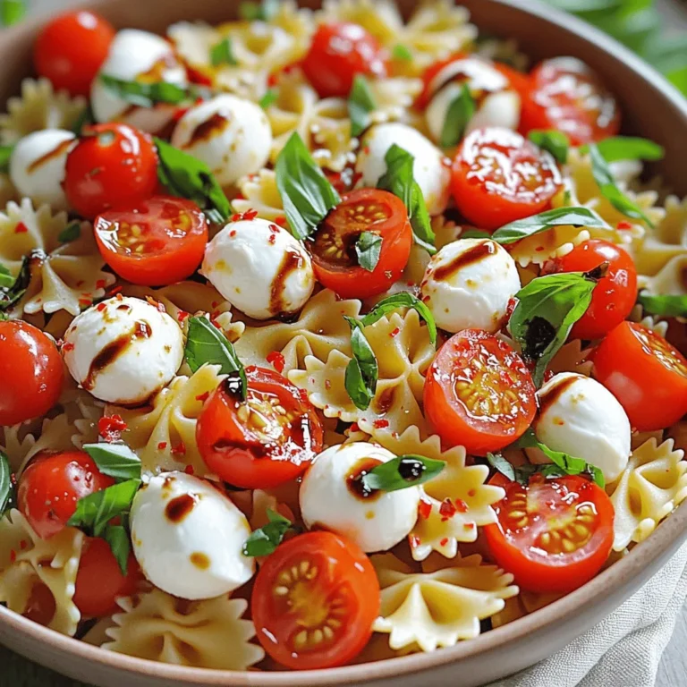 - 8 oz. pasta (fusilli or bowtie) - 1 cup cherry tomatoes - 1 cup fresh mozzarella balls - 1/2 cup fresh basil leaves - 1/4 cup extra virgin olive oil - 2 tablespoons balsamic glaze - 1 clove garlic - Salt and freshly ground black pepper - 1/4 teaspoon red pepper flakes (optional) To make Caprese Pasta Salad, start with fresh and quality ingredients. The pasta serves as the base. I love using fusilli or bowtie for their fun shapes. They hold the dressing well and add a playful twist. Next, cherry tomatoes bring sweetness and color. Halve them for easy bites. Fresh mozzarella balls add creaminess. They should be drained well, or they can make the salad watery. Basil is a must. It adds a bright, herbal note. Tear it roughly to release its oils. Extra virgin olive oil is my go-to for richness. It balances the salad perfectly. Balsamic glaze adds a sweet tang that ties everything together. For seasoning, garlic gives a punch of flavor. Use fresh for the best taste. Salt and black pepper enhance all the other flavors. If you want a kick, add red pepper flakes. They are optional but can elevate the dish. These ingredients create a fresh and flavorful delight. You can find the Full Recipe below to guide you through each step. - Bring a large pot of salted water to a rolling boil. - Add 8 oz. of pasta, like fusilli or bowtie. - Cook according to package instructions until al dente. - Drain the pasta using a colander. - Rinse under cold water to stop cooking. - In a small bowl, mix 1/4 cup of olive oil and 1 clove of minced garlic. - Add 2 tablespoons of balsamic glaze and a pinch of salt and pepper. - Whisk until everything blends well. - In a large bowl, combine the cooled pasta, 1 cup of halved cherry tomatoes, and 1 cup of mozzarella balls. - Add 1/2 cup of torn basil leaves. - Toss the ingredients gently until mixed. - Drizzle your dressing over the salad mixture. - Use a spatula to toss the salad so each piece gets coated. - Taste the salad and adjust seasoning as needed. - Cover the bowl with plastic wrap to chill in the fridge. - Let it sit for at least 30 minutes for better flavor. - Serve in a large, colorful bowl for a bright look. - Garnish with extra basil leaves for flair. - Drizzle more balsamic glaze just before serving for an elegant touch. You can find the complete recipe in the [Full Recipe]. Choosing the right pasta makes a big difference. I recommend using fusilli or bowtie pasta. These shapes hold the dressing well. They also catch the tomatoes and cheese nicely. You want a pasta that adds texture to the salad. Avoid thin pastas like spaghetti, as they do not mix well with other ingredients. Fresh ingredients are key to this dish. Use ripe cherry tomatoes for the best flavor. Fresh mozzarella should be soft and creamy. Look for mozzarella balls, known as bocconcini, for a delightful bite. Fresh basil brings a bright aroma and taste. Always select the freshest items. They truly make your salad shine. Don’t be afraid to play with flavors! Taste the salad after you mix it. You might want more salt or pepper. Balsamic glaze can add sweetness; add more if you like it. Red pepper flakes give a spicy kick. Adjust these ingredients to match your taste. Cooking is about finding what you love! {{image_4}} When making Caprese Pasta Salad, you can switch things up in fun ways. Here are some great ideas! Want to add protein to your salad? Grilled chicken or shrimp works well. Both choices give a nice flavor boost. For chicken, grill it until it’s fully cooked and slice it. For shrimp, cook until they turn pink. Toss either into the salad for a hearty meal. If you're looking for vegetarian options, try using different cheese or pasta types. Vegan cheese can replace mozzarella. For pasta, consider zoodles, made from zucchini. They are low in carbs and still tasty. This way, you keep the fresh flavors alive while making it fit your diet. Using seasonal vegetables can enhance your salad. In summer, add sweet corn or bell peppers. In fall, try roasted butternut squash or kale. These veggies add color and flavor. As the seasons change, so can your Caprese Pasta Salad! Check the Full Recipe to explore all these variations. To keep your Caprese Pasta Salad fresh, store it in the fridge. Use an airtight container to seal in flavor. It can last for up to three days. If you want to preserve the taste, avoid mixing the dressing until you're ready to serve. This keeps the pasta from getting soggy. Freezing Caprese Pasta Salad is not ideal, but you can do it. If you want to freeze it, separate the pasta and fresh ingredients first. Place the pasta in a freezer bag. Store the tomatoes, mozzarella, and basil in a separate container. When ready to eat, thaw in the fridge overnight. This keeps the salad as fresh as possible. Enjoying leftovers is easy. If you have frozen pasta, simply reheat it in hot water. For the rest of the ingredients, add them fresh after reheating the pasta. You can also drizzle some olive oil for extra flavor. Eating it cold is great too! Just toss everything together after thawing. You can keep your Caprese Pasta Salad in the fridge for about three days. After that, the flavors may fade. Store it in an airtight container to keep it fresh. Yes, you can use dried herbs if fresh ones are not available. Use about one-third of the amount. Dried herbs are stronger, so start small and adjust to taste. If you need a substitute for mozzarella cheese, try burrata or feta. Both add a creamy texture. You can also use vegan cheese for a dairy-free option. Caprese Pasta Salad is not gluten-free if you use regular pasta. However, you can use gluten-free pasta made from rice or corn. This way, everyone can enjoy it. Fusilli and bowtie pasta are the best types for this salad. Their shapes hold onto the dressing and ingredients well. This adds flavor to every bite. To make it ahead of time, prepare the salad and dressing separately. Combine them a few hours before serving. This keeps the pasta firm and fresh. You can find the Full Recipe online for more details. Caprese pasta salad is quick and easy to make. You combine pasta, fresh veggies, and cheese for a bright dish. The steps of cooking, dressing, and assembling are simple. Fresh ingredients and seasonings make all the difference. You can also add protein or seasonal veggies for variety. Enjoy your salad immediately or store leftovers for later. Whether for a picnic or dinner, this salad is a winner. You'll impress everyone with your cooking skills and tasty dish.
