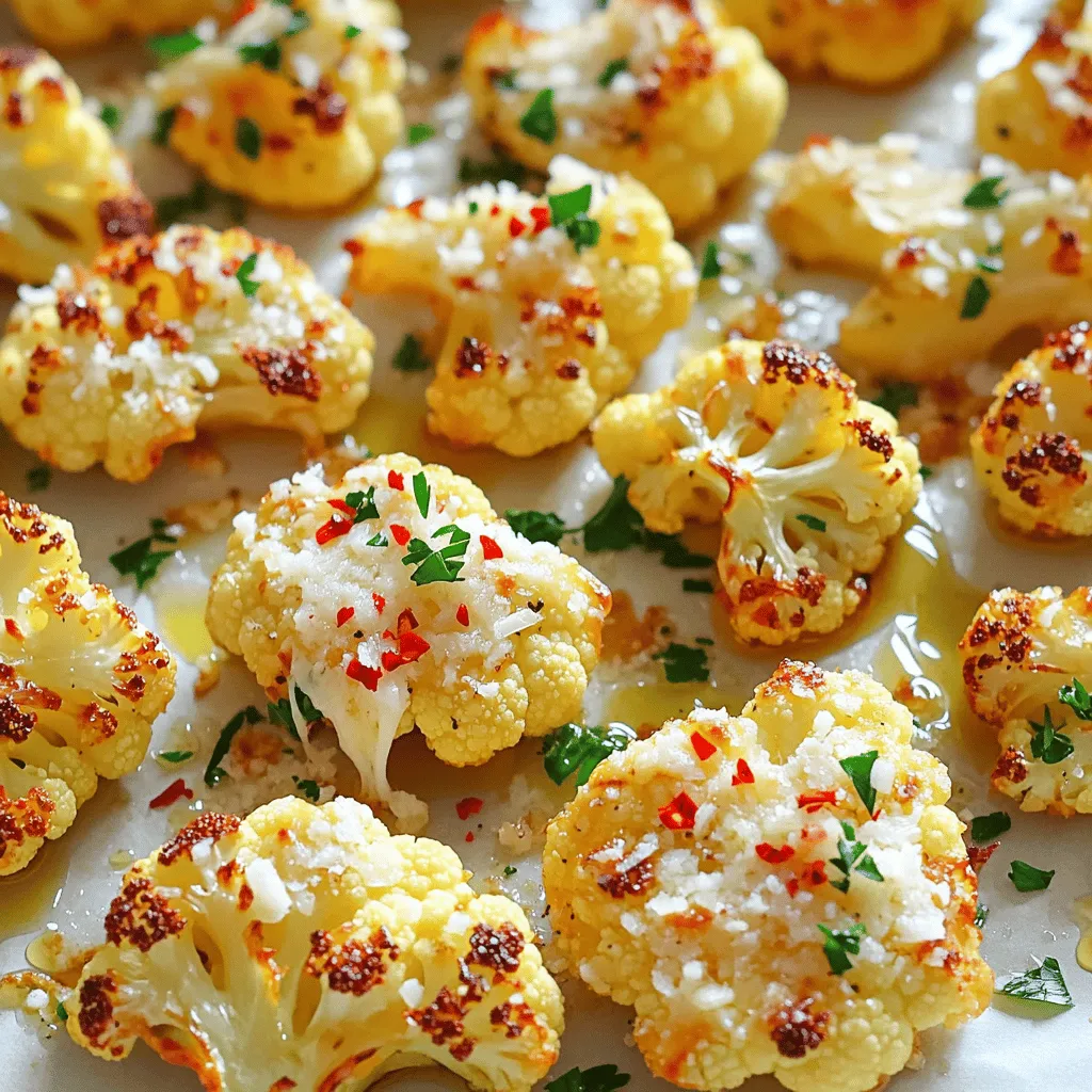 To make Garlic Parmesan Roasted Cauliflower, you need a few simple ingredients. Here’s what you will need: - 1 large head of cauliflower, cut into bite-sized florets - 4 tablespoons extra virgin olive oil - 4 cloves garlic, finely minced - 1/2 teaspoon red pepper flakes (optional) - 1/2 cup freshly grated Parmesan cheese - 1 teaspoon dried Italian herbs - Salt and freshly ground black pepper to taste - Fresh parsley, finely chopped (for garnish) These ingredients come together to create a dish that bursts with flavor. The garlic gives a strong aroma, while the Parmesan adds a rich, savory taste. If you enjoy a little heat, the red pepper flakes are a great choice. They give this dish a nice kick without overwhelming the other flavors. I always recommend using fresh ingredients. Fresh garlic and herbs enhance the taste and aroma of the dish. Plus, freshly grated Parmesan melts better than store-bought pre-grated cheese. This dish is not just tasty; it also looks stunning on the table. The golden, crispy edges of the cauliflower make it a feast for the eyes. For the full recipe, check out the detailed instructions that follow! - Preheat oven to 425°F (220°C) and line the baking sheet with parchment paper. - Toss cauliflower florets with olive oil, garlic, red pepper flakes, dried herbs, salt, and pepper. To start, I like to preheat my oven to 425°F (220°C). This high heat helps the cauliflower get nice and crispy. I also line my baking sheet with parchment paper. It makes cleanup easy, and the cauliflower won’t stick. Next, I grab a large bowl and add my cauliflower florets. I pour in the olive oil and sprinkle in the minced garlic. If you want some heat, add red pepper flakes. I also throw in dried Italian herbs, salt, and pepper. Then, I mix everything well. I want each floret to be covered in the tasty oil and seasonings. - Spread cauliflower on the baking sheet in a single layer. - Roast for 25-30 minutes, stirring halfway through for even cooking. Now, I carefully spread the coated cauliflower on my lined baking sheet. I make sure the florets are in a single layer. This helps them roast evenly. I pop them in the oven for 25 to 30 minutes. Halfway through, I take the sheet out and give the florets a good stir. This step is key for even cooking. I want them golden brown and tender. - Sprinkle grated Parmesan cheese over hot cauliflower. - Return to the oven for an additional 5 minutes until cheese is melted. Once the cauliflower is perfectly roasted, I pull it out of the oven. I immediately sprinkle grated Parmesan cheese over the hot florets. The heat helps the cheese melt beautifully. I then return the baking sheet to the oven for an extra 5 minutes. When it comes out, the cheese is bubbly and delicious. Now, my Garlic Parmesan Roasted Cauliflower is ready to serve. You can find the full recipe earlier in this article. Enjoy this flavorful side dish with your favorite meals! - Use fresh ingredients for the best flavor. Fresh garlic and herbs shine in this dish. - Ensure even roasting by spacing florets properly. Give each piece room to brown. - Overcrowding the baking sheet. This traps steam and makes the cauliflower soggy. - Not stirring halfway through the roast. Stirring helps the cauliflower cook evenly. - Serve warm as a side dish. It pairs well with many meals. - Pair with grilled meats or pasta dishes. The flavors complement each other nicely. For the complete guide, check out the Full Recipe. {{image_4}} You can boost the flavor of Garlic Parmesan Roasted Cauliflower in fun ways. Adding lemon zest brings a bright, fresh taste. It balances the richness of the cheese. You can also try adding smoked paprika. This spice gives a subtle, smoky flavor that makes each bite special. Experiment with these enhancements for a new twist. If you want a vegan option, use nutritional yeast instead of Parmesan. It adds a cheesy flavor without dairy. You can also swap the cauliflower for broccoli or Brussels sprouts. Both vegetables roast well and absorb flavors nicely. This makes the dish suitable for different diets and tastes. Get creative with how you serve this dish. It makes a great salad topping, adding crunch and flavor. You can also use it as an ingredient in a grain bowl. If you want to serve it as an appetizer, pair it with dips like hummus or ranch. The versatility of this dish adds to its charm. For the complete Garlic Parmesan Roasted Cauliflower recipe, check the Full Recipe section. Refrigerate your Garlic Parmesan Roasted Cauliflower in an airtight container for up to 3 days. This keeps it fresh and tasty. Make sure it cools down first before sealing it. It’s a great way to enjoy leftovers without losing flavor. To reheat, you can microwave or re-roast the cauliflower. If you use the microwave, heat it on medium until warm. If you want a crispier texture, re-roast it in the oven. Preheat the oven to 350°F (175°C) and roast until heated through. You can freeze Garlic Parmesan Roasted Cauliflower for up to 2 months. Place it in a freezer-safe container. Make sure to label it with the date. When you're ready to eat, just thaw in the fridge overnight, then reheat. This keeps the flavors intact and makes for a quick meal. For the full recipe, check the earlier section. Total cooking time is about 40 minutes (10 minutes prep + 30 minutes roast). This means you can enjoy this tasty side dish without spending all day in the kitchen. Yes, but adjust roasting time as needed. Frozen cauliflower may take a bit longer to cook. Keep an eye on it to ensure it roasts evenly. Nutritional yeast or a plant-based cheese can be used for dairy-free versions. Both options provide a nice flavor boost while keeping the dish vegetarian-friendly. If you're looking for that cheesy taste without dairy, these substitutes work well. You can find more details in the Full Recipe. This blog post covered how to make Garlic Parmesan Roasted Cauliflower. We explored key ingredients, preparation steps, and roasting tips. Remember, using fresh items makes a big difference. Avoid crowding the baking sheet for even cooking. This dish can pair well with many meals and offers a great taste. You can also try fun variations or store leftovers easily. Enjoy your cooking and feel free to get creative!