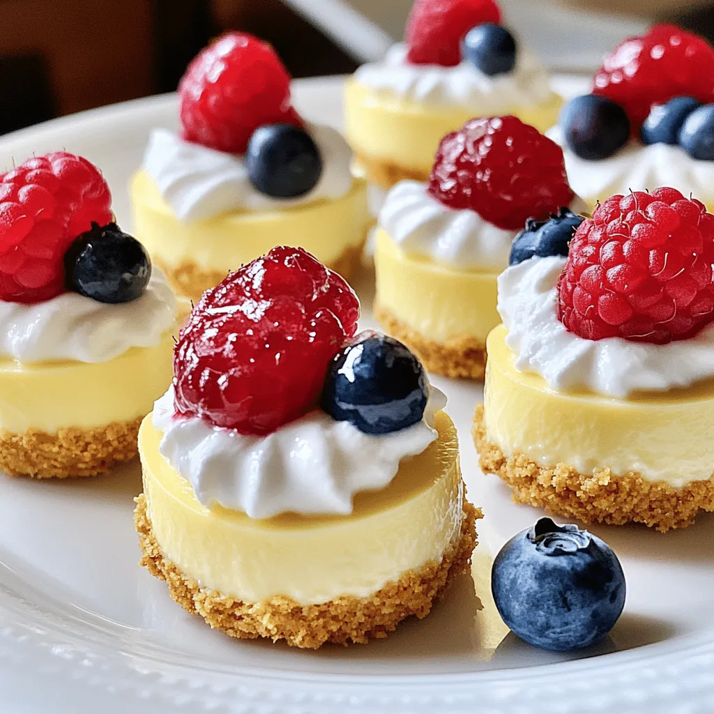To make mini cheesecake bites, you need a few simple ingredients. Each one plays a key role in creating that creamy, dreamy texture and flavor. Here’s what you’ll need: - 1 cup graham cracker crumbs - 1/4 cup unsalted butter, melted - 2 tablespoons granulated sugar - 1 (8 oz) package cream cheese, softened to room temperature - 1/2 cup powdered sugar - 1 teaspoon pure vanilla extract - 1 large egg, at room temperature - 1/3 cup sour cream - Fresh berries (raspberries, blueberries, or strawberries) for topping - Whipped cream, for garnish (optional) The graham cracker crumbs serve as the base for your mini cheesecakes. They give a nice crunch and flavor. Melted unsalted butter helps bind the crumbs together. The granulated sugar sweetens the crust just right. For the filling, softened cream cheese is a must. It creates that rich and creamy texture we all love. Powdered sugar adds sweetness without any grittiness. Pure vanilla extract gives a lovely aroma and enhances the flavor. You’ll also need an egg to help set the filling. Sour cream adds creaminess and a slight tang, balancing the sweetness. Don't forget the toppings! Fresh berries bring brightness and color to the dessert. Whipped cream is optional but adds a nice touch of indulgence. For the full recipe, just check the details above. 1. Preheat the Oven: First, set your oven to 325°F (160°C). This heat will help cook the cheesecakes evenly. Line a mini muffin tin with mini cupcake liners. This step makes it easy to lift the bites out later. 2. Mixing the Crust Ingredients: In a medium bowl, mix together graham cracker crumbs, melted butter, and granulated sugar. Use a fork or your hands to combine. The mix should feel like wet sand when it’s ready. 3. Forming the Crust in the Muffin Tin: Take about one tablespoon of the crust mix. Place it into each cupcake liner. Press it down firmly with a spoon or your fingers. You want a compact base that holds together well. 1. Combining Key Filling Ingredients: In another bowl, add the softened cream cheese, powdered sugar, and vanilla extract. With an electric mixer or whisk, beat until smooth. This step is key for a creamy filling without lumps. 2. Blending for a Smooth Consistency: Next, add the egg and sour cream to the cream cheese mix. Blend until everything is well combined and creamy. Scrape down the sides of the bowl to mix all ingredients evenly. 1. Filling the Crusts: Carefully spoon the cheesecake filling over the crusts in the mini muffin tin. Fill each cup about 3/4 full. This leaves room for the filling to rise a bit while baking. 2. Baking Time and Texture Checks: Bake in the preheated oven for 15-18 minutes. The centers should be set but a little jiggly. This means they will firm up as they cool. 3. Cooling and Chilling Instructions: Once baked, let the cheesecakes cool in the pan for about 10 minutes. Carefully transfer them to a wire rack to cool completely. After that, refrigerate the mini cheesecakes for at least 2 hours. This step helps them firm up and chill, making them perfect for serving. You can find the full recipe at the beginning of the article. Enjoy your delicious mini cheesecake bites! To create a smooth cheesecake filling, start with softened cream cheese. Cold cream cheese can lead to lumps. Beat it well with powdered sugar and vanilla until creamy. Mix slowly to avoid air bubbles. These bubbles can cause cracks during baking. For optimal baking, preheat your oven to 325°F (160°C). Bake the bites for 15-18 minutes. Check when the centers are set but still jiggle slightly. Overbaking can dry them out. Allow them to cool in the pan for about 10 minutes before moving them to a wire rack. Plating matters! Arrange the cheesecake bites on a beautiful platter. Use mini cupcake liners for easy serving. Top each bite with fresh berries for color. A sprinkle of powdered sugar can add a touch of elegance. Garnishing ideas include drizzling chocolate sauce or adding mint leaves. You can also use whipped cream for a lovely finish. These small details make your treats look gourmet. Pair your mini cheesecake bites with beverages like coffee, tea, or dessert wine. They are perfect for parties, birthdays, or family gatherings. You can also serve them at holiday events as a sweet treat. These bites work well for potlucks too. They are easy to grab and enjoy. For a fun twist, offer different toppings for guests to choose from. Enjoy these mini cheesecake bites with your favorite drinks and share the joy! For a detailed guide on making these delicious treats, check out the Full Recipe. {{image_4}} You can mix up your cheesecake filling in fun ways. Try adding chocolate for a rich taste. Melt some chocolate and blend it in. Lemon adds a nice zing. Just mix in some lemon juice and zest. You can also use fruit purees for a fruity twist. Swirling in these flavors can give a unique look and taste. Top with fresh fruit or chocolate shavings to wow your guests! If you want a gluten-free option, use almond flour instead of graham crackers. You can also use gluten-free cookies. They can add great flavor and texture. Try different cookies like Oreos or vanilla wafers to change your crust. A chocolate cookie crust can make a great base for your mini cheesecakes too. Seasonal flavors can make your mini cheesecakes special. In fall, add pumpkin spice for a cozy treat. For summer, use fresh berries and mint. You can decorate them with fun toppings for holidays. For Halloween, use orange and black sprinkles. For birthdays, top them with colorful frosting or candles. These themed mini cheesecakes can be a hit at any event! To keep your mini cheesecake bites fresh, refrigerate them in an airtight container. This will protect them from drying out and absorbing odors from other foods. Just make sure to let them cool completely before placing them in the fridge. You can enjoy your bites for up to five days when stored this way. If you want to save some for later, freezing works well too. Place the cheesecake bites on a baking sheet and freeze them until firm. After that, transfer them to a freezer-safe bag or container. They can last up to three months in the freezer. When you're ready to eat them, let them thaw in the fridge overnight. For the best taste, enjoy your mini cheesecake bites within the first few days. They taste best fresh but still hold up well in the fridge for a few days. If you have leftovers, remember to check for signs of spoilage. Look for changes in texture or color. If they smell sour or off, it's best to toss them. Keeping an eye on your bites will help you enjoy them at their best. Always label your containers with dates to track how long they’ve been stored. This way, you can savor each delicious bite without worry. How do I know when mini cheesecakes are done? You can check if mini cheesecakes are done by looking at the center. It should be set but still slightly jiggly. A good rule is to bake them for 15-18 minutes at 325°F (160°C). If they look too firm, you may have overbaked them. Can I make mini cheesecakes ahead of time? Yes, you can make mini cheesecakes ahead of time. After baking, allow them to cool completely. Then, refrigerate them for up to three days. This makes them perfect for parties or gatherings. What's the best way to garnish mini cheesecakes? Garnishing mini cheesecakes is fun and easy! I love using fresh berries like raspberries, blueberries, or strawberries. They add color and flavor. You can also add a dollop of whipped cream on top for extra richness. Can I use lower-fat cream cheese? Absolutely! You can use lower-fat cream cheese to make these bites lighter. The texture may be slightly different, but they will still taste great. Alternatives for sour cream If you don't have sour cream, you can use plain yogurt as a substitute. Greek yogurt works well too and adds a nice tangy flavor. Where to buy mini cheesecake bites You can find mini cheesecake bites at many grocery stores, bakeries, and dessert shops. Look in the bakery section or the frozen dessert aisle. How to choose quality options from stores When choosing pre-made mini cheesecakes, check the ingredients. Look for options with real cream cheese and minimal preservatives. Freshness is key, so always check the expiration date. Making mini cheesecake bites is simple and fun. We explored ingredients, from crust to toppings. You learned how to prepare, bake, and chill them for the perfect treat. I shared tips for smooth filling and great presentation, plus tasty variations to try. These mini desserts are great for any occasion. With the right storage, they'll stay fresh and delicious. Enjoy customizing your cheesecakes! Your friends and family will love these delightful bites. Happy baking!
