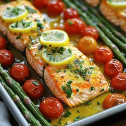 - 4 salmon fillets (approximately 6 ounces each) - 4 cloves garlic, finely minced - 2 tablespoons extra virgin olive oil - 1 medium lemon (zested and juiced) - 1 teaspoon dried oregano - 1 teaspoon smoked paprika - Sea salt and freshly ground black pepper, to taste - 1 cup cherry tomatoes, halved - 1 cup asparagus, trimmed and cut into 2-inch pieces - Fresh parsley, chopped, for garnish When making One Pan Lemon Garlic Salmon, fresh ingredients matter. The salmon fillets should be bright and firm. Fresh garlic gives the dish a bold flavor. Olive oil adds richness and helps with cooking. Choose a lemon that feels heavy for its size. This means it is juicy. For the seasonings, dried oregano brings a warm herb note. Smoked paprika adds a subtle smokiness. Sea salt and black pepper enhance all the flavors. Use fresh black pepper for the best taste. The vegetables are just as important. Cherry tomatoes should be plump and vibrant. They add sweetness and color. Asparagus gives crunch and freshness. Don't forget fresh parsley! It adds a pop of green and a hint of brightness. This recipe is quick and simple with these ingredients. You can find the full recipe at the end. Enjoy cooking! 1. First, preheat your oven to 400°F (200°C). This step is key for even cooking. 2. Next, prepare the lemon garlic marinade. In a bowl, mix minced garlic, olive oil, lemon zest, and lemon juice. Add oregano, smoked paprika, sea salt, and black pepper. Whisk until it blends well. 1. Grab a large baking sheet or an ovenproof skillet. Make sure it’s big enough for all the ingredients. 2. Place the salmon fillets in the center, skin-side down. This helps with cooking and flavor. 3. Drizzle the lemon garlic mixture over the salmon. Make sure each piece is well coated. 4. Now, add the halved cherry tomatoes and asparagus around the salmon. Pour any leftover marinade over the veggies for extra flavor. 1. Slide the baking sheet into the preheated oven. Roast for about 15-20 minutes. The salmon should be flaky and the vegetables tender. 2. For a crispy top, switch your oven to broil mode for 2-3 minutes. Keep an eye on it to avoid burning. 3. Once cooked, take the baking sheet out. Sprinkle freshly chopped parsley over everything for a pop of color. For the full recipe, check out the details above. Enjoy your meal! To get the best salmon, cook it for about 15-20 minutes at 400°F. Keep an eye on the fish. Salmon is done when it flakes easily with a fork. If it looks shiny and slightly opaque, it's ready. You can mix up the flavors in this dish. Try adding honey or soy sauce to the marinade for a sweet kick. Fresh herbs like dill or thyme can also work great instead of oregano. Experiment to find your favorite blend. Serve your salmon right from the baking sheet for a cozy feel. If you want a fancier look, plate each portion individually. Drizzle the pan juices over the salmon for extra flavor. Add lemon wedges on the side for a pop of color and zest. {{image_4}} You can swap salmon for other fish like trout or cod. These fish cook well and taste great with lemon and garlic. If you want a meat option, try chicken breasts. For veggies, you can use broccoli or green beans instead of asparagus. Both add nice color and flavor. You can mix in bell peppers or zucchini too. To spice things up, try adding red pepper flakes for heat. You can use fresh herbs like dill or thyme for a fresh twist. If you love more zest, try lime or orange instead of lemon. You can also add some mustard or honey to the marinade for a sweet kick. These flavors mix well with garlic and make the dish unique. If you need a gluten-free option, this recipe is already safe! Just check the spices for hidden gluten. For a low-carb meal, skip the tomatoes. You can add extra veggies like spinach or cauliflower. This keeps your meal light and healthy without losing flavor. Feel free to explore these variations to make the dish your own! Check the Full Recipe for all the details. To store leftovers, place the salmon and veggies in an airtight container. This keeps them fresh for up to three days. When reheating, use the oven or microwave. The oven helps keep the salmon moist. Heat at 350°F (175°C) for about 10 minutes. If using a microwave, cover the dish with a damp paper towel. This helps avoid dry spots. You can also freeze this dish if you want to save some for later. First, let the salmon cool completely. Next, wrap each piece in plastic wrap. Place the wrapped salmon in a freezer bag. Remove as much air as possible. This helps prevent freezer burn. For reheating, thaw the salmon overnight in the fridge. Then, reheat it in the oven as mentioned earlier. For the best taste, eat the dish within three days when refrigerated. If frozen, try to consume it within two months. Check for signs of spoilage before eating. If the salmon smells off or has a strange color, do not eat it. Freshness is key for great flavor! For cooking salmon, timing depends on the size of the fillets. A general rule is to cook salmon for about 4-6 minutes per 1/2 inch of thickness. For standard 6-ounce fillets, aim for 15-20 minutes in a preheated oven at 400°F (200°C). If you use thicker fillets, add a few extra minutes. Always check for doneness by seeing if the salmon flakes easily with a fork. Yes, you can prepare parts of this dish ahead of time. You can mix the lemon garlic marinade and store it in the fridge for up to 24 hours. For the salmon, you can season it and keep it in the fridge for a few hours before cooking. However, I recommend not adding the vegetables until right before you cook to keep them fresh and crisp. This salmon pairs well with many side dishes. Here are a few ideas: - Quinoa or rice for a hearty base - A fresh salad with mixed greens and a light vinaigrette - Roasted potatoes or sweet potatoes for a filling option For a complete meal, serve the salmon with a side of steamed broccoli or green beans. With these sides, you’ll create a balanced and colorful plate. This blog post covered everything you need for a tasty One Pan Lemon Garlic Salmon meal. We explored the main ingredients, seasonings, and vegetables that create vibrant flavors. You learned the steps to prepare, cook, and enhance your dish for perfect results. Plus, we shared tips for variations, storage, and answers to common questions. Remember, cooking is fun! Experiment with the flavors and make this dish your own. Enjoy each bite as you master this simple recipe and impress your family or friends.
