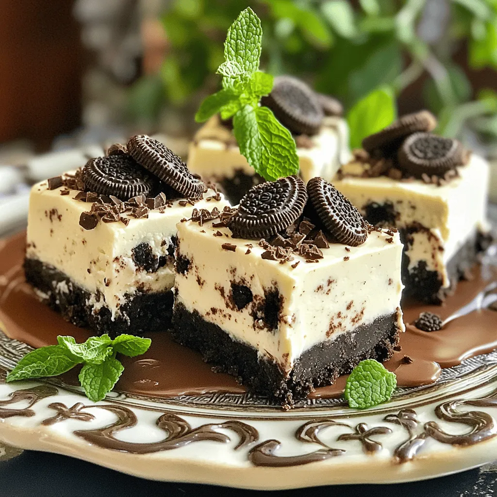 To make No Bake Oreo Cheesecake Bars, gather these simple ingredients: - 24 Oreo cookies, finely crushed - 1/4 cup unsalted butter, melted - 16 oz cream cheese, softened - 1 cup powdered sugar, sifted - 1 teaspoon pure vanilla extract - 2 cups whipped cream or stabilized whipped topping - 8 Oreo cookies, coarsely chopped for topping - Optional: chocolate shavings for garnish These ingredients create a creamy, rich, and delicious dessert. The crushed Oreos form a tasty crust, while the cream cheese and whipped cream give the filling its smooth texture. Using sifted powdered sugar adds just the right sweetness. You can top the bars with more Oreo pieces for crunch and chocolate shavings for a touch of elegance. This recipe is all about balance and indulgence, making it a favorite for gatherings or a sweet treat at home. For the complete recipe, check out the Full Recipe section. - First, combine 24 finely crushed Oreo cookies and 1/4 cup melted unsalted butter in a bowl. - Next, press the mixture firmly into a 9x9 inch baking dish. Use your fingers or the back of a measuring cup to make it even. - Chill the crust for 10-15 minutes in the fridge. This helps it firm up before adding the filling. - In a large mixing bowl, beat 16 oz of softened cream cheese until it is smooth. - Gradually mix in 1 cup of sifted powdered sugar and 1 teaspoon of pure vanilla extract. Keep blending until everything is well combined. - Gently fold in 2 cups of whipped cream or stabilized whipped topping. Use a spatula for this step to keep the filling light and airy. - Now, fold in 8 coarsely chopped Oreo cookies to add extra texture. - Pour the cheesecake filling over the chilled Oreo crust. Use a spatula to spread it evenly. - Finally, cover the dish and refrigerate until set, which will take at least 4 hours. This step is key to getting the right texture for your bars. For more details, check out the Full Recipe. To make your No Bake Oreo Cheesecake Bars great, start with softened cream cheese. If the cream cheese is cold, it will stay lumpy. Soft cream cheese mixes well and helps create a smooth filling. Take it out of the fridge at least 30 minutes before you start. This will help it warm up. When you fold in the whipped cream, be gentle. Use a spatula and lift the cream from the bottom. This keeps the mixture light and fluffy. If you mix too hard, you might lose that airy texture we want. For serving, a decorative platter makes a big difference. Place the bars neatly and drizzle some chocolate sauce on top. This adds a nice touch and makes them look fancy. You can also sprinkle a fresh mint leaf for color. For a fun twist, try adding chocolate shavings on top. They give a rich look and taste. You can even put extra chopped Oreos on top. This adds a fun crunch and makes each bar even more delicious. Check out the Full Recipe for more details on how to make these tasty treats! {{image_4}} You can change up the flavor of your No Bake Oreo Cheesecake Bars in fun ways. One great option is to add peanut butter. Just mix in half a cup of creamy peanut butter into the cheesecake filling. This adds a rich, nutty taste. If you prefer mint, add a few drops of mint extract. It makes the bars fresh and cool! For toppings, think beyond Oreos. Try adding chopped nuts for crunch. Walnuts or pecans work well. You can also use fresh fruit, like strawberries or raspberries. They add a nice color and burst of flavor. Drizzling caramel or chocolate sauce on top will make your bars even more special. If you need a gluten-free treat, it’s easy! Just swap regular Oreos for gluten-free Oreos. They taste just as good and let everyone enjoy these bars. This small change keeps all the flavors you love while making it safe for those with gluten allergies. You can still follow the same steps in the Full Recipe to make your gluten-free version. To keep your No Bake Oreo Cheesecake Bars fresh, use an airtight container. Place the bars in the container and cover them well. This method keeps them moist and tasty. Store the container in the fridge. Your bars will last for about 4 to 5 days. After that, they may lose their flavor and texture. Freezing is great for longer storage. To freeze the cheesecake bars, first cut them into squares. Wrap each square in plastic wrap. Then, place the wrapped bars in a freezer bag. Seal the bag tightly to prevent freezer burn. When you want to enjoy a bar, take one out and let it thaw in the fridge for a few hours. It will taste just as good as fresh! Yes, you can! Many cookies work well for the crust. If you want a twist, try using chocolate or vanilla wafer cookies. Graham crackers also make a great base for a lighter flavor. Each cookie will change the taste a bit, so feel free to experiment. Just remember, the key is to crush them finely and mix with melted butter. The cheesecake is set when it feels firm to the touch. You can gently press the top with your finger to check. It should bounce back slightly. If it feels too soft, let it chill longer. After about four hours in the fridge, it should be ready to cut. Look for a smooth top without any wobble. Yes! You can make this cheesecake a day ahead. Just keep it covered in the fridge. This allows the flavors to blend nicely. Make sure to add toppings right before serving for the best look and taste. Enjoy the ease of prep and the delight of serving a tasty dessert! These no-bake Oreo cheesecake bars are easy and fun to make. We covered the key ingredients, step-by-step instructions, and helpful tips to ensure a creamy texture. You learned about variations, storage tips, and got answers to common questions. Enjoy experimenting with flavors and toppings. You'll impress friends and family every time you serve these delicious bars!
