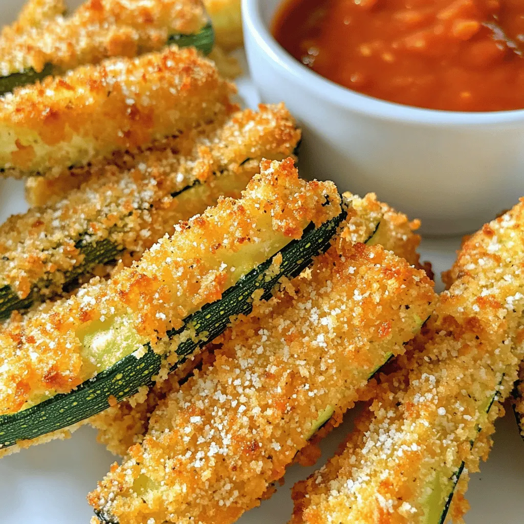 - 2 medium zucchini, sliced into fry-shaped sticks - 1 cup panko breadcrumbs - 1/2 cup freshly grated Parmesan cheese - 1 teaspoon garlic powder - 1 teaspoon dried Italian seasoning - 2 large eggs - Salt and freshly ground black pepper, to taste - Olive oil spray You start with fresh zucchini. Look for firm, smooth ones. This gives your fries the best texture. Slice them into fry shapes. Aim for even sizes so they cook evenly. Next, gather your dry mix. Panko breadcrumbs add great crunch. Mix them with freshly grated Parmesan cheese for salty flavor. Garlic powder and Italian seasoning boost the taste. Don’t forget to season with salt and pepper for balance. Now, you need eggs. They help the breadcrumbs stick to the zucchini. Whisk the eggs until they are frothy. This makes them easier to coat the fries. For the best result, use olive oil spray. It helps the fries crisp up nicely without soaking them in oil. - Fresh herbs (e.g., parsley or basil) - Different cheese options (e.g., mozzarella, cheddar) - Seasoning variations (e.g., smoked paprika, cayenne pepper) If you want to mix things up, add fresh herbs. They give a fresh taste. You can also try different cheeses. Mozzarella adds a nice melt, while cheddar gives a sharpness. For those who enjoy a kick, use smoked paprika or cayenne pepper. These spices can transform the flavor. Experimenting with these options keeps the dish exciting! Check out the full recipe for all the details and enjoy making these delicious Air Fryer Parmesan Zucchini Fries! - Preheat air fryer to 400°F (200°C). - Slice zucchini into fry-shaped sticks. Start by preheating your air fryer. This step is key to getting crispy fries. While it warms up, take your zucchini and slice it into sticks. Aim for a size that matches classic fries. This helps them cook evenly. - Combine panko breadcrumbs, Parmesan cheese, garlic powder, Italian seasoning, salt, and pepper. Next, gather a shallow bowl. In it, mix panko breadcrumbs with grated Parmesan cheese. Add garlic powder and Italian seasoning. Don’t forget a pinch of salt and pepper. Stir it well to blend all the flavors. This mixture will give your fries a tasty crunch. - Whisk eggs in a separate bowl. - Coat zucchini fries in egg mixture and then in breadcrumb mixture. In another bowl, crack two large eggs. Whisk them until they are frothy. Take each zucchini fry and dip it into the egg mixture. Make sure it is well-coated. Let any excess egg drip back into the bowl. Then, transfer the fry to the breadcrumb mix. Press it gently to help the crumbs stick. - Arrange fries in the air fryer basket. - Air fry for 10-12 minutes, flipping halfway through. Now, place the breaded zucchini fries in the air fryer basket. Make sure they are in a single layer. Don’t crowd them. This lets the hot air circulate and crisps them up. Lightly spray the tops with olive oil for extra crunch. Cook them for about 10 to 12 minutes. Flip them halfway to ensure even cooking. Keep an eye on them as they finish. You want them golden and crispy, not burnt. Follow these steps, and you'll have delicious Air Fryer Parmesan Zucchini Fries. For the complete recipe, check the [Full Recipe]. To make crispy zucchini fries, avoid overcrowding the air fryer basket. If fries touch, they may steam instead of crisp. Also, lightly spray the tops with olive oil. This helps create a golden brown crust. Cooking time can change based on the thickness of your fries. Thicker fries need more time. Your air fryer model may also affect cooking time. Look for a golden brown color to know when they are done. This is the best sign of crispiness. For dipping, marinara and ranch dressing are great choices. You can also try spicy mayo for a kick. When serving, arrange the fries on a platter. Place a small bowl of sauce in the center. Add a sprinkle of extra Parmesan and fresh parsley for a beautiful touch. For the full recipe, check out the [Full Recipe]. {{image_4}} You can make a lighter version of these fries by baking them. Simply preheat your oven to 400°F (200°C) and place the breaded zucchini fries on a baking sheet. Bake for about 20-25 minutes, flipping halfway through. This method cuts down on calories while still keeping that crispy texture. Another option for a healthier twist is to swap out the traditional breadcrumbs for almond flour. This change lowers the carbs and adds a nutty flavor. Just mix the almond flour with Parmesan and spices for a new take on the coating. To boost flavor, try adding spices like paprika or chili powder. A little kick can enhance the taste a lot. You can mix these spices right into the breadcrumb mixture for even distribution. Experimenting with different cheese blends can also change the game. Mixing mozzarella or cheddar with Parmesan creates a unique taste. Don't be afraid to combine flavors to find what you love best! If you're feeling adventurous, you can use other vegetables instead of zucchini. Eggplant and sweet potatoes make great substitutes. Just slice them into fry shapes and follow the same breading process. You can also adjust the recipe based on what’s in season. Using fresh, seasonal veggies can bring new flavors and nutrition to your dish. This keeps your meals exciting and varied! For the complete recipe and more tips, check [Full Recipe]. After you enjoy your crispy Air Fryer Parmesan Zucchini Fries, store any leftovers in the fridge. Place them in an airtight container. This helps keep them fresh. You can use glass or plastic containers. Both work well. Make sure to cool the fries to room temperature before sealing. This prevents moisture build-up, which can make them soggy. To reheat, you can use the air fryer, oven, or microwave. For the air fryer, set it to 350°F (175°C). Heat the fries for about 5 minutes. This method helps keep them crispy. In the oven, preheat to 375°F (190°C) and bake for 8-10 minutes. If you use the microwave, place a paper towel under the fries. Heat them for about 30 seconds. This will keep some crispiness, but they won’t be as crunchy. If you want to freeze zucchini fries, you can freeze them uncooked or cooked. For uncooked fries, place them on a baking sheet in a single layer. Freeze them for about 1-2 hours until solid. Then, transfer them to a freezer bag. For cooked fries, let them cool completely first. Then, pack them in a freezer-safe container. When ready to eat, thaw them in the fridge overnight. Cook the uncooked fries straight from frozen. Just add a few extra minutes to the cooking time. Enjoy a tasty treat anytime! Check the Full Recipe for more details on making your fries. Yes, you can make these fries without eggs. Use a few simple substitutes. One great option is unsweetened applesauce. You can use 1/4 cup of applesauce for each egg. Another option is using a mix of ground flaxseed and water. Mix one tablespoon of flaxseed with three tablespoons of water. Let it sit until it thickens. This mix works well as a binding agent. If you want a vegan choice, try a plant-based yogurt. It helps the breadcrumbs stick just like eggs. These substitutes keep the fries crispy and tasty. Perfect zucchini fries are golden brown and crispy. They should look a bit darker than the original color. When you bite into one, it should feel crunchy outside and tender inside. If they are soft or soggy, they need more time. Check them at the 10-minute mark. Flip them halfway through cooking to ensure even browning. You want to avoid overcooking, as that can make them chewy. Keep a close eye for that nice golden color. You can use fresh zucchini without salting. However, salting can help remove excess moisture. This step prevents sogginess in your fries. If you choose to salt, slice the zucchini and lay the pieces on paper towels. Sprinkle a little salt over them and let them sit for about 15 minutes. Pat them dry afterward. This process keeps your fries crispier. If you skip salting, just ensure your zucchini is fresh and firm for the best results. Air Fryer Parmesan Zucchini Fries are quick, tasty, and fun to make. We covered all you need, from the right ingredients to step-by-step cooking tips. Remember, don't overcrowd your air fryer and use olive oil for the best crispiness. You can also play with flavors and pair these fries with your favorite dips. Try them with fresh herbs or different cheeses for a tasty twist. Enjoy your cooking and make these fries a new family favorite!