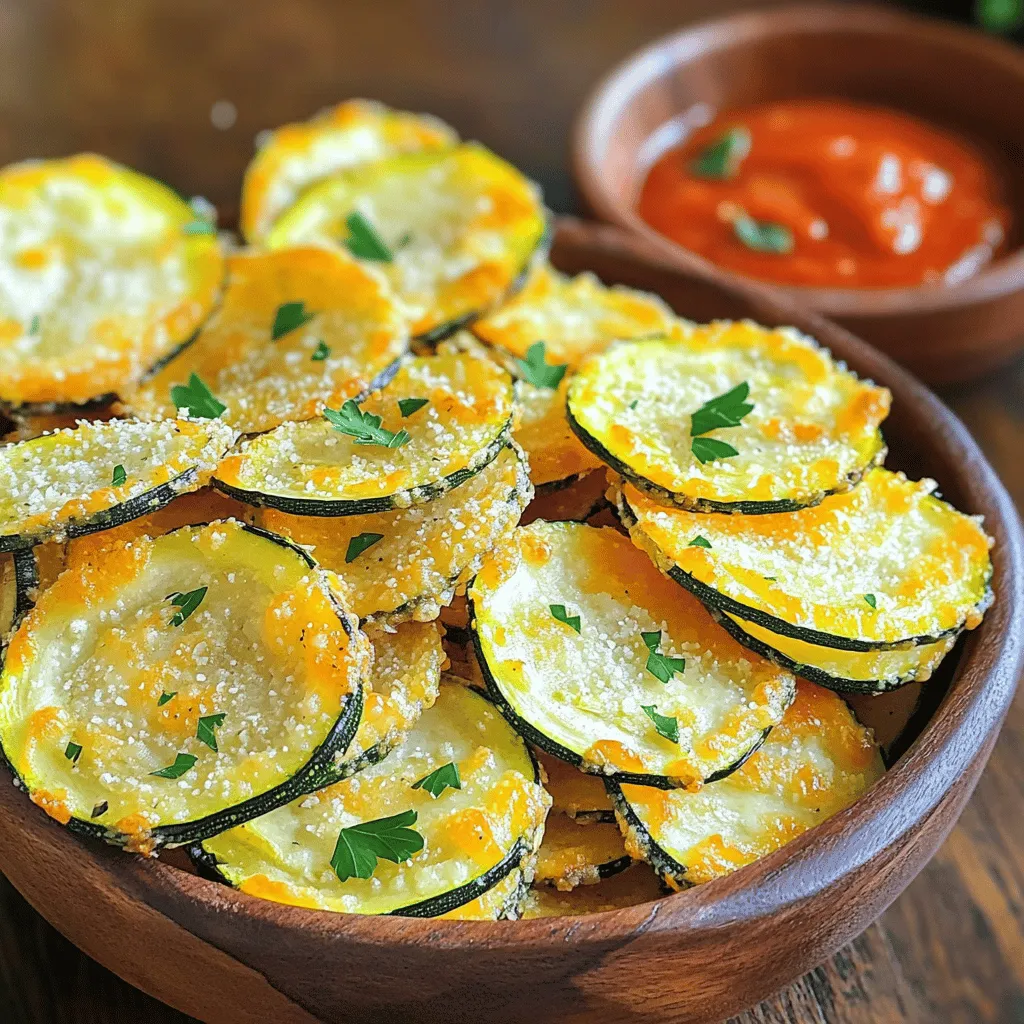 - 2 medium zucchinis, thinly sliced into rounds - 1 cup freshly grated Parmesan cheese - 2 tablespoons extra virgin olive oil - 1 teaspoon garlic powder - 1 teaspoon onion powder - 1 teaspoon smoked paprika - Sea salt and freshly ground black pepper, to taste - Fresh parsley, finely chopped (for garnish) When I make Garlic Parmesan Zucchini Chips, I love using fresh zucchinis. They add a sweet and mild flavor. The Parmesan cheese gives a rich taste. It melts perfectly and turns golden while baking. Extra virgin olive oil ensures the chips crisp up nicely. For seasonings, I use garlic powder, onion powder, and smoked paprika. Each spice adds depth to the flavor. The garlic powder gives a strong kick, while onion powder adds sweetness. Smoked paprika brings a subtle smokiness that really elevates the dish. You can also add optional garnishes. A sprinkle of sea salt enhances the taste. Freshly ground black pepper adds a bit of heat. Lastly, I love adding chopped parsley for a pop of color. It makes the chips look even more appealing. This dish is simple yet packed with flavor. You can find the detailed instructions in the Full Recipe. - Preheat the oven to 225°F (110°C). - Prepare the baking sheet by lining it with parchment paper. This keeps the chips from sticking. - In a bowl, combine the grated Parmesan cheese, garlic powder, onion powder, smoked paprika, sea salt, and black pepper. Mix them well. - Add the thin zucchini slices to the bowl. Drizzle olive oil over the slices. Toss gently to coat each piece. - Arrange the coated zucchini on the baking sheet in a single layer. Make sure they do not overlap. - Place the baking sheet in the oven and bake for about 2 hours. Check them halfway through. Rotate the baking sheet for even cooking. - When golden brown and crispy, take them out. Let them cool a bit before serving. - For a nice touch, sprinkle fresh parsley over the chips before you enjoy them. - Slice thickness: Cut your zucchini into thin rounds, about 1/8 inch thick. Thin slices bake better and become crispier. - Oven temperature tips: Bake at 225°F (110°C). This low temperature dries them out slowly, leading to perfect crispiness. - Additional spices: Try adding cayenne for heat or Italian herbs for a twist. A pinch of chili powder also works well. - Alternative cheese options: You can use Pecorino Romano for a sharper taste or nutritional yeast for a vegan option. - Presentation ideas: Serve in a rustic bowl or on a wooden platter. This makes your chips look inviting. - Dipping sauce recommendations: Pair with marinara sauce or a garlic aioli. These dips add flavor and fun to your snack time. For the full recipe, check out the detailed instructions above. Enjoy your tasty snack! {{image_4}} You can spice things up with a spicy garlic Parmesan version. Just add some red pepper flakes to the cheese mix. This gives your chips a nice kick. You can also try herb-infused versions. Mix in dried oregano or thyme for a fresh taste. If you want to switch it up, use other vegetables. Sweet potatoes or eggplant make great alternatives. They both have a different texture but will still taste amazing. You can also change the cheese. Try using cheddar or a dairy-free cheese for a unique flavor. For a faster option, use an air fryer. Preheat it to 350°F (175°C) and cook the zucchini chips for about 10-15 minutes. Keep an eye on them to avoid burning. If you prefer pan-frying, heat some olive oil in a skillet. Fry each chip until golden brown and crispy. This gives a nice, crunchy texture. Experiment with these variations to find your favorite flavor and method! If you need detailed guidance, check the Full Recipe for complete steps. To keep your zucchini chips fresh, store them in an airtight container. This will help maintain their crunch. If you have a lot of chips, use a larger container. Remember to let them cool completely before storing. This way, moisture won’t build up inside the container. For the best texture, reheat your chips in the oven. Set your oven to 350°F (175°C). Spread the chips on a baking sheet and warm them for about 5-10 minutes. This helps them stay crispy. If you use a microwave, expect them to lose some crunch. Place them on a microwave-safe plate, cover lightly, and warm for 30 seconds at a time. Your Garlic Parmesan zucchini chips can last up to 3 days when stored properly. Always check for signs of spoilage. If they smell off or feel soft, it’s best to toss them. Fresh and crispy chips are always the goal! Enjoy your tasty snack while it lasts. You can serve Garlic Parmesan Zucchini Chips with various dips. Here are some tasty options: - Marinara sauce - Ranch dressing - Hummus - Tzatziki sauce These dips add a nice touch to the crunchy chips. You can also pair them with other snacks. Try serving them with: - Fresh veggie sticks - Cheese platter - Mixed nuts These combinations make a fun snack board for sharing. Yes, you can make these zucchini chips ahead of time. To store them, follow these tips: - Keep the chips in an airtight container. - Place parchment paper between layers to prevent sticking. This helps them stay fresh and crisp. To keep your zucchini chips crispy, focus on these key factors: - Slice the zucchini very thin. This helps them bake evenly. - Use a low oven temperature. Baking at 225°F (110°C) helps them dry out. - Space the chips out on the baking sheet. Allowing air to circulate keeps them crisp. By following these steps, you can enjoy delicious, crunchy zucchini chips! This blog post covered the key ingredients and steps needed to make delicious garlic Parmesan zucchini chips. We explored how to prepare and bake the chips for the best texture. I shared tips for extra flavor and different cooking methods. Remember, these chips are easy to make and fun to serve. Use the variations and storage tips for your next snack. Enjoy experimenting with flavors and impress your family and friends!