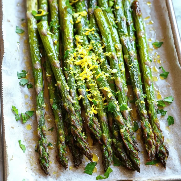 - 1 lb fresh asparagus, trimmed - 3 tablespoons extra virgin olive oil - 3 cloves garlic, finely minced - Juice and zest of 1 medium lemon - ½ teaspoon sea salt - ¼ teaspoon freshly ground black pepper - ¼ teaspoon red pepper flakes (optional) - 2 tablespoons freshly grated Parmesan cheese (optional) - Fresh parsley for garnish - Baking sheet - Parchment paper - Mixing bowl - Tongs or spatula - Measuring spoons Lemon garlic roasted asparagus is a simple dish packed with flavor. The fresh asparagus shines with its bright taste. The lemon adds a zesty kick, while the garlic brings depth. Together, they create a wonderful blend that enhances any meal. Start with fresh asparagus. Ensure it is trimmed and ready to cook. This will help the asparagus roast evenly. The olive oil helps the asparagus brown nicely. It also adds a rich flavor that complements the other ingredients. Next, use minced garlic. This will provide a strong, aromatic flavor. Don’t skimp on the garlic; it’s key to the dish. The juice and zest of one lemon will give a burst of freshness. The zest adds a fragrant note that brightens the dish. Seasoning is important. Use sea salt and black pepper to enhance the flavors. Red pepper flakes can add a bit of heat if you like spice. For a cheesy touch, sprinkle Parmesan cheese on top before finishing. Fresh parsley adds color and freshness when serving. Gather the kitchen tools first. A baking sheet lined with parchment paper will make clean-up easy. A mixing bowl helps combine all the ingredients. Use tongs or a spatula to toss the asparagus well. Measuring spoons ensure you get the amounts just right. This dish cooks quickly, taking about 12-15 minutes in the oven. It’s a great side for any meal, making it perfect for gatherings or weeknight dinners. For the full recipe, check out the Zesty Lemon Garlic Roasted Asparagus. Enjoy this tasty side that everyone will love! - Preheat the oven to 425°F (220°C). - Line a baking sheet with parchment paper. This keeps the asparagus from sticking. - In a bowl, combine olive oil, minced garlic, lemon juice, and zest. - Add sea salt, black pepper, and red pepper flakes for a kick. Mix until well blended. - Place the trimmed asparagus in the bowl with the marinade. - Gently toss to coat each spear evenly. - Arrange the asparagus in a single layer on the baking sheet. This helps them roast evenly. - Place the baking sheet in the oven and roast for 12-15 minutes. - Flip the asparagus halfway for even cooking. - Optional: In the last 2 minutes, add Parmesan cheese for a rich flavor. By following these steps, you will have a tasty Lemon Garlic Roasted Asparagus dish. For full details, check the Full Recipe. To get your asparagus just right, check for tenderness and crispness. I usually roast it for 12-15 minutes. If your spears are thicker, you may need to add a few more minutes. For thinner spears, keep an eye on them to avoid overcooking. The goal is to have them bright green and tender but still crisp. While lemon and garlic shine in this dish, feel free to get creative! You can add spices like smoked paprika or cumin for an extra kick. If you want a crispy finish, make sure not to crowd the baking sheet. Give each spear enough space to roast evenly. You can also try broiling them for the last minute to add a nice char. Lemon garlic roasted asparagus pairs well with many mains. Think grilled chicken, salmon, or even pasta. For side dishes, consider serving it with a fresh salad or quinoa. To drink, a chilled white wine complements the flavors beautifully. A light lemonade or sparkling water works well, too. For the full recipe, check out the guide for a step-by-step approach! {{image_4}} You can make this dish lighter. Use less olive oil, just one tablespoon, to cut calories. You might also try cheese alternatives like nutritional yeast for a cheesy taste without dairy. For seasoning, choose low-sodium salt or herbs to reduce sodium intake. Want to mix it up? Try adding fresh herbs like thyme or rosemary. These herbs bring new flavors to the dish. You can also boost the citrus flavor with lemon zest or juice from oranges. This adds a bright taste that makes the dish pop. Asparagus pairs well with many other veggies. Try roasting carrots, bell peppers, or zucchini with your asparagus. These add color and flavor to your meal. You can also use seasonal ingredients like cherry tomatoes in summer. They add sweetness and freshness. Explore the Full Recipe for more ideas on how to enjoy this versatile side dish! Store leftover lemon garlic roasted asparagus in an airtight container. This keeps it fresh and tasty. You can enjoy it for up to three days. When you put it in the fridge, let it cool first. This helps prevent moisture from building up. You can reheat asparagus in the oven or microwave. The oven is the best choice for keeping its crispness. Preheat the oven to 350°F (175°C) and bake for about 10 minutes. If using the microwave, heat it in short bursts. Start with 30 seconds and check often. This avoids soggy asparagus. You can freeze roasted asparagus but it may lose some texture. To freeze, let it cool completely. Then, place it in a freezer bag. Squeeze out as much air as possible before sealing. For best quality, use it within three months. To thaw, move it to the fridge overnight. Reheat as mentioned above for the best results. For the full recipe, check out the detailed instructions to make this dish. To make this dish, follow these simple steps: 1. Preheat your oven to 425°F (220°C) and line a baking sheet with parchment paper. 2. In a large bowl, mix olive oil, minced garlic, lemon juice, and zest. Add sea salt, black pepper, and optional red pepper flakes. 3. Toss trimmed asparagus in the mixture until well coated. 4. Spread asparagus in a single layer on the baking sheet. 5. Roast for 12-15 minutes, flipping halfway through. For a cheesy touch, add Parmesan in the last 2 minutes. 6. Garnish with parsley and serve. For the full recipe, check out the details provided above. You can use frozen asparagus, but fresh is better. Frozen asparagus often has a softer texture when cooked. If you choose frozen, cook it straight from the freezer. Do not thaw first, as this can make it mushy. If you need a substitute for Parmesan, you have options. Try nutritional yeast for a dairy-free version. You can also use pecorino cheese for a strong flavor or a sprinkle of breadcrumbs for texture. Perfectly roasted asparagus is tender but still crisp. Look for a bright green color and slight browning. A fork should easily go through the spears. If they bend slightly without breaking, they are ready to enjoy. Yes, grilling asparagus is a great option! Just toss the asparagus in the lemon garlic mixture as usual. Preheat your grill to medium heat, then grill the spears for about 5-7 minutes, turning occasionally. This gives them a lovely smoky flavor. This blog post showed you how to make Lemon Garlic Roasted Asparagus. You learned about ingredients and kitchen tools needed. The step-by-step instructions made roasting simple and fun. I shared tips to enhance flavor and texture, and ideas on storage and reheating. As you explore variations, keep it fresh and exciting. Feel free to adjust spices or try seasonal veggies. This dish is healthy and easy to enjoy. Now, grab those ingredients and start cooking! You’ll love the taste and aroma.