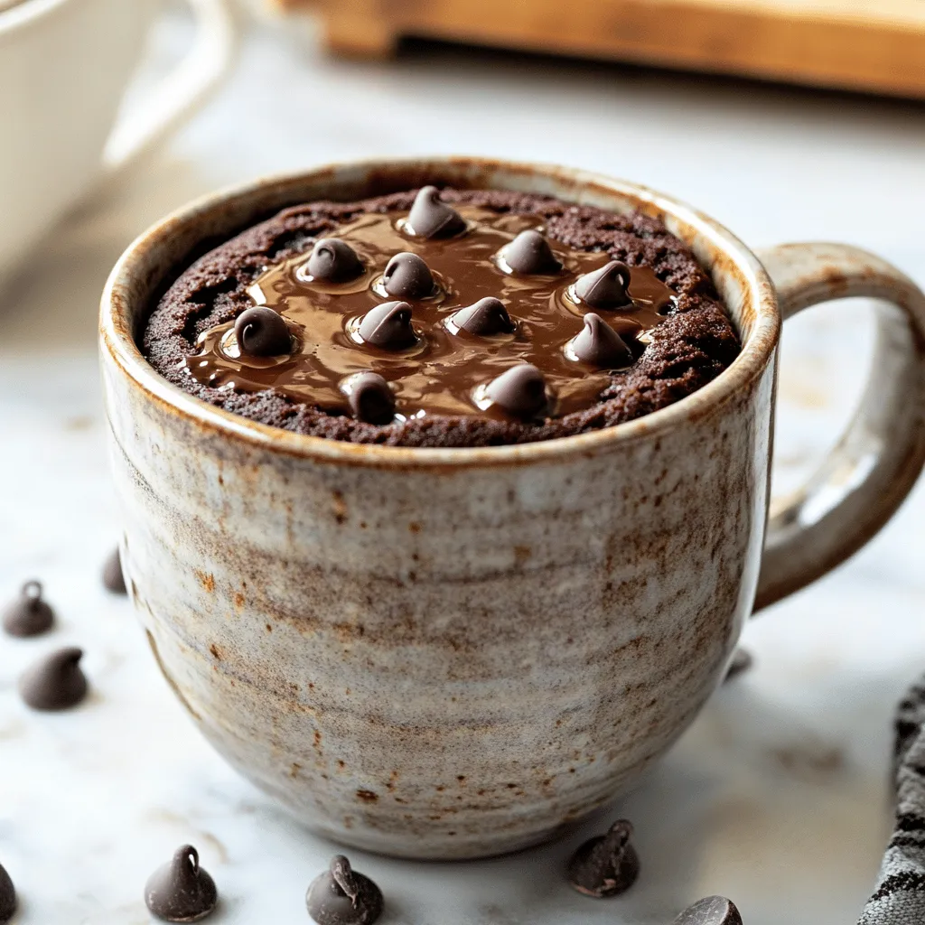 - 4 tablespoons all-purpose flour - 3 tablespoons cocoa powder - 3 tablespoons almond milk (or other plant-based milk) - 2 tablespoons maple syrup (or agave syrup) - 1 tablespoon neutral vegetable oil - 1/4 teaspoon baking powder - A pinch of salt - 2 tablespoons dairy-free chocolate chips (optional) You can easily swap out all-purpose flour. Try almond flour or oat flour for a gluten-free option. If you want a different sweetener, use agave syrup or date syrup instead of maple syrup. Both options work well and add their own unique flavor. The fun part of this mug cake is personalizing it! You can mix in nuts like walnuts or pecans for extra crunch. Dried fruit like raisins or cranberries adds a nice chew. For toppings, consider coconut whipped cream, fresh berries, or a drizzle of almond butter. These not only taste great but make your cake look beautiful too! Start by taking a microwave-safe mug. Add 4 tablespoons of all-purpose flour, 3 tablespoons of cocoa powder, 1/4 teaspoon of baking powder, and a pinch of salt. Using a fork, mix these dry ingredients well. A smooth mixture is key for a good cake texture. Check for any clumps and break them up. This helps the cake rise evenly and become fluffy. Now, pour in 3 tablespoons of almond milk, 2 tablespoons of maple syrup, and 1 tablespoon of neutral vegetable oil. Mix these wet ingredients into your dry mix. Stir until you have a smooth batter. Scrape the bottom of the mug to get all the dry bits mixed in. If you want a richer taste, add 2 tablespoons of dairy-free chocolate chips and fold them in. This adds a nice touch of chocolatey goodness. Place the mug in the microwave. Cook it on high for about 1 minute and 30 seconds. Keep an eye on it as it cooks. Check it around the 1-minute mark to avoid overflow. The cake is ready when it has risen and looks set. Let it cool for a minute before enjoying. This will help you avoid burns and let the flavors settle. Enjoy your delicious vegan chocolate mug cake straight from the mug! To make a great vegan chocolate mug cake, avoid common mistakes. Here are a few tips: - Overmixing: Stir just enough to combine. Too much mixing can make the cake tough. - Under-measuring: Use level measurements for dry ingredients. Too much flour or cocoa can ruin the cake. Measuring your ingredients accurately matters. Even a small error can change the texture. Pay close attention, and your cake will have the perfect consistency. You can easily change up your mug cake. Here are some fun ideas: - Flavor Enhancements: Add extracts like vanilla or almond. A pinch of cinnamon can also boost flavor. - Adjusting Sweetness: If you want it sweeter, add more maple syrup. For less sweetness, cut back on the syrup. Feel free to experiment with textures too. Adding more plant milk can make the cake moist. Or try less milk for a denser cake. Make your mug cake look great for serving. Here are some ideas: - Serving Ideas: Present it in a fun mug. You can even layer the batter in a clear glass for a nice view. - Extra Toppings: Top with coconut whipped cream or fresh berries. A sprinkle of cocoa powder can add a nice touch. These simple tips will impress your guests and make your mug cake a visual delight. Enjoy the process! {{image_4}} To make a gluten-free version of this vegan chocolate mug cake, you can swap all-purpose flour for almond flour or a gluten-free flour blend. These options work well in a mug cake. - Ingredient substitutions: - Replace all-purpose flour with: - Almond flour - Gluten-free all-purpose flour blend Make sure your baking powder is gluten-free too. This keeps the cake light and fluffy. You can change the flavor of your mug cake by adding different ingredients. For a mint chocolate mug cake, add a few drops of mint extract. If you like peanut butter, mix in a spoonful of peanut butter before microwaving. - Ideas for different flavor profiles: - Mint chocolate: Add mint extract. - Peanut butter: Mix in a spoonful of peanut butter. You can also add spices like cinnamon or nutmeg. These spices give a warm, cozy taste. Pair your mug cake with a nice drink or dessert. A cup of almond milk or a hot cup of coffee goes well with it. - Suggestions for drinks or side dishes: - Almond milk - Hot coffee To make it a bigger treat, you can serve it with fruit. A scoop of dairy-free ice cream on the side makes it extra special. Explore the full recipe to find the perfect balance for your taste buds! After making your vegan chocolate mug cake, you may want to save some for later. Store leftover cake in an airtight container. This keeps it fresh and moist. A simple glass jar or a plastic container works well. Avoid using a cloth or paper bag, as they let air in. To reheat your mug cake, use the microwave. Place the mug cake in the microwave for about 10 to 15 seconds. Check the cake to see if it’s warm enough. If not, heat it in short bursts. This helps keep the texture soft and the flavor rich. Avoid overheating, as this can dry it out. Yes, you can freeze the mug cake! Allow it to cool completely first. Then, wrap it tightly in plastic wrap or place it in a freezer-safe container. Be sure to label it with the date. For best taste, eat it within a month. When you want to enjoy it, take it out of the freezer. Let it thaw in the fridge overnight. If you need it fast, you can thaw it in the microwave for about 30 seconds on low power. This way, you’ll have a tasty treat ready to go! Yes, you can use an oven or stovetop. For the oven, preheat to 350°F (175°C). Pour the batter into a small oven-safe dish. Bake for 15-20 minutes. Check for doneness with a toothpick. If it comes out clean, your cake is ready! For stovetop cooking, use a steamer. Place the mug in the steamer for about 10-15 minutes. You can use any plant-based milk. Soy milk, oat milk, or coconut milk work great. Each option brings its own flavor. If you want a creamier texture, go for coconut milk. This mug cake tastes best when fresh. It can last up to two days if stored in the fridge. Cover it tightly with plastic wrap or in an airtight container. To enjoy later, warm it up in the microwave for a short time. Yes, the recipe can be nut-free. Use soy milk or oat milk instead of almond milk. Ensure that the vegetable oil you use is also nut-free. Always check labels to avoid hidden nut ingredients. You can top your mug cake with many fun options! Try coconut whipped cream for creaminess. Fresh berries add a nice tartness too. For a richer flavor, sprinkle on some extra dairy-free chocolate chips. You can also add a drizzle of chocolate or peanut butter for a treat! This blog post covered how to make a yummy vegan mug cake. We explored ingredients, cooking steps, and tips for a perfect treat. Personalizing your cake and storing leftovers were also discussed. Remember, baking is fun, and experimenting can lead to delicious results. Enjoy your mug cake creations, and share them with friends! You might find a new favorite dessert along the way.