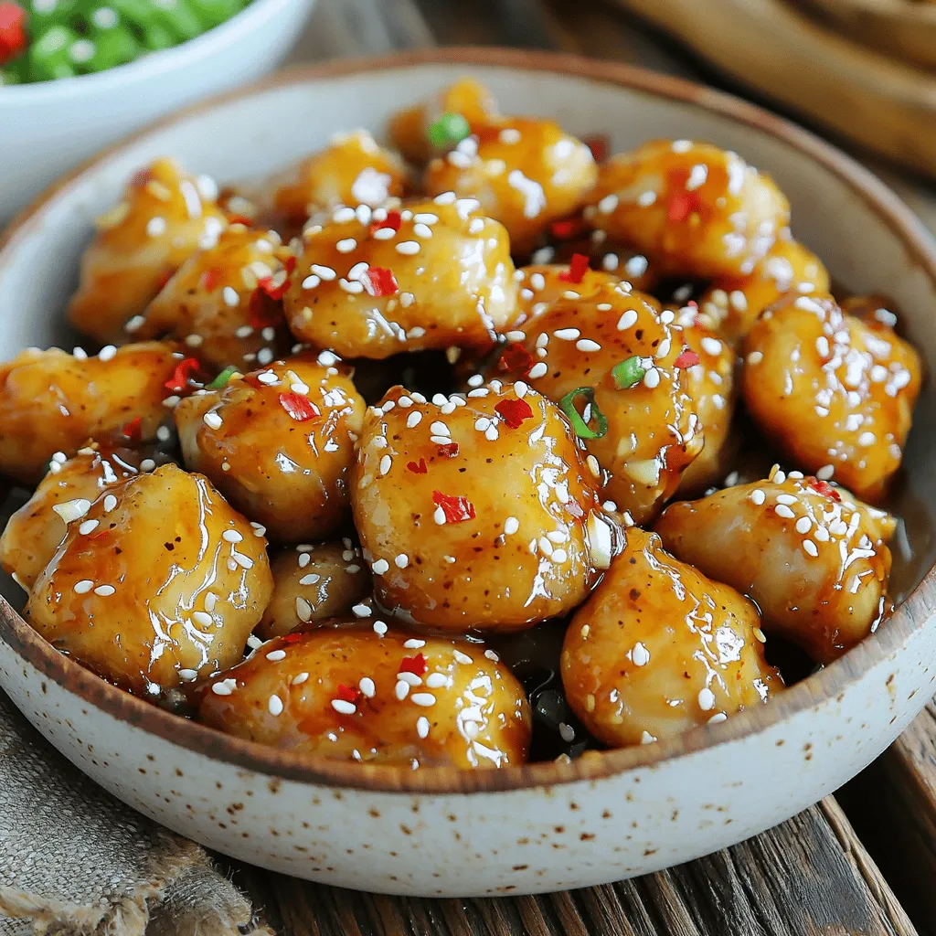 - 1 lb boneless, skinless chicken thighs - 1/3 cup honey - 3 tablespoons low-sodium soy sauce - 2 tablespoons apple cider vinegar - 4 cloves garlic, minced - 1 teaspoon fresh ginger, grated - 1 teaspoon red pepper flakes - Salt and pepper to taste - 1 tablespoon cornstarch - 2 tablespoons vegetable oil - 2 green onions, chopped - Sesame seeds Finding the right ingredients is key for your Spicy Honey Garlic Chicken Bites. Start with fresh chicken thighs. Thighs are juicy and tender, making them perfect for this dish. You’ll also need honey for sweetness and soy sauce for umami. Apple cider vinegar adds a tangy touch. Next, don't forget your flavor boosters! Garlic and ginger bring a nice depth to the sauce. Red pepper flakes give it a spicy kick. Taste is personal, so you can adjust the spice to fit your needs. When cooking, use cornstarch. It helps the chicken get crispy. Vegetable oil works well for frying. Finally, green onions and sesame seeds add crunch and color. For the full recipe, you can check out the complete guide. This ensures you gather all the right ingredients for a delicious party snack! Whisk together honey, soy sauce, apple cider vinegar, minced garlic, grated ginger, and red pepper flakes. This sauce brings a sweet and spicy kick to your chicken bites. Make sure it’s well mixed before moving on. Season the diced chicken with salt and pepper. Sprinkle cornstarch over the chicken. Toss everything until the chicken pieces are coated evenly. This step will help create a crispy crust when you cook the chicken. Heat vegetable oil in a large skillet over medium-high heat. Once the oil is hot, place the chicken in a single layer. Sauté until the chicken is golden brown and cooked through, about 5-6 minutes. Then, lower the heat and pour the prepared honey garlic sauce over the chicken. Stir well to coat all pieces. Let it simmer for 2-3 minutes until the sauce thickens. This will ensure each bite is packed with flavor. Lastly, remove the skillet from heat. Sprinkle with chopped green onions and sesame seeds for a great look and extra crunch. Enjoy this dish as a tasty party snack! For the full recipe, check out the section above. To get that perfect crisp, cornstarch is key. It coats the chicken well, trapping moisture inside. This makes your bites tender while the outside gets crunchy. When you sprinkle cornstarch over the chicken, make sure to coat each piece evenly. This simple step makes a big difference in texture. Want to adjust the heat? Red pepper flakes are your friend. You can add more or less based on your taste. If you like it spicy, go for two teaspoons. If you prefer mild, stick with half a teaspoon. This flexibility lets you create a dish that suits your crowd perfectly. To deepen the flavor, consider adding extra garlic or ginger. More garlic gives a stronger taste, while extra ginger adds warmth. You can also experiment with fresh herbs like cilantro or basil. These additions can transform your dish into something truly special. For the full recipe, check out the complete guide provided. {{image_4}} You can switch chicken for shrimp or tofu. Shrimp cooks fast and adds a nice touch. Just toss the shrimp in the same sauce. For tofu, use firm tofu and press it to remove water. Cut it into bite-sized cubes. Cook until golden for a tasty bite. Add bell peppers or broccoli for extra crunch. Bell peppers bring sweetness and color. Chop them into thin strips and toss them in with the chicken. Broccoli adds a healthy twist. Steam it slightly before mixing it in for a vibrant dish. Serve these bites in many fun ways. Try wrapping them in lettuce leaves for a fresh crunch. You can also toss them onto a salad for a filling meal. For parties, serve them on skewers for easy munching. They make great appetizers that everyone will love. For the full recipe, check out the details above. To store your leftover Spicy Honey Garlic Chicken Bites, place them in an airtight container. Make sure they cool down first. This keeps them fresh and tasty for later. You can enjoy them for up to three days in the fridge. If you want to save more for later, freezing works well. Let the chicken bites cool completely. Then, place them in a freezer-safe bag or container. Remove as much air as possible to prevent freezer burn. When ready to eat, thaw them in the fridge overnight. Reheat in a skillet over medium heat until warm. When stored properly, these chicken bites last three days in the fridge. In the freezer, they can stay good for about three months. After that, the taste may start to fade. Always check for any unusual smell or color before eating. Remember, good storage helps keep your meal delicious! Yes, you can use chicken breast. Chicken thighs are juicier and more flavorful. They stay tender when cooked. Chicken breast is leaner but can dry out if overcooked. If you choose breast, watch the cooking time closely. The spice level depends on red pepper flakes. If you like it hot, add more flakes. For mild heat, use less or omit them. The honey and garlic balance the heat, making the bites sweet and spicy. These chicken bites pair well with many sides. Try steamed rice for a simple option. Noodles also work great. You could add a fresh salad or some crispy veggies for crunch. You can use gluten-free soy sauce instead of regular soy sauce. Tamari is a great option. Be sure to check labels on all other ingredients. Some sauces can contain gluten, so read carefully. Yes, you can prep these bites ahead. Cook them, then cool and store in the fridge. When you're ready, reheat in a skillet. This keeps them crispy and delicious, perfect for quick snacks or parties. For the full recipe, check the section above. In this post, we covered a tasty Spicy Honey Garlic Chicken recipe. We looked at key ingredients, helpful cooking tips, and delicious variations. You can enhance flavor with garlic or ginger and customize spice levels with red pepper flakes. Remember, you can also use shrimp or tofu if you want a different protein. In the end, enjoy these bites fresh or try freezing leftovers for later. Experimenting can make cooking fun and rewarding. Happy cooking, and enjoy your meal!