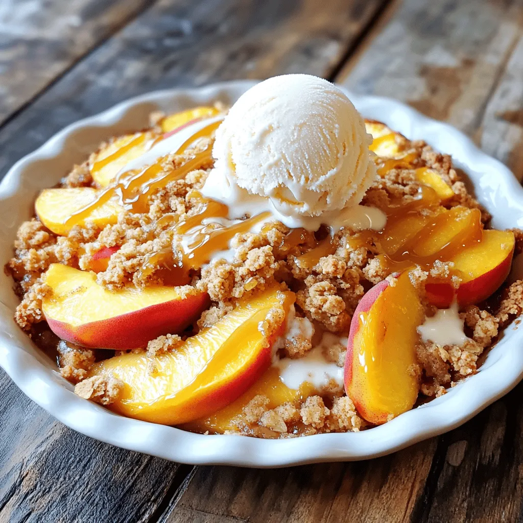 - 4 cups fresh peaches: Start by choosing ripe, juicy peaches. Wash them well, then peel off the skin. Slice each peach into wedges. This gives you the sweet, tender fruit that makes the crisp so delicious. - 1 tablespoon fresh lemon juice: This brightens the peach flavor. It also keeps them from browning. If you don’t have lemon, try lime juice or vinegar for a twist. - 1 cup rolled oats: These oats add a chewy texture. They provide fiber, which is great for your digestion. Plus, oats help keep you full longer. - ½ cup all-purpose flour: This helps bind the crumble. If you need a substitute, try almond flour or coconut flour. Each option gives a unique taste and texture. - ½ cup packed brown sugar: This adds a rich sweetness. You can use white sugar or coconut sugar if you prefer. Each will change the flavor slightly. - ½ teaspoon ground cinnamon and ¼ teaspoon ground nutmeg: These spices make the crisp warm and cozy. They enhance the peach flavor. You can also try ginger or cardamom for a different kick. For the full recipe and detailed steps, check the [Full Recipe]. To get started, you need to peel and slice the peaches. First, wash your peaches well. Next, use a sharp knife to cut a small "X" on the bottom of each peach. This helps the skin come off easily. Place the peaches in boiling water for about 30 seconds. Then, move them to an ice bath. The skin will slip right off! Slice the peaches into thin wedges. Adding lemon juice is key. It enhances the peach flavor and keeps them from browning. Just one tablespoon will do. Toss the peach slices with the lemon juice in a bowl. This simple step makes a big difference! Now, let’s make the crumble topping! In a large mixing bowl, combine the dry ingredients. You will need rolled oats, all-purpose flour, brown sugar, ground cinnamon, ground nutmeg, and salt. Mix them well. This helps ensure that flavors spread evenly. Next, pour in the melted butter. Use a fork or your hands to mix it in. You want the texture to resemble coarse crumbs. This will give your topping a nice crunch. If you like pecans, add ¼ cup of chopped ones for extra texture and flavor. Before you bake, you need to grease your baking dish. Use a little butter or non-stick spray. This keeps the crisp from sticking. Spread the peach slices evenly in the bottom of a 9x9 inch baking dish. Now, sprinkle the crumble topping over the peaches. Make sure to cover them well. Preheat your oven to 350°F (175°C). Bake for about 30 to 35 minutes. Look for a golden brown topping and bubbling peach juices around the edges. This shows your crisp is ready! For the best taste, let it cool for about 10 minutes before serving. Enjoy a warm slice with vanilla ice cream or whipped cream. You can find the Full Recipe for all the details! To avoid a soggy bottom crust, I recommend pre-baking the crust for a few minutes. This helps it firm up before you add the juicy peaches. Another tip is to drain excess juice from the peaches. This keeps the filling from making the crust too wet. Letting the peach crisp cool before serving is key. It allows the juices to set and gives you nice portions. If you serve it too hot, it may fall apart. Serving your peach crisp with vanilla ice cream or whipped cream is a must. The cold creaminess pairs well with the warm crisp. You can also drizzle caramel sauce on top for a sweet touch. For extra flavor, consider adding a sprinkle of cinnamon or chopped nuts. These toppings enhance the overall taste and make it even more special. You can add spices or extracts to boost flavor. Instead of cinnamon, try nutmeg or allspice for a twist. A splash of vanilla extract also works well. To add extra textures, mix in chopped pecans or walnuts. They give a nice crunch and complement the soft peaches. You can even use almonds for a different taste. {{image_4}} You can use other fruits in this peach crisp recipe. Apples and berries work great! Apples add a nice crunch, while berries bring a burst of flavor. You can even mix different fruits for fun and unique tastes. Try combining peaches with blueberries or raspberries. The mix creates a colorful and tasty dessert. If you need a gluten-free option, there are great alternatives for flour. You can try almond flour or oat flour. Use the same amount as all-purpose flour for best results. For a vegan version, swap butter with coconut oil or vegan butter. You can use brown sugar or maple syrup instead of regular sugar. These swaps make it easy to enjoy this dish no matter your diet. You might want to reduce the sugar in this recipe. Peaches are sweet on their own! Taste the fruit first. If it's sweet enough, cut back on sugar. You can also use natural sweeteners like honey or maple syrup. These options add a nice flavor and can be healthier. Just remember to adjust the amount based on the sweetness of your fruit. This way, you can find the perfect balance! To store leftover peach crisp, use an airtight container. Glass or plastic containers work well. Make sure the crisp cools completely before sealing. This helps keep it fresh. Store it in the fridge for up to three days. To maintain texture, cover it with foil or plastic wrap. This keeps the topping from getting soggy. Freezing peach crisp is easy. First, let it cool fully. Then, cut it into portions. Wrap each piece in plastic wrap. Place the wrapped pieces in a freezer-safe bag. Make sure to remove extra air before sealing. Peach crisp can last in the freezer for up to three months. For the best taste, eat it within one month. Reheating peach crisp requires care. The best method is to use an oven. Preheat the oven to 350°F (175°C). Place the crisp in an oven-safe dish. Cover it with foil to keep moisture in. Heat for about 15-20 minutes. This method keeps the topping crisp. Avoid microwaving, as it can make the topping soggy. Enjoy your warm peach crisp like new! Can I make this peach crisp ahead of time? Yes, you can make the peach crisp ahead of time. Prepare the dish and cover it well. Store it in the fridge for up to one day. When ready to serve, bake it as directed. It will still taste great! What type of peaches are best for this recipe? I recommend using ripe, fresh peaches. Yellow peaches give a sweet flavor. White peaches are also good if you want a mild taste. Always pick peaches that feel slightly soft and smell fragrant. Can I use canned peaches instead of fresh? You can use canned peaches, but make sure they are in juice, not syrup. Drain them well to avoid extra liquid. Fresh peaches will give a better texture and taste, though. What can I substitute for butter in this recipe? You can use coconut oil or vegetable oil instead of butter. For a vegan option, try using a plant-based butter. Each will add a slightly different flavor but will still work well. Is this recipe suitable for various diets (e.g., gluten-free, vegan)? Yes, you can adjust this recipe for gluten-free and vegan diets. Use gluten-free flour and oats for a gluten-free option. For a vegan version, swap butter for plant-based alternatives. Nutritional information breakdown for this dessert This peach crisp has about 200 calories per serving. It contains carbs from the oats and sugar, fiber from the peaches, and healthy fats if you add nuts. Each scoop of ice cream will add more calories, so consider that when serving. For the full recipe, check out the juicy peach crisp delight! This blog post covered how to make a delicious peach crisp. We discussed fresh peaches, dry mix components, and sweeteners. I provided step-by-step instructions and cooking tips for great texture. We also explored variations, storage info, and common FAQs. In conclusion, this peach crisp recipe is flexible and simple. You can adjust flavors and textures to your liking. Enjoy this treat with family and friends for added joy.