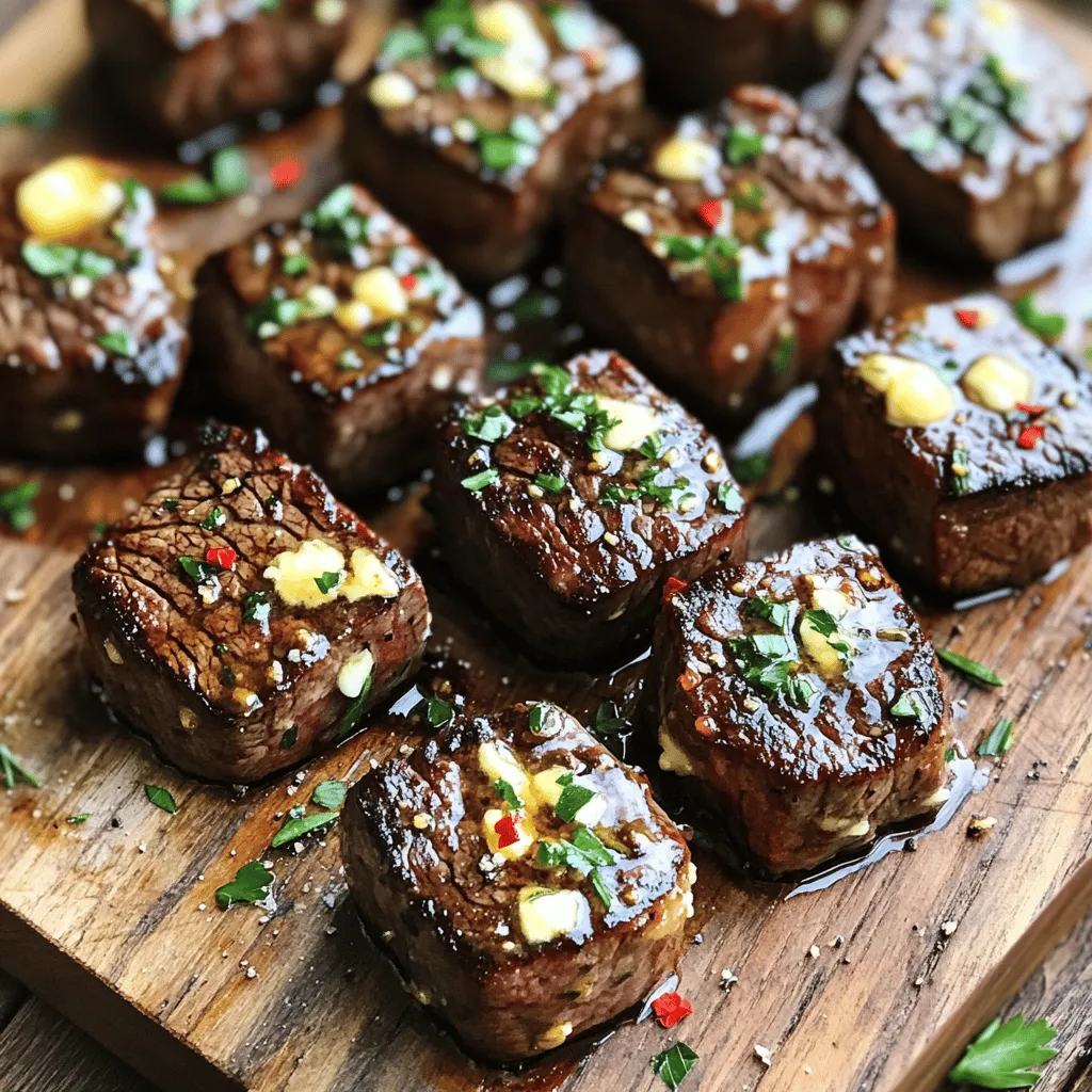 To make garlic butter steak bites, you will need: - 1 pound sirloin steak, cut into bite-sized cubes - 4 tablespoons unsalted butter, divided - 4 cloves garlic, minced - 1 tablespoon fresh rosemary, finely chopped - 1 tablespoon fresh parsley, finely chopped - Salt and freshly ground black pepper, to taste - 1 teaspoon crushed red pepper flakes (optional, for a spicy kick) If you want to switch things up, here are some alternatives: - Use ribeye or tenderloin steak instead of sirloin for a richer flavor. - Swap unsalted butter for olive oil for a lighter option. - Try garlic powder if you are short on fresh garlic. - Use dried herbs like thyme or oregano if fresh herbs are unavailable. Garlic butter steak bites are not just tasty; they offer some nutritional benefits too. Here’s a quick look: - Calories: About 350 per serving - Protein: 30 grams - Fat: 25 grams - Carbohydrates: 2 grams - Fiber: 0 grams - Sugars: 0 grams This dish packs protein and flavor, making it a great choice for a hearty meal. Enjoy every bite! For the full recipe, check out the detailed instructions above. To make garlic butter steak bites, start with the steak. Use 1 pound of sirloin steak. Cut it into bite-sized cubes. Make sure to dry the steak cubes with paper towels. This helps them sear well. Season the steak with salt and black pepper on all sides. Now, heat a large skillet over medium-high heat. Add 2 tablespoons of butter and let it melt. When it starts to bubble, add the steak cubes. Make sure not to crowd the pan. Sear the steak for about 2-3 minutes on each side. This creates a nice brown crust. If you have to, sear the steak in batches. Once done, take the steak out and let it rest on a plate. Lower the heat to medium. In the same skillet, add the remaining 2 tablespoons of butter and minced garlic. Cook the garlic for about 1 minute. Stir it until it smells good but does not brown. Add the seared steak back into the skillet. Toss it in the garlic butter for 1-2 minutes. This allows the steak to soak up the flavor. Finally, mix in the chopped rosemary, parsley, and crushed red pepper flakes. Stir everything well. Taste the mixture and add more salt or pepper if needed. Now, take the skillet off the heat. To serve, use a rustic wooden board. Place the garlic butter steak bites on it. You can add a sprinkle of fresh herbs on top. For easy serving, use toothpicks. Another great idea is to serve them over creamy garlic-mashed potatoes. This makes a delightful meal. Check out the Full Recipe for more details. To get that nice crust on your steak bites, start with dry meat. Pat the cubes with paper towels before seasoning. This helps the meat brown better. Use a hot skillet. Melt your butter until it bubbles, then add the steak in a single layer. Avoid crowding the pan. Sear each side for 2-3 minutes. If needed, do it in batches. This way, you get a great sear every time. You can boost the flavor of your garlic butter steak bites easily. Fresh herbs like rosemary and parsley add a nice touch. Try adding crushed red pepper flakes for some heat. You can also use different oils, like olive oil, for a unique twist. For a garlic lover's dream, add extra minced garlic when tossing the steak in the pan. This makes each bite burst with flavor. Many people make the mistake of not drying their steak. If it’s wet, it won’t sear right. Overcrowding the pan is another issue. It stops the steak from browning. Some forget to let the meat rest after cooking. This step is key for juicy bites. Also, taste your dish before serving. Adjust salt and pepper as needed. These simple tips can help you create the best garlic butter steak bites. For the full recipe, check out the detailed instructions above. {{image_4}} You can use many cuts for steak bites. Sirloin is popular due to its great flavor and tenderness. However, you can also use ribeye for a richer taste. Flank steak works well too; it is lean and easy to cut. Each cut brings a unique taste and texture to your dish. Choose based on your budget and preference. Adding vegetables to your steak bites makes the dish more colorful and healthy. Bell peppers and onions are great choices. You can sauté them in the same pan after searing the steak. Serve the steak bites over a bed of greens or alongside roasted veggies. Mashed potatoes or rice also pair nicely, making a complete meal. Want to kick up the heat? Add more crushed red pepper flakes or some cayenne pepper. You can also try adding fresh herbs like thyme or oregano. A splash of Worcestershire sauce can enhance the flavor too. These changes give your garlic butter steak bites a new twist. Experiment to find your favorite blend! For the full recipe, check out the Garlic Butter Steak Bites section. After you make garlic butter steak bites, let them cool. Place them in an airtight container. They will last in the fridge for 3 to 4 days. When you want to eat them, check for any signs of spoilage. If they smell off or look strange, it's best to toss them. If you want to save the steak bites for later, freezing works great. First, cool them completely. Then, put them in a freezer-safe bag or container. They can last up to 3 months in the freezer. To avoid freezer burn, try to remove as much air as possible. To reheat, you can use the microwave or stovetop. If using a microwave, heat in short bursts, checking often. For stovetop, add a little butter to a skillet. Heat on medium until warm. This keeps them juicy and tasty. For the full recipe, check out the cooking section! The best steak for steak bites is sirloin. It is tender and flavorful. You can also use ribeye or tenderloin. These cuts have enough fat to stay juicy. Look for steak with bright red color and good marbling. This marbling adds flavor and moisture during cooking. When you cut the steak into cubes, make sure they are even. This way, they cook evenly. Yes, you can make this recipe without butter. You can use olive oil or avocado oil instead. These oils can handle high heat well. They add a nice flavor too. If you want a creamy texture, you can try using ghee. Ghee is clarified butter and is rich in flavor. Just remember, the garlic flavor will be less rich without butter. The spice level of garlic butter steak bites can vary. The recipe includes crushed red pepper flakes for some heat. If you like it mild, you can skip this step. For more spice, add extra flakes. You can also add some hot sauce or black pepper. Just taste as you go to find your perfect level of spice. This blog post covered key steps to make delicious steak bites. We discussed essential ingredients, preparation, and cooking tips. You learned about variations and storage to keep your bites fresh. Remember, the right cut and seasoning make all the difference. Avoid common mistakes for the best flavor. Enjoy experimenting with your favorite ingredients and sides. Your perfect steak bites await!