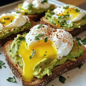 To make a delicious avocado toast with poached egg, you need these key ingredients: - 2 slices of whole-grain or sourdough bread - 1 ripe avocado - 2 large eggs - 1 tablespoon olive oil - 1 teaspoon fresh lemon juice - Salt and pepper to taste - 1/4 teaspoon red pepper flakes (optional for heat) - Fresh herbs (such as cilantro, chives, or parsley) for garnish These ingredients combine to create a tasty and satisfying dish. The ripeness of the avocado is key for that creamy texture. The eggs provide protein and give the toast a nice touch. While the basic recipe is great, you can add more flavor. Here are some ideas: - Crumbled feta or goat cheese for a tangy bite - Sliced radishes for crunch - A drizzle of balsamic glaze for sweetness - A sprinkle of everything bagel seasoning for extra flavor These enhancements can elevate your avocado toast. Feel free to mix and match to find what you love! The bread choice can change the entire dish. Here are some great options: - Whole-grain bread for a nutty taste - Sourdough for a tangy flavor - Rye bread for a unique twist - Gluten-free bread if you need it Each bread type adds its own character. Choose what fits your taste best! For the full recipe, check [Full Recipe]. Toasting your bread is simple. You can use either a toaster or an oven. I prefer whole-grain or sourdough bread for this recipe. It adds a great flavor and texture. - Toaster: Toast for about 3-5 minutes. Watch it carefully to avoid burning. - Oven: Preheat to 375°F (190°C). Toast for 8-10 minutes until golden brown. Let your toast cool a little before adding toppings. This helps keep it crispy. Poaching eggs can seem tricky, but it’s easy once you know how. Start with a small saucepan. Fill it with about 3 inches of water and heat it over medium. Wait for a gentle simmer. You’ll see small bubbles at the bottom. - Crack the eggs into small bowls. This makes it easier to slide them in. - Create a whirlpool: Stir the water in a circle with a spoon. This helps the egg whites wrap around the yolks. - Slip in the eggs: Gently add each egg into the center of the whirlpool. Cook for 3-4 minutes for a runny yolk. Cook longer if you like your yolks firmer. Once done, use a slotted spoon to lift them out. Let any excess water drip off. Now, let’s focus on the avocado. Choose a ripe avocado for the best taste. 1. Cut it in half: Use a knife to slice it open. Remove the pit carefully. 2. Scoop out the flesh: Use a spoon to scoop the creamy inside into a bowl. 3. Add ingredients: Mix in olive oil, lemon juice, salt, and pepper. 4. Mash it: Use a fork to mash the avocado. You can make it smooth or leave it chunky, depending on your taste. This fresh avocado adds creaminess to your toast. Enjoy it with your poached egg for a delicious meal. For the complete recipe, check out the Full Recipe section. For the best poached egg, start with fresh eggs. Fresh eggs hold their shape better. Heat water to a gentle simmer, not a boil. Adding a splash of vinegar can help the egg whites stay together. Create a whirlpool to help shape the egg as it cooks. Poach for about 3-4 minutes for a soft yolk. If you prefer a firmer yolk, add a minute or two. Choose a ripe avocado for the best taste. The skin should be dark and slightly soft to the touch. Cut the avocado in half and scoop out the flesh. Add olive oil and lemon juice to enhance flavor. Mash with a fork until creamy but still chunky. Season with salt and pepper to taste. For added depth, sprinkle in some red pepper flakes. To serve, place the avocado toast on a wooden board or bright plate. Stack the poached egg on top of the mashed avocado. Garnish with fresh herbs like cilantro or chives. A sprinkle of red pepper flakes adds color and a kick. For a fresh touch, add a lemon wedge on the side. These simple steps make your dish look gourmet and inviting. For the full recipe, check out the detailed instructions to create this delightful dish! {{image_4}} You can change up your avocado toast with many toppings. Here are some ideas: - Sliced tomatoes: Add fresh slices for a burst of flavor. - Radish: Thinly sliced radishes give a crunchy texture. - Feta cheese: Crumbled feta adds a salty bite. - Smoked salmon: This adds a rich taste and pairs well with the egg. - Sautéed spinach: A great way to sneak in greens. Mix and match these toppings to find your favorite combo! If you want variety, try different ways to cook eggs on your toast. - Scrambled eggs: Fluffy scrambled eggs can replace poached eggs. - Fried eggs: A sunny-side-up or over-easy egg is tasty too. - Baked eggs: You can bake eggs in small dishes for an easy option. Each method offers a different texture and taste for your dish. You can make a vegan version of avocado toast. Here’s how: - Replace eggs: Use sliced avocado or a spread made from chickpeas. - Add nut cheese: Try almond or cashew cheese for extra creaminess. - Top with seeds: Sprinkle chia or hemp seeds for crunch and nutrition. These options keep your toast delicious while being plant-based. For the full recipe, check out the details on preparing your avocado toast! To keep leftover avocado fresh, wrap it tightly in plastic wrap. You can also store it in an airtight container with some lemon juice. The acid in lemon juice slows browning. If you notice browning, just scrape off the top layer. This way, you can enjoy your avocado for a day or two longer. To keep your bread fresh, store it in a cool, dry place. A bread box works well. Avoid the fridge as it can dry out the bread. If you want to keep it longer, consider freezing it. Slice the bread first, then wrap it tightly. When you need a slice, just toast it directly from the freezer. Poached eggs are best eaten fresh. If you have leftovers, store them in a bowl of cold water in the fridge. This helps keep them moist. When you want to eat them, reheat gently in warm water for a few minutes. They will taste almost as good as fresh! You can make avocado toast without a toaster by using a skillet. Heat the skillet over medium heat. Add your slices of bread and cook each side for about 3 to 5 minutes. You want them to turn golden brown and crisp. You can also use an oven. Preheat it to 375°F (190°C) and place the bread on a baking sheet. Bake for about 8 to 10 minutes. This way, you can enjoy your avocado toast without using a toaster. Avocados are super healthy and tasty. They are packed with healthy fats, especially monounsaturated fat. This fat helps reduce bad cholesterol. Avocados are full of fiber, which aids digestion and keeps you full. They also contain vitamins like K, E, and C. Plus, they have potassium, which helps manage blood pressure. Eating avocados can boost heart health and improve skin. Yes, you can meal prep avocado toast! To do this, prepare the avocado mash ahead of time. Keep it in an airtight container in the fridge for up to 2 days. Store your bread separately to keep it fresh. When ready to eat, toast your bread and add the avocado. You can also top it with a poached egg. This way, you have a quick and healthy meal ready to go! For the full recipe, check out the details above. Avocado toast is simple and tasty. We explored key ingredients and flavor boosts. You learned how to toast bread and poach an egg. I shared tips for creaminess and presentation. We also discussed fun variations and storage tips. Remember, avocado toast fits many diets and styles. With the right steps, you’ll create an excellent dish every time. Enjoy your cooking!