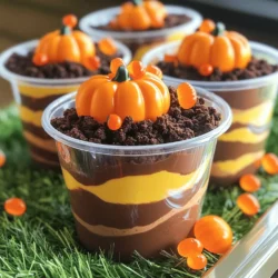 - 1 package (15 oz) of chocolate pudding mix - 2 cups milk - 10 oz crushed chocolate sandwich cookies (e.g., Oreo) - 1 cup whipped topping (such as whipped cream or Cool Whip) - 1 cup of pumpkin puree - 1 teaspoon pumpkin pie spice - 1 teaspoon vanilla extract These ingredients make the base of your Pumpkin Patch Dirt Cups. The chocolate pudding mix and milk create a rich filling. The crushed cookies add a crunchy texture. The whipped topping lightens up the mix. Pumpkin puree gives a nice autumn flavor. Pumpkin pie spice adds warmth. Lastly, vanilla extract brings it all together. - Gummy worms - Edible candy pumpkins - Clear plastic cups Decorations make this dessert fun. Gummy worms look like they are crawling through the dirt. Edible candy pumpkins add a cute touch. Clear plastic cups let everyone see the layers. You can use any cup, but clear ones show off the dessert best. Feel free to mix and match your ingredients. You can even swap in different flavors. For the full recipe, refer back to the main article. Enjoy the process and get creative! First, grab a large mixing bowl. Add one package of chocolate pudding mix. Pour in two cups of milk. Whisk them together for about two minutes. You want the mixture to be thick and creamy. This will be your base layer. Next, take another bowl. Blend one cup of pumpkin puree with one teaspoon of pumpkin pie spice. Add one teaspoon of vanilla extract. Mix until smooth and well combined. Now, fold half of the chocolate cream into this pumpkin mixture. This will give you a rich, swirled filling. Now, it’s time to build your dessert. Take four small clear plastic cups. Start with about one to two tablespoons of crushed chocolate cookies at the bottom of each cup. Next, add a layer of the creamy pumpkin mixture. Follow that with a layer of the chocolate cream. Repeat the layers until the cups are full, finishing with a layer of chocolate cream on top. For the final touch, sprinkle the remaining crushed cookies on top. This will look like dirt. Add gummy worms crawling out and a few candy pumpkins for decoration. These little touches make your dessert fun and festive. To get the right consistency for the chocolate cream, start with cold milk. Use a large bowl and mix the chocolate pudding mix with milk. Whisk for about two minutes. It should thicken nicely. If you see lumps, keep whisking until smooth. A smooth cream makes your dessert look great. For a festive look, use themed decorations. You can place your cups on a tray lined with fake grass. Shredded coconut dyed green works well too. This adds charm and feels like a real pumpkin patch. You might also add some colorful fall leaves around the cups for extra flair. For serving, clear plastic cups show off the layers. Guests will love the view! These cups taste best when chilled. After making them, place them in the fridge for at least an hour. This helps the flavors blend. Serve them cool, not cold. The creamy chocolate and pumpkin flavors will shine through. Enjoy them fresh for the ultimate dessert experience! {{image_4}} You can easily swap ingredients to fit your needs. For a gluten-free option, use gluten-free chocolate cookies. They will work just as well in your cups. For dairy-free options, try almond or oat milk in place of regular milk. You can also use coconut whipped cream instead of regular whipped topping. These swaps keep the fun and flavor while catering to dietary needs. Want to spice things up? Add a pinch of cinnamon or nutmeg to your pumpkin mixture. These spices boost the fall flavor, making each bite more delicious. You can also mix in chocolate chips or colorful sprinkles for a fun twist. The chocolate chips add a great texture, while the sprinkles bring a festive look. These cups are not just for Halloween! You can make themed versions for other holidays. For Christmas, use peppermint extract and red-and-green sprinkles. For summer, swap pumpkin puree with fruit purees like strawberry or mango. This gives you a fresh twist that fits any season. To keep your Pumpkin Patch Dirt Cups fresh, store them in the refrigerator. Place the cups in an airtight container. This prevents any odors from mixing in. They will stay good for about 3 to 5 days in the fridge. Make sure to cover the cups if you don’t have a container. This will help keep them moist. If you want to save your Pumpkin Patch Dirt Cups for later, freezing is a great option. However, I recommend freezing only the chocolate cream part. The pumpkin mixture may change texture when thawed. To freeze, first, remove any toppings like gummy worms or candy pumpkins. Then, transfer the chocolate cream to a freezer-safe container. Seal it tightly and label it with the date. It can last up to 2 months in the freezer. When you’re ready to enjoy, thaw it in the fridge overnight. These cups are best enjoyed fresh. When stored correctly, they last about 3 to 5 days in the fridge. Look for signs of spoilage, like an off smell or changes in texture. If the chocolate cream separates or the pumpkin mixture looks watery, it’s time to toss them. Enjoy your delicious treats while they’re at their best! Yes, you can make Pumpkin Patch Dirt Cups ahead of time. This dessert stays fresh in the fridge. Prepare the cups up to two days before serving. Just keep them covered. This will help the layers stay fresh. When making ahead, avoid adding the toppings too early. Gummy worms and candy pumpkins can get soggy. Add these decorations right before you serve. This will keep them looking fun and tasty. Making Pumpkin Patch Dirt Cups dairy-free is easy. You can use dairy-free milk instead of regular milk. Almond milk or coconut milk works well. For the whipped topping, use coconut whipped cream or a dairy-free alternative. When picking your chocolate pudding mix, check the label. Some brands offer dairy-free options. If you can’t find it, you can make your own using cocoa powder and cornstarch. This way, you still get that rich chocolate flavor without dairy. You can get creative with toppings for your Pumpkin Patch Dirt Cups. Here are some fun ideas: - Mini chocolate chips for extra crunch - Crushed nuts like pecans or almonds - Sprinkles in fall colors for added fun - Candy corn for a sweet fall touch - Edible flowers for a fancy look Feel free to mix and match these toppings. They can add new flavors and fun textures. Enjoy exploring different options! For the complete recipe, check out the [Full Recipe]. This blog post shared how to make delicious Pumpkin Patch Dirt Cups. You learned about key ingredients, like chocolate pudding mix and pumpkin puree. I walked you through step-by-step instructions to create the layers. You also found tips for perfecting the cream and fun decoration ideas. Remember, you can customize the recipe to fit your needs. Whether you choose gluten-free cookies or festive toppings, the options are endless. Enjoy making these treats for your next gathering!