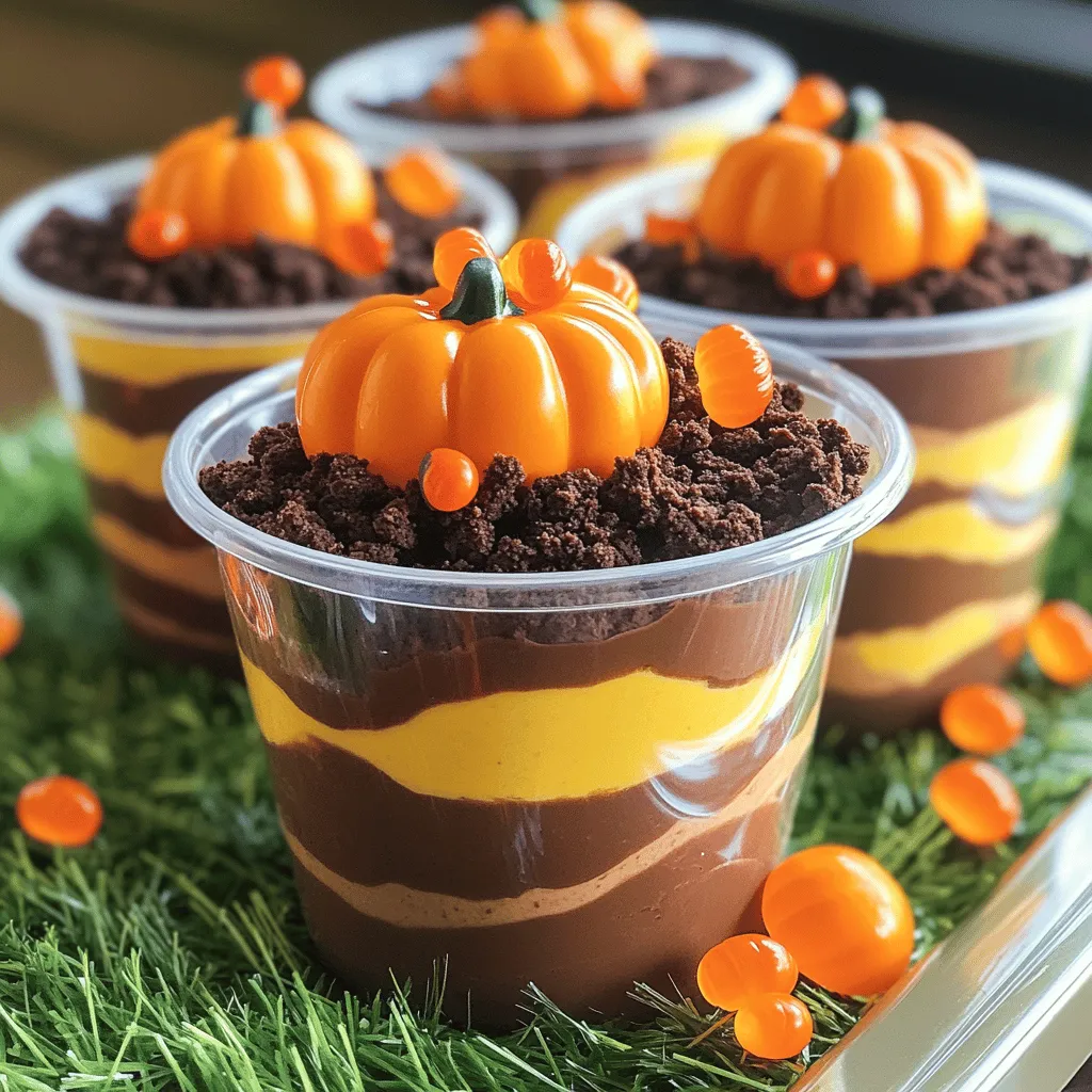 - 1 package (15 oz) of chocolate pudding mix - 2 cups milk - 10 oz crushed chocolate sandwich cookies (e.g., Oreo) - 1 cup whipped topping (such as whipped cream or Cool Whip) - 1 cup of pumpkin puree - 1 teaspoon pumpkin pie spice - 1 teaspoon vanilla extract These ingredients make the base of your Pumpkin Patch Dirt Cups. The chocolate pudding mix and milk create a rich filling. The crushed cookies add a crunchy texture. The whipped topping lightens up the mix. Pumpkin puree gives a nice autumn flavor. Pumpkin pie spice adds warmth. Lastly, vanilla extract brings it all together. - Gummy worms - Edible candy pumpkins - Clear plastic cups Decorations make this dessert fun. Gummy worms look like they are crawling through the dirt. Edible candy pumpkins add a cute touch. Clear plastic cups let everyone see the layers. You can use any cup, but clear ones show off the dessert best. Feel free to mix and match your ingredients. You can even swap in different flavors. For the full recipe, refer back to the main article. Enjoy the process and get creative! First, grab a large mixing bowl. Add one package of chocolate pudding mix. Pour in two cups of milk. Whisk them together for about two minutes. You want the mixture to be thick and creamy. This will be your base layer. Next, take another bowl. Blend one cup of pumpkin puree with one teaspoon of pumpkin pie spice. Add one teaspoon of vanilla extract. Mix until smooth and well combined. Now, fold half of the chocolate cream into this pumpkin mixture. This will give you a rich, swirled filling. Now, it’s time to build your dessert. Take four small clear plastic cups. Start with about one to two tablespoons of crushed chocolate cookies at the bottom of each cup. Next, add a layer of the creamy pumpkin mixture. Follow that with a layer of the chocolate cream. Repeat the layers until the cups are full, finishing with a layer of chocolate cream on top. For the final touch, sprinkle the remaining crushed cookies on top. This will look like dirt. Add gummy worms crawling out and a few candy pumpkins for decoration. These little touches make your dessert fun and festive. To get the right consistency for the chocolate cream, start with cold milk. Use a large bowl and mix the chocolate pudding mix with milk. Whisk for about two minutes. It should thicken nicely. If you see lumps, keep whisking until smooth. A smooth cream makes your dessert look great. For a festive look, use themed decorations. You can place your cups on a tray lined with fake grass. Shredded coconut dyed green works well too. This adds charm and feels like a real pumpkin patch. You might also add some colorful fall leaves around the cups for extra flair. For serving, clear plastic cups show off the layers. Guests will love the view! These cups taste best when chilled. After making them, place them in the fridge for at least an hour. This helps the flavors blend. Serve them cool, not cold. The creamy chocolate and pumpkin flavors will shine through. Enjoy them fresh for the ultimate dessert experience! {{image_4}} You can easily swap ingredients to fit your needs. For a gluten-free option, use gluten-free chocolate cookies. They will work just as well in your cups. For dairy-free options, try almond or oat milk in place of regular milk. You can also use coconut whipped cream instead of regular whipped topping. These swaps keep the fun and flavor while catering to dietary needs. Want to spice things up? Add a pinch of cinnamon or nutmeg to your pumpkin mixture. These spices boost the fall flavor, making each bite more delicious. You can also mix in chocolate chips or colorful sprinkles for a fun twist. The chocolate chips add a great texture, while the sprinkles bring a festive look. These cups are not just for Halloween! You can make themed versions for other holidays. For Christmas, use peppermint extract and red-and-green sprinkles. For summer, swap pumpkin puree with fruit purees like strawberry or mango. This gives you a fresh twist that fits any season. To keep your Pumpkin Patch Dirt Cups fresh, store them in the refrigerator. Place the cups in an airtight container. This prevents any odors from mixing in. They will stay good for about 3 to 5 days in the fridge. Make sure to cover the cups if you don’t have a container. This will help keep them moist. If you want to save your Pumpkin Patch Dirt Cups for later, freezing is a great option. However, I recommend freezing only the chocolate cream part. The pumpkin mixture may change texture when thawed. To freeze, first, remove any toppings like gummy worms or candy pumpkins. Then, transfer the chocolate cream to a freezer-safe container. Seal it tightly and label it with the date. It can last up to 2 months in the freezer. When you’re ready to enjoy, thaw it in the fridge overnight. These cups are best enjoyed fresh. When stored correctly, they last about 3 to 5 days in the fridge. Look for signs of spoilage, like an off smell or changes in texture. If the chocolate cream separates or the pumpkin mixture looks watery, it’s time to toss them. Enjoy your delicious treats while they’re at their best! Yes, you can make Pumpkin Patch Dirt Cups ahead of time. This dessert stays fresh in the fridge. Prepare the cups up to two days before serving. Just keep them covered. This will help the layers stay fresh. When making ahead, avoid adding the toppings too early. Gummy worms and candy pumpkins can get soggy. Add these decorations right before you serve. This will keep them looking fun and tasty. Making Pumpkin Patch Dirt Cups dairy-free is easy. You can use dairy-free milk instead of regular milk. Almond milk or coconut milk works well. For the whipped topping, use coconut whipped cream or a dairy-free alternative. When picking your chocolate pudding mix, check the label. Some brands offer dairy-free options. If you can’t find it, you can make your own using cocoa powder and cornstarch. This way, you still get that rich chocolate flavor without dairy. You can get creative with toppings for your Pumpkin Patch Dirt Cups. Here are some fun ideas: - Mini chocolate chips for extra crunch - Crushed nuts like pecans or almonds - Sprinkles in fall colors for added fun - Candy corn for a sweet fall touch - Edible flowers for a fancy look Feel free to mix and match these toppings. They can add new flavors and fun textures. Enjoy exploring different options! For the complete recipe, check out the [Full Recipe]. This blog post shared how to make delicious Pumpkin Patch Dirt Cups. You learned about key ingredients, like chocolate pudding mix and pumpkin puree. I walked you through step-by-step instructions to create the layers. You also found tips for perfecting the cream and fun decoration ideas. Remember, you can customize the recipe to fit your needs. Whether you choose gluten-free cookies or festive toppings, the options are endless. Enjoy making these treats for your next gathering!