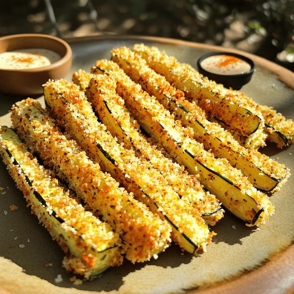 - 2 medium zucchinis - 1 cup panko breadcrumbs - ½ cup finely grated Parmesan cheese - 2 large eggs - Garlic powder - Onion powder - Paprika - Salt - Pepper To make crispy zucchini fries, you need fresh zucchinis. Choose ones that feel firm. The panko breadcrumbs give a great crunch. They are light and airy, perfect for frying. Parmesan cheese adds a nutty flavor. It also helps the coating stick to the fries. You will need two eggs for the egg wash. This step helps the breadcrumbs stick better. Garlic powder and onion powder add depth. Paprika gives a nice smokiness. Adjust salt and pepper to your taste. - Herbs and spices for extra flavor - Various dipping sauces Feel free to play with herbs. You can use dried thyme, basil, or oregano for a twist. Dipping sauces also add fun. Try ranch, marinara, or a spicy mayo. Each sauce can change the way you enjoy your fries. For the full recipe, check the detailed instructions above. First, you need to cut the zucchinis into fry shapes. Aim for long, thin strips. This helps them cook evenly. Next, set up your workstations. You’ll need a clean area for cutting, one for coating, and a baking sheet ready for the fries. Now, let's prepare the egg wash. In a bowl, beat the two eggs until they are mixed well. This will help the crumbs stick better. Next, mix your breadcrumb coating. In another bowl, combine the panko breadcrumbs, grated Parmesan cheese, garlic powder, onion powder, paprika, salt, and pepper. Stir this mix until everything is evenly blended. Before baking, preheat your oven to 425°F (220°C). Line a baking sheet with parchment paper to prevent sticking. Once your oven is hot, arrange the coated fries on the sheet. Place them in a single layer, making sure they do not overlap. This ensures they cook properly. Lightly spray the tops with olive oil for that golden finish. Bake the fries for 20-25 minutes. Remember to turn them halfway for even cooking. They should be golden brown and crispy when done. Enjoy them fresh out of the oven with your favorite dipping sauce! To get the best crunch from your zucchini fries, use panko breadcrumbs. Panko is lighter and airier than regular breadcrumbs, which helps them crisp up nicely. Here’s how to ensure even cooking: - Cut evenly: Make sure to cut the zucchinis into uniform fry shapes. This allows them to cook at the same rate. - Don’t overcrowd: When placing the fries on the baking sheet, space them out. Overlapping them traps moisture and makes them soggy. - Flip halfway through: Turning the fries halfway during cooking helps them brown evenly on all sides. When serving your crispy zucchini fries, presentation matters. Here are some ideas to make your dish pop: - Use a colorful plate: Choose a plate that contrasts with the golden color of the fries. This makes them stand out. - Arrange in a stack: Stack the fries in a small pile for a fun look. You can also place them in a cone-shaped paper holder for a casual vibe. Pair your fries with favorite dipping sauces. Ranch, marinara, or spicy aioli all work great. Dipping not only adds flavor but also makes eating more fun. You can find the full recipe for making these tasty bites and impress your family or guests. {{image_4}} You can switch up the cheese in this recipe. Try using mozzarella for a gooey, stretchy bite. Alternatively, go with cheddar for a sharp taste. You could even mix a few kinds for a fun twist. If you need gluten-free options, use crushed gluten-free crackers instead of panko breadcrumbs. You can also try almond flour for a nutty flavor. Each option gives a new texture and taste. Want to add some spice? Try adding cayenne pepper or chili powder to the breadcrumb mix. This gives your fries a nice kick. You can also add Italian seasoning for a herbaceous taste. Fresh herbs can make a big difference, too. Chop some parsley or basil and mix it into the breadcrumbs. This not only adds flavor but also makes your dish look beautiful. You can really make these fries your own! To keep your crispy zucchini fries fresh, cool them completely before storing. This step helps prevent moisture buildup, which can lead to sogginess. Place the fries in an airtight container. This method keeps them from drying out or absorbing odors from other foods. When it’s time to enjoy your leftover fries, reheat them in the oven. Set your oven to 375°F (190°C). This temperature helps restore their crunch. Spread the fries in a single layer on a baking sheet. Bake for about 10-15 minutes until they are warm and crispy again. Avoid using the microwave, as it can make them soggy. Enjoy your crispy zucchini fries just like they were fresh! For the full recipe, check the section above. To keep zucchini fries crispy, start with the right zucchini. Choose firm zucchinis. Look for those that feel heavy for their size. Avoid soft or overly large zucchinis, as they can be watery. Cut the zucchini into even fry shapes. This helps them cook evenly and reduces sogginess. After cutting, sprinkle them lightly with salt. Let them sit for about 10 minutes. This draws out extra moisture. Pat them dry with a paper towel before coating. This step is key to achieving that perfect crunch. Yes, you can fry zucchini fries! Frying gives them a different texture and taste. To fry, heat oil in a pan over medium heat. Dip the coated fries in hot oil, cooking in batches. Fry until golden, about 2-3 minutes per side. However, frying adds more fat and calories. If you want a lighter option, stick to baking. Baking still gives you crispy, flavorful fries. Zucchini fries are versatile and pair well with many dips. Here are some favorites: - Ranch dressing - A classic and creamy choice. - Marinara sauce - A tangy option for a fun twist. - Garlic aioli - Adds a rich, garlicky flavor. - Honey mustard - A sweet and tangy dip that complements the fries. Feel free to get creative! You can mix dips or try new flavors. Enjoy your crispy zucchini fries with a tasty sauce for the best experience. For the complete dish, check out the Full Recipe. This post covered how to make crispy zucchini fries. We talked about essential ingredients, like zucchini and panko. You learned step-by-step instructions for coating and baking. I shared tips for crispiness and how to store leftovers. In closing, these fries are fun to make and eat. You can add your own twist with spices or sauces. With simple steps, you'll create a tasty snack everyone will love. Enjoy your cooking!