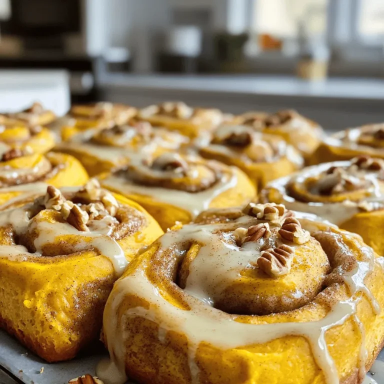 To make these delicious pumpkin cinnamon rolls, gather these simple ingredients: - 2 cups all-purpose flour - 1 cup pumpkin puree (canned or fresh) - 1/2 cup milk, warmed to about 110°F (43°C) - 1/4 cup granulated sugar - 1/4 cup brown sugar, packed - 1/4 cup unsalted butter, melted and slightly cooled - 1 large egg, at room temperature - 1 packet (2 1/4 tsp) active dry yeast - 1 teaspoon vanilla extract - 1 teaspoon ground cinnamon - 1/2 teaspoon ground nutmeg - 1/4 teaspoon ground ginger - 1/4 teaspoon salt - 1/2 cup chopped pecans or walnuts (optional) You can swap some ingredients if needed. Use almond milk for regular milk. Maple syrup can replace granulated sugar. If you don’t have brown sugar, use white sugar with a bit of molasses. For a dairy-free option, try coconut oil instead of butter. You can also use gluten-free flour for a gluten-free version. Make your rolls even tastier! Consider adding: - Chopped nuts like pecans or walnuts for crunch. - Raisins or dried cranberries for sweetness. - A pinch of cloves or cardamom for extra spice. - Chocolate chips if you want a sweet twist. These additions can give your rolls a unique flair. Enjoy your baking journey with these make-ahead pumpkin cinnamon rolls! For the full recipe, check out the original source. To start, we need to make the dough. First, combine the warmed milk with granulated sugar in a small bowl. Next, gently sprinkle the yeast over this mixture. Let it sit for about five minutes. You’ll see it froth; this means the yeast is active. In a large bowl, whisk the pumpkin puree, melted butter, egg, and vanilla extract. Mix until smooth. Then, pour in the frothy yeast mixture and stir gently. Now, in another bowl, mix the all-purpose flour, cinnamon, nutmeg, ginger, and salt. Gradually blend this into the pumpkin mixture. Stir until you form a soft, slightly sticky dough. Lightly flour a clean surface and knead the dough for about five minutes. You want it smooth and elastic. Transfer the dough to a greased bowl, cover it with a kitchen towel, and place it in a warm spot. Let it rise for about one hour or until it doubles in size. After the dough has risen, roll it out on a floured surface. Aim for a rectangle about 1/4-inch thick. Use a pastry brush to spread melted butter evenly over the dough. Sprinkle the brown sugar, ground cinnamon, and optional chopped nuts over the dough. Starting from one long edge, roll the dough tightly into a log. Pinch the seam to seal well. Now, slice the log into 12 equal pieces. Place the rolls in a greased baking dish, close but not touching. Cover the dish with plastic wrap. You can either refrigerate overnight or let it rise in a warm place for about 30 minutes if baking right away. Preheat your oven to 350°F (175°C). If the rolls were refrigerated, let them warm up while the oven preheats. Bake the rolls for 25 to 30 minutes. They should turn golden brown and puff up nicely. While baking, prepare the icing. In a small bowl, whisk together powdered sugar, softened cream cheese, milk, and a pinch of cinnamon. Mix until smooth. Once the rolls come out of the oven, drizzle the warm icing over the top. Enjoy your delicious make-ahead pumpkin cinnamon rolls! Check out the Full Recipe for more details. To get your dough to rise well, use warm milk. It helps wake up the yeast. I find that 110°F (43°C) is just right. Mix the yeast with sugar and warm milk. Let it sit for 5 minutes until it froths. This shows that the yeast is active. When you knead the dough, it should feel smooth and elastic. After kneading, place it in a warm spot. Cover it with a towel and let it rise for about one hour. When it doubles in size, it's ready to shape. For a richer taste, use fresh spices. Ground cinnamon, nutmeg, and ginger make a big difference. I also love to add brown sugar. It gives the rolls a nice caramel flavor. If you want to add more texture, sprinkle in some chopped nuts. Pecans or walnuts work great. They add a lovely crunch to your rolls. Drizzle your favorite icing on top after baking for extra sweetness. Sometimes, dough doesn’t rise properly. This can happen if the yeast is old. Always check the expiration date. If the rolls are too dense, you may have added too much flour. A sticky dough is good; it means moisture. If your rolls come out too dry, try adding more butter next time. Finally, if your icing is too thick, add a splash of milk until it’s smooth. For full details, check out the Full Recipe. {{image_4}} You can play with pumpkin spice in many ways. Try adding more cinnamon or nutmeg to boost the flavor. You could also mix in some allspice or cloves for a spicy kick. A dash of maple syrup in the dough adds a sweet touch that pairs well with pumpkin. This makes your rolls warm and cozy, perfect for fall. If you want to try new flavors, consider chocolate or apple. For chocolate, fold in chocolate chips into the dough or sprinkle them inside the rolls. For apple, mix in small apple pieces and some cinnamon. This gives a sweet and fruity twist. You can also use dried fruit like cranberries or raisins for a unique flavor. For gluten-free rolls, use a gluten-free flour blend. Many blends work well for baking. If you want vegan rolls, swap out the egg for a flaxseed egg. Simply mix one tablespoon of ground flaxseed with three tablespoons of water. Let it sit for a few minutes until it thickens. You can also use almond milk instead of regular milk. These changes make the rolls friendly for many diets. Feel free to explore these variations. They make your make-ahead pumpkin cinnamon rolls even more fun and tasty! For the full recipe, check out the instructions to get started! To store leftover pumpkin cinnamon rolls, cool them completely first. Place them in an airtight container. If you have more than one layer, separate them with parchment paper. This prevents sticking. You can keep them at room temperature for 2 days. For longer storage, put them in the fridge. They will last up to a week in the fridge. You can freeze these rolls for easy future treats! After slicing the rolls, place them in a single layer on a baking sheet. Freeze them for about 1 hour, or until firm. Then, transfer them to a freezer-safe bag. They can stay in the freezer for up to 3 months. When you're ready to bake, just take them out and let them thaw overnight in the fridge. To reheat your rolls, preheat the oven to 350°F (175°C). Place the rolls on a baking sheet. You can cover them with foil to keep them moist. Heat for about 10-15 minutes. If you want them extra warm, you can microwave them for 15-20 seconds. Enjoy your warm, gooey pumpkin cinnamon rolls just like fresh! For more tips and the full recipe, check the Full Recipe section. Yes, you can make these cinnamon rolls the night before. After rolling and cutting the dough, place the rolls in a greased dish. Cover them tightly with plastic wrap and put them in the fridge. In the morning, let them sit at room temperature for about 30 minutes. Then, bake as usual. This makes breakfast easy and tasty! The rolls stay fresh for about 2 to 3 days at room temperature. Store them in an airtight container to keep their softness. If you want to keep them longer, you can freeze them. Just make sure to wrap them well in plastic wrap and foil. If you do not have pumpkin puree, you can use applesauce, mashed sweet potatoes, or mashed bananas. Each of these will give a different taste but will work well. Make sure to choose a puree that is smooth to keep the texture nice. Absolutely! You can add extra frosting if you want. Just mix more powdered sugar with cream cheese and milk. Drizzle it over the warm rolls for a sweet touch. You can also use different flavors, like maple or vanilla, to change it up. To keep the rolls soft after baking, store them in an airtight container. You can also place a slice of bread in the container with them. The bread will help keep the rolls moist and soft. If you need to reheat them, wrap them in a damp paper towel and microwave for a few seconds. In this post, we explored every step to make great cinnamon rolls. We reviewed ingredients, instructions, tips, and tasty variations. Remember to use the right substitutions for your needs and always test your dough for the best rise. You can make adjustments to flavors or diet types as you wish. Finally, don’t forget to store any leftovers properly for later enjoyment. With these guidelines, baking delicious cinnamon rolls can be fun and easy for anyone. Enjoy crafting these treats with your personal touch!