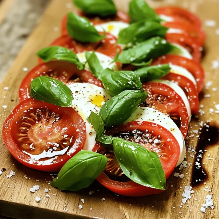 - Types of tomatoes to use: I recommend ripe heirloom or vine-ripened tomatoes. They are sweet and juicy. You want tomatoes that feel firm but not hard. - Recommended mozzarella options: Use fresh mozzarella for the best taste. Burrata is also a great choice if you want creaminess. - Importance of fresh basil: Fresh basil adds a fragrant touch. Look for vibrant green leaves. It elevates the salad’s flavor and aroma. - Advantages of high-quality extra virgin olive oil: High-quality extra virgin olive oil enhances the salad’s richness. It brings out the flavors of the tomatoes and cheese. - Selecting the right balsamic glaze: Choose a thick, sweet balsamic glaze. It should not be too vinegary. A good glaze adds a nice balance to the salad. - Seasoning tips for enhanced flavor: Use fresh cracked black pepper and salt. They bring out the natural flavors of the ingredients. Don't skip this step for a tasty salad! You can find the Caprese Delight Salad recipe here. This recipe serves four people. Each serving has about 200 calories. It offers a fresh taste and healthy nutrients. Enjoy the vibrant colors and flavors! First, wash your tomatoes and fresh basil leaves. Rinse them under cool water. This step helps remove dirt and any unwanted residues. After washing, gently pat them dry with a clean kitchen towel. Next, slice the tomatoes and mozzarella into 1/4-inch thick rounds. A sharp knife works best for this. Try to keep the slices even. This helps everything look nice and makes the salad easier to eat. Now comes the fun part—assembling the salad! Use a large, flat platter or a rustic wooden board for serving. Start by laying down your tomato and mozzarella slices in an alternating pattern. You can overlap them slightly. This creates a colorful spiral or circular design that is pleasing to the eye. As you arrange the slices, tuck fresh basil leaves in between. This adds great flavor and a beautiful look. The green basil contrasts nicely with the red tomatoes and white mozzarella. In a small bowl, mix balsamic glaze with high-quality extra virgin olive oil. Use a whisk or a fork to blend them well. You want a smooth mixture that combines the flavors. When it's ready, carefully drizzle this dressing over your salad. Make sure to cover all the slices evenly. This way, every bite bursts with flavor. Finally, sprinkle a bit of salt and freshly cracked black pepper on top. This enhances the flavors. Let the salad sit for about 5 minutes before serving. This brief wait lets the flavors mix together nicely. For the full recipe, check out the Caprese Delight Salad section. Enjoy this easy and delightful dish! When making a fresh Caprese salad, choose ripe, juicy tomatoes. Look for tomatoes that feel heavy for their size. The skin should be smooth and slightly shiny. A good tomato has a sweet aroma, especially around the stem. For mozzarella, fresh is best. Select mozzarella that is creamy and soft. It should feel slightly springy to the touch. Avoid any cheese that looks dry or has a rubbery texture. Basil is key for flavor. Pick vibrant green leaves without brown spots. Store basil in a jar of water, like a bouquet. Cover it with a plastic bag to keep it fresh longer. Caprese salad pairs well with many dishes. Serve it as a side with grilled meats or seafood. It also works great as a starter with crusty bread. For presentation, layer the salad on a large platter. Drizzle the dressing artfully over the top. Add a few whole basil leaves for a pop of color. You can also sprinkle some coarse sea salt for texture. To boost the flavors, consider adding a pinch of sea salt and fresh cracked black pepper. These spices enhance the taste of the tomatoes and cheese. You can also mix in olives for a briny kick. Sliced avocados add creaminess and richness. Try adding roasted peppers for a unique twist. For more details, check out the Full Recipe for Caprese Delight Salad. {{image_4}} Caprese salad shines with many regional flavors. You can explore Mediterranean influences by adding ingredients like olives or sun-dried tomatoes. These additions bring a unique twist to the dish, enhancing its flavor and texture. You can also try different cheeses. Instead of mozzarella, use burrata for a creamy, rich taste. Goat cheese can add a tangy kick, while feta brings a salty depth. If you're vegan, there are great options for mozzarella. Look for plant-based mozzarella made from nuts or soy. These choices melt well and maintain the classic Caprese taste. For gluten-free needs, this salad is already safe. Just avoid any gluten-containing bread or crackers on the side. Fresh Caprese salad can change with the seasons. In summer, add juicy heirloom tomatoes for vibrant color and taste. In fall, roasted squash or pumpkin seeds can give a warm flavor. You can also use seasonal vegetables like asparagus in spring. The key is to adjust based on what is fresh and available. To store leftovers, place the salad in an airtight container. This helps keep it fresh. You can store it in the fridge for up to two days. The tomatoes and mozzarella taste best when fresh, but they will hold up. If you prep the ingredients separately, they can last longer. Sliced tomatoes can stay fresh for three days, and mozzarella can last up to a week. Caprese salad is best served cold, so reheating isn't needed. If you want to refresh the flavor, add a splash of balsamic glaze. This will lift the taste. Enjoying it cold keeps the ingredients crisp and tasty. Serve your salad cold or at room temperature for the best flavor. If you take it out of the fridge, let it sit for about 10 minutes before serving. This small wait helps the flavors blend. A cooler salad feels refreshing, especially on a hot day. Enjoy your Caprese Delight Salad as a light meal or appetizer! Fresh Caprese Salad tastes best when served right away. If you have leftovers, store them in the fridge. They can last about one day. Make sure to keep it in an airtight container. This keeps the flavors fresh. For best taste, eat it soon after making. You can prepare some parts in advance. Slice the tomatoes and cheese, then store them separately. Wait to add the basil until right before serving. If you dress the salad early, it may get soggy. Aim to dress it just before serving for the best taste and texture. Use ripe tomatoes for the best flavor. Heirloom tomatoes are a great choice. They have a rich taste and nice colors. Roma tomatoes are firm and juicy too. Cherry tomatoes can add sweetness and fun size. Each type gives a different taste to your salad. You can add proteins to make it heartier. Grilled chicken or shrimp works well. For a vegetarian option, try chickpeas or white beans. You can also add nuts, like pine nuts or walnuts. This adds crunch and more flavor. Get creative and make it your own! In this post, we covered the essentials for a perfect Caprese salad. We discussed choosing fresh tomatoes, mozzarella, and basil for the best flavor. I shared tips on pantry must-haves like high-quality olive oil and balsamic glaze. The step-by-step guide helps you prepare, assemble, and dress the salad simply. Remember to adjust for dietary needs and enjoy seasonally. With these tips, you can make a delicious salad that impresses everyone. Keep experimenting and enjoy the fresh taste of each ingredient.