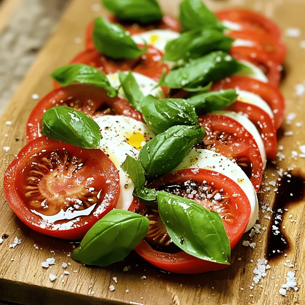 - Types of tomatoes to use: I recommend ripe heirloom or vine-ripened tomatoes. They are sweet and juicy. You want tomatoes that feel firm but not hard. - Recommended mozzarella options: Use fresh mozzarella for the best taste. Burrata is also a great choice if you want creaminess. - Importance of fresh basil: Fresh basil adds a fragrant touch. Look for vibrant green leaves. It elevates the salad’s flavor and aroma. - Advantages of high-quality extra virgin olive oil: High-quality extra virgin olive oil enhances the salad’s richness. It brings out the flavors of the tomatoes and cheese. - Selecting the right balsamic glaze: Choose a thick, sweet balsamic glaze. It should not be too vinegary. A good glaze adds a nice balance to the salad. - Seasoning tips for enhanced flavor: Use fresh cracked black pepper and salt. They bring out the natural flavors of the ingredients. Don't skip this step for a tasty salad! You can find the Caprese Delight Salad recipe here. This recipe serves four people. Each serving has about 200 calories. It offers a fresh taste and healthy nutrients. Enjoy the vibrant colors and flavors! First, wash your tomatoes and fresh basil leaves. Rinse them under cool water. This step helps remove dirt and any unwanted residues. After washing, gently pat them dry with a clean kitchen towel. Next, slice the tomatoes and mozzarella into 1/4-inch thick rounds. A sharp knife works best for this. Try to keep the slices even. This helps everything look nice and makes the salad easier to eat. Now comes the fun part—assembling the salad! Use a large, flat platter or a rustic wooden board for serving. Start by laying down your tomato and mozzarella slices in an alternating pattern. You can overlap them slightly. This creates a colorful spiral or circular design that is pleasing to the eye. As you arrange the slices, tuck fresh basil leaves in between. This adds great flavor and a beautiful look. The green basil contrasts nicely with the red tomatoes and white mozzarella. In a small bowl, mix balsamic glaze with high-quality extra virgin olive oil. Use a whisk or a fork to blend them well. You want a smooth mixture that combines the flavors. When it's ready, carefully drizzle this dressing over your salad. Make sure to cover all the slices evenly. This way, every bite bursts with flavor. Finally, sprinkle a bit of salt and freshly cracked black pepper on top. This enhances the flavors. Let the salad sit for about 5 minutes before serving. This brief wait lets the flavors mix together nicely. For the full recipe, check out the Caprese Delight Salad section. Enjoy this easy and delightful dish! When making a fresh Caprese salad, choose ripe, juicy tomatoes. Look for tomatoes that feel heavy for their size. The skin should be smooth and slightly shiny. A good tomato has a sweet aroma, especially around the stem. For mozzarella, fresh is best. Select mozzarella that is creamy and soft. It should feel slightly springy to the touch. Avoid any cheese that looks dry or has a rubbery texture. Basil is key for flavor. Pick vibrant green leaves without brown spots. Store basil in a jar of water, like a bouquet. Cover it with a plastic bag to keep it fresh longer. Caprese salad pairs well with many dishes. Serve it as a side with grilled meats or seafood. It also works great as a starter with crusty bread. For presentation, layer the salad on a large platter. Drizzle the dressing artfully over the top. Add a few whole basil leaves for a pop of color. You can also sprinkle some coarse sea salt for texture. To boost the flavors, consider adding a pinch of sea salt and fresh cracked black pepper. These spices enhance the taste of the tomatoes and cheese. You can also mix in olives for a briny kick. Sliced avocados add creaminess and richness. Try adding roasted peppers for a unique twist. For more details, check out the Full Recipe for Caprese Delight Salad. {{image_4}} Caprese salad shines with many regional flavors. You can explore Mediterranean influences by adding ingredients like olives or sun-dried tomatoes. These additions bring a unique twist to the dish, enhancing its flavor and texture. You can also try different cheeses. Instead of mozzarella, use burrata for a creamy, rich taste. Goat cheese can add a tangy kick, while feta brings a salty depth. If you're vegan, there are great options for mozzarella. Look for plant-based mozzarella made from nuts or soy. These choices melt well and maintain the classic Caprese taste. For gluten-free needs, this salad is already safe. Just avoid any gluten-containing bread or crackers on the side. Fresh Caprese salad can change with the seasons. In summer, add juicy heirloom tomatoes for vibrant color and taste. In fall, roasted squash or pumpkin seeds can give a warm flavor. You can also use seasonal vegetables like asparagus in spring. The key is to adjust based on what is fresh and available. To store leftovers, place the salad in an airtight container. This helps keep it fresh. You can store it in the fridge for up to two days. The tomatoes and mozzarella taste best when fresh, but they will hold up. If you prep the ingredients separately, they can last longer. Sliced tomatoes can stay fresh for three days, and mozzarella can last up to a week. Caprese salad is best served cold, so reheating isn't needed. If you want to refresh the flavor, add a splash of balsamic glaze. This will lift the taste. Enjoying it cold keeps the ingredients crisp and tasty. Serve your salad cold or at room temperature for the best flavor. If you take it out of the fridge, let it sit for about 10 minutes before serving. This small wait helps the flavors blend. A cooler salad feels refreshing, especially on a hot day. Enjoy your Caprese Delight Salad as a light meal or appetizer! Fresh Caprese Salad tastes best when served right away. If you have leftovers, store them in the fridge. They can last about one day. Make sure to keep it in an airtight container. This keeps the flavors fresh. For best taste, eat it soon after making. You can prepare some parts in advance. Slice the tomatoes and cheese, then store them separately. Wait to add the basil until right before serving. If you dress the salad early, it may get soggy. Aim to dress it just before serving for the best taste and texture. Use ripe tomatoes for the best flavor. Heirloom tomatoes are a great choice. They have a rich taste and nice colors. Roma tomatoes are firm and juicy too. Cherry tomatoes can add sweetness and fun size. Each type gives a different taste to your salad. You can add proteins to make it heartier. Grilled chicken or shrimp works well. For a vegetarian option, try chickpeas or white beans. You can also add nuts, like pine nuts or walnuts. This adds crunch and more flavor. Get creative and make it your own! In this post, we covered the essentials for a perfect Caprese salad. We discussed choosing fresh tomatoes, mozzarella, and basil for the best flavor. I shared tips on pantry must-haves like high-quality olive oil and balsamic glaze. The step-by-step guide helps you prepare, assemble, and dress the salad simply. Remember to adjust for dietary needs and enjoy seasonally. With these tips, you can make a delicious salad that impresses everyone. Keep experimenting and enjoy the fresh taste of each ingredient.