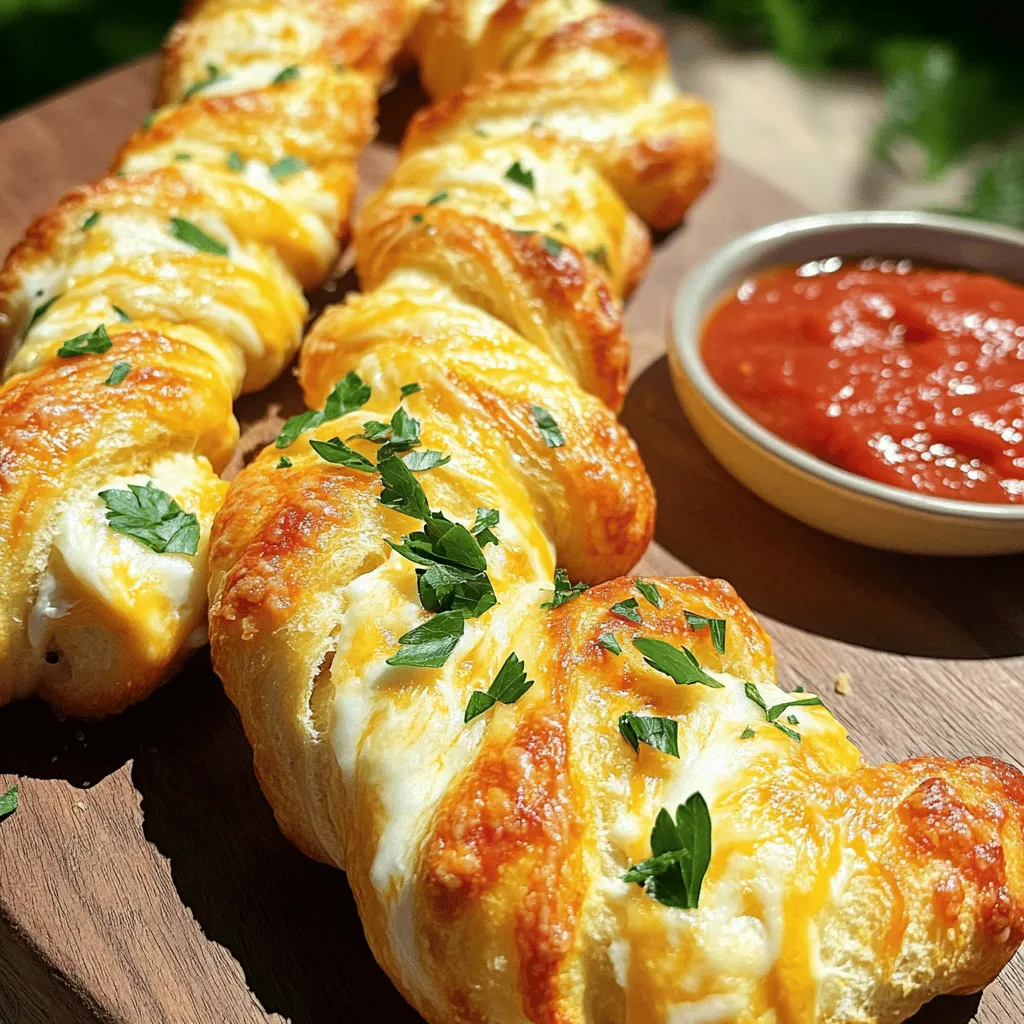 Making easy cheesy garlic bread twists is fun and simple. You only need a few key ingredients to create this tasty treat. This recipe uses pizza dough as the base, topped with melted butter, garlic, and two types of cheese. The mix of flavors gives these twists a delightful taste that you can enjoy anytime. - Pizza dough: This is the main ingredient. You can buy it pre-made in a tube or make it from scratch. Using refrigerated pizza dough saves time and makes this recipe super easy. - Cheese varieties: For this recipe, I like to use shredded mozzarella cheese and grated Parmesan cheese. Mozzarella melts well and gets gooey, while Parmesan adds a nice salty flavor. You can mix in other cheeses if you prefer. - Seasonings: Garlic is the star here. I use three cloves of minced garlic to add that strong, savory taste. Dried oregano and parsley enhance the flavor even more. A little salt and pepper round out the flavors nicely. These ingredients come together to create cheesy garlic bread twists that are perfect for sharing or enjoying alone. If you want to see the complete recipe, check out the Full Recipe above. To start, preheat your oven to 400°F (200°C). This step helps the twists bake evenly. Next, grab a baking sheet and line it with parchment paper. This will stop the twists from sticking. Now, let’s make the garlic butter. In a small bowl, mix together 4 tablespoons of melted unsalted butter, 3 minced garlic cloves, 1 teaspoon of dried oregano, and 1 teaspoon of dried parsley. Add a pinch of salt and pepper. Stir it well until everything blends nicely. Next, dust your clean work surface with a little flour. Unroll the tube of refrigerated pizza dough. Roll it out into a rectangle about ¼ inch thick. Try to keep the edges even for the best shape. Once rolled out, brush the garlic butter mixture all over the dough. Make sure to save some for later! Then, sprinkle 1 cup of shredded mozzarella cheese and ½ cup of grated Parmesan cheese evenly across the dough. Cover every inch to get that cheesy goodness. Using a pizza cutter, slice the dough into long strips that are about 1 inch wide. Now comes the fun part—twisting! Take each strip and twist it several times to form a spiral shape. Place each twist on the baking sheet, leaving some space between them for even baking. Before you pop them in the oven, brush the tops with any leftover garlic butter. This adds more flavor! Bake the twists for 12-15 minutes. You want them to turn golden brown and see the cheese bubbling. To ensure even cooking, space the twists apart on the baking sheet. This way, hot air can flow around each one. Also, keep an eye on them as they bake. If you notice some are browning faster, you can rotate the baking sheet halfway through the cooking time. Following these steps will help you create delicious Easy Cheesy Garlic Bread Twists. For the full recipe, check out the recipe section above. Enjoy your tasty treat! When making cheesy garlic bread twists, avoid using too much flour while rolling. This can dry out the dough. Also, don’t skip the garlic butter. It adds flavor and keeps the twists moist. Ensure your oven is fully preheated before baking. This helps the twists rise and brown evenly. Lastly, resist the urge to overcrowd the baking sheet. Give each twist space to expand and cook properly. To boost the flavor, try adding fresh herbs like basil or thyme to the garlic butter. You can also mix in some crushed red pepper for a spicy kick. For a richer taste, use a blend of cheeses. Mixing mozzarella with Gouda or cheddar creates a unique flavor profile. To improve texture, let the dough sit for a few minutes after rolling. This relaxes the gluten and makes twisting easier. For perfect twists, ensure your dough is evenly rolled out to about ¼ inch thick. Use a sharp knife for clean cuts when slicing into strips. Twist each strip tightly but not too much, or they may lose shape. Apply a light brush of garlic butter on top before baking for a glossy finish. Finally, watch your twists closely during the last few minutes of baking. Remove them when they are golden brown and the cheese is bubbly for the best results. For the full recipe, check out the original source. {{image_4}} You can make these twists a bit healthier. Use whole wheat pizza dough instead of regular. This adds fiber, which is great for your body. You can also swap out butter for olive oil. Olive oil adds good fats and a nice flavor. For a lighter twist, try using less cheese or low-fat versions. This way, you still enjoy a cheesy treat without too many calories. You can easily spice up these twists with extra flavors. Add red pepper flakes for heat. Mix in chopped sun-dried tomatoes for a tangy bite. Fresh herbs like basil or thyme can also enhance the taste. Truffle oil drizzled on top before serving adds a touch of luxury. Get creative and make these twists your own! While mozzarella and Parmesan are classic, try other cheeses. Cheddar gives a sharp flavor that many love. A mix of gouda and fontina will create a rich taste. For something fun, use pepper jack for a spicy kick. The cheese you choose can change the whole vibe of your twists. Experiment with different blends to find your favorite! For the full recipe, check out the details above. Enjoy your cooking! To keep your cheesy garlic bread twists fresh, store them in an airtight container. Make sure the twists are completely cool before sealing. This helps prevent sogginess. You can keep them at room temperature for one day. If you need them to last longer, refrigerate them for up to three days. When you are ready to enjoy your leftovers, you can reheat them easily. Preheat your oven to 350°F (175°C). Place the twists on a baking sheet. Heat them for about 10 minutes. This will help restore their crispy texture and warm the cheese inside. If you want, you can cover them with foil to keep them moist. If you want to save your cheesy garlic twists for later, freezing is a great option. Place the cooled twists in a freezer-safe bag. Be sure to remove as much air as possible before sealing. You can freeze them for up to two months. When you are ready to eat them, thaw overnight in the fridge. Reheat as directed above for best results. For the full recipe, check out the earlier section to make these tasty treats! You can prepare the cheesy garlic bread twists in advance. Make them up to the point before baking. After twisting, place them on a baking sheet and cover with plastic wrap. Store them in the fridge for up to 24 hours. When ready, simply bake them straight from the fridge. This saves time and keeps them fresh. Yes, fresh dough works well for these twists. It may require a bit more rolling. Be sure to roll it out to the same thickness as refrigerated dough. Fresh dough can give a softer texture. Just keep an eye on the baking time, as it might vary a bit. These twists pair great with many dishes. You can serve them with marinara sauce for dipping. They also work well as a side with pasta or salad. For a fun twist, use them as a base for mini pizzas. Your guests will love the cheesy goodness! In this post, I covered how to make cheesy garlic bread twists. We explored the key ingredients like pizza dough, cheese, and seasonings. I gave step-by-step instructions for preparation and baking, plus tips to avoid common mistakes. You also learned about healthy variations and how to store leftovers. Making these twists can be fun and rewarding. With a few simple steps, you can enjoy a delicious treat any time. Now, get in the kitchen and create your perfect twists!