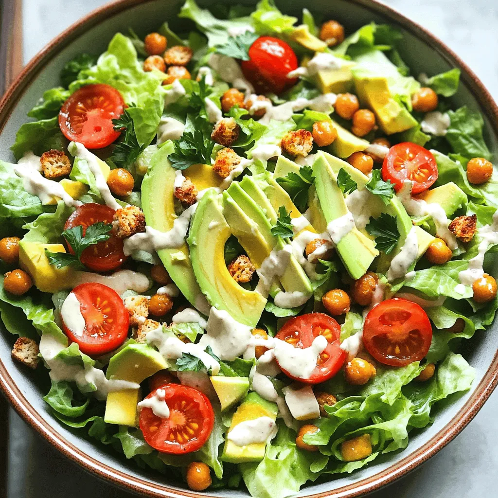 To create a delicious Vegan Caesar Salad, gather these key ingredients: - 1 large head of romaine lettuce, thoroughly chopped - 1 cup cherry tomatoes, beautifully halved - 1 ripe avocado, delicately sliced - 1 cup chickpeas, roasted to crispy perfection - ½ cup whole grain croutons for added texture - ¼ cup nutritional yeast for a cheesy flavor - 2 tablespoons tahini for creaminess - 2 tablespoons fresh lemon juice for brightness - 1 tablespoon Dijon mustard for a kick - 1 garlic clove, finely minced - Salt and pepper to taste - Fresh parsley, roughly chopped (for garnish) These ingredients make the salad vibrant and full of flavor. The romaine lettuce serves as a crisp base. The cherry tomatoes add sweetness, while avocado gives it a creamy touch. Roasted chickpeas not only provide crunch but also protein. Nutritional yeast gives a cheesy taste without dairy, making it perfect for a vegan dish. The dressing combines tahini, lemon juice, Dijon mustard, garlic, and nutritional yeast. This mix creates a rich and tangy flavor that ties all the salad components together. You can find the full recipe [here](#). When you gather all these fresh ingredients, you set the stage for a tasty and healthy meal. Enjoy the process of prepping and assembling your Vegan Caesar Salad! Start by taking a small bowl. Add tahini, fresh lemon juice, Dijon mustard, and minced garlic. Add nutritional yeast for a cheesy flavor. Whisk them together until smooth and creamy. If the dressing feels thick, add water a little at a time. This helps you reach the right consistency. Taste your dressing and adjust salt and pepper to your liking. Next, preheat your oven to 400°F (200°C). Drain and rinse your chickpeas well. Spread them out on a baking sheet. Drizzle with olive oil and season with salt and pepper. Roast them in the oven for about 20-25 minutes. Shake the pan halfway through for even cooking. You want them crispy and golden brown, which adds a nice crunch to your salad. Now it’s time to put it all together. In a large salad bowl, add the chopped romaine lettuce, halved cherry tomatoes, and sliced avocado. Drizzle your prepared dressing over the salad ingredients. Use salad tongs or two large spoons to gently toss everything together. Make sure all the ingredients are coated in that creamy dressing. For the final touch, sprinkle the crispy roasted chickpeas and whole grain croutons on top. This adds extra crunch and protein. To elevate your dish, sprinkle some chopped fresh parsley for color and flavor. Enjoy your Vegan Caesar Salad as a fresh delight! If you want to explore more, check out the Full Recipe. When you make a Vegan Caesar Salad, fresh ingredients are key. Here’s how to select the best: - Romaine Lettuce: Look for crisp leaves with a bright green color. Avoid any that look wilted or brown. - Cherry Tomatoes: Pick tomatoes that are firm and shiny. They should feel heavy for their size. - Avocado: Choose avocados that are slightly soft, but not mushy. Check if they have a nice green color inside. Adjusting the seasoning can make your salad shine. Here are some tips to get it just right: - Salt and Pepper: Start with a pinch of salt and a few cracks of pepper. You can always add more. - Dressing: Taste the dressing before adding it to the salad. If it needs more flavor, add a dash more lemon juice or mustard. You can mix up your Vegan Caesar Salad by adding other veggies. Here are some ideas: - Cucumber: Sliced cucumber adds crunch and freshness. - Bell Peppers: Diced bell peppers bring color and sweetness. If you want to switch out chickpeas, try these: - Tofu: Firm tofu, cubed and roasted, gives a nice texture. - Edamame: Add shelled edamame for a protein boost and a pop of green. How you serve your salad can impress your guests. Here are some creative ideas: - Large Bowl: Serve the salad in a big, beautiful bowl for family-style dining. - Individual Plates: Plate the salad in single servings for a more elegant touch. To enhance the visual appeal, consider these garnishes: - Extra Avocado: Place a few slices around the edge of the bowl. - Nutritional Yeast: A light sprinkle on top adds a nice finishing touch and extra flavor. For the full recipe, check out the Chic Vegan Caesar Salad 🥗. {{image_4}} To keep your Vegan Caesar Salad fresh, store it in an airtight container. This helps prevent any unwanted moisture. If you want the best taste, separate the dressing from the salad. The lettuce can wilt if it sits in the dressing too long. Place the dressing in a small jar or container. This way, you can mix it in just before you eat. In the fridge, the salad will last about 3 days. After that, it may lose its crunch. Always check for signs of spoilage. Look for brown or slimy lettuce. If the salad smells off or has a strange texture, it’s best to toss it. Keeping an eye on freshness ensures you enjoy the best flavors. If you want to extend shelf life, consider preparing ingredients separately. This keeps everything tasting great longer. You can use several alternatives to mimic that cheesy flavor. Some good options include: - Grated vegan cheese - Ground sunflower seeds - Parmesan-style nut cheese To boost flavor, consider these seasonings: - Smoked paprika for a smoky touch - Garlic powder for extra depth - Lemon zest for brightness These substitutes help maintain a delicious taste in your Vegan Caesar Salad. Yes, you can easily adapt this recipe to be gluten-free. Here are some suggestions: - Use gluten-free bread to make croutons. - Check the Dijon mustard label to ensure it is gluten-free. You can also use tamari instead of soy sauce in dressings for a gluten-free option. Absolutely! This salad is great for meal prep. Here are some tips: - Prepare the dressing and store it separately. - Keep the lettuce, tomatoes, and avocado in airtight containers to stay fresh. To maintain the salad's crunch, add toppings just before serving. This way, every bite remains tasty and crisp. This Vegan Caesar Salad is a fresh delight. It uses simple ingredients that pack a big punch. Here’s a closer look at the key ingredients and their benefits: - Romaine lettuce: Crunchy and full of fiber, it adds a great base. - Cherry tomatoes: Sweet and juicy, they bring color and vitamins. - Avocado: Creamy and rich in healthy fats, it adds smoothness. - Roasted chickpeas: Packed with protein, they provide crunch and satisfaction. - Whole grain croutons: They add texture and a hearty feel to the salad. - Nutritional yeast: This gives a cheesy flavor while being vegan. - Tahini: Creamy and nutty, it adds richness to the dressing. - Lemon juice: Brightens the dish and adds a zesty taste. - Dijon mustard: Adds a tangy kick that enhances flavor. - Garlic: A must for depth, it brings warmth and aroma. - Fresh parsley: Used for garnish, it adds a pop of color and freshness. In terms of nutrition, this salad is a powerhouse. Each serving has around 300 calories. You get healthy fats from avocado, protein from chickpeas, and vitamins from veggies. This salad serves four and is perfect for sharing or meal prep. To learn more about vegan cooking, check out links to nutritional information and video tutorials. Websites like Forks Over Knives and Minimalist Baker offer great tips. You can also find the best practices for vegan cooking techniques online. These resources will help you explore more about plant-based meals and how to make them shine. This blog post highlighted how to create a tasty Vegan Caesar Salad. We explored key ingredients, from fresh romaine to crispy roasted chickpeas. We walked through making a creamy dressing and assembling the salad. Don't forget to try different veggies or substitutes for a fresh twist. Store leftovers smartly to keep them fresh. With these steps, you can enjoy a delightful, healthy meal anytime. Eating well can be simple and fun!