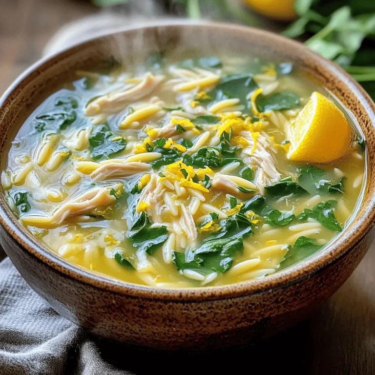 To make this One-Pot Lemon Chicken Orzo Soup, you will need: - 1 tablespoon olive oil - 1 medium onion, diced - 2 cloves garlic, minced - 3 medium carrots, sliced into rounds - 2 celery stalks, diced - 1 pound boneless, skinless chicken breasts - 6 cups chicken broth (homemade or low-sodium) - 1 cup orzo pasta - 1 tablespoon fresh thyme leaves (or 1 teaspoon dried thyme) - 1 bay leaf - Juice of 1 large lemon - Salt and freshly ground black pepper to taste - 2 cups fresh spinach, roughly chopped - Zest of 1 lemon - Chopped fresh parsley for garnish If you don't have certain items, here are some easy swaps: - Chicken: Use rotisserie chicken for quicker prep. - Broth: Vegetable broth works well for a lighter flavor. - Orzo: Substitute with any small pasta, like ditalini or couscous. - Spinach: Kale or Swiss chard can replace spinach. - Thyme: Oregano or basil gives a nice twist if you lack thyme. To make this soup, gather these tools: - Large pot or Dutch oven - Wooden spoon for stirring - Chef's knife for chopping - Cutting board for prep - Measuring cups and spoons for accuracy This One-Pot Lemon Chicken Orzo Soup is not just easy to make; it’s also a dish that brings comfort and joy. You can find the full recipe in the main article. Enjoy cooking! To make One-Pot Lemon Chicken Orzo Soup, start by heating olive oil in a large pot over medium heat. Add diced onion and cook for about 3-4 minutes. You want the onion soft and fragrant. Next, stir in minced garlic, sliced carrots, and diced celery. Cook this mix for another 5 minutes. The veggies should get a bit tender. Now, season your chicken breasts with salt and pepper. Place them in the pot with the veggies. Pour in the chicken broth and add fresh thyme and a bay leaf. Bring it all to a boil. Once boiling, lower the heat to a gentle simmer. Cover and let it cook for 15-20 minutes. The chicken should be fully cooked by now. After that, carefully take the chicken out and shred it. You can use two forks for this. Return the shredded chicken back into the pot. Then, add orzo pasta and let it simmer for 8-10 minutes. Stir it to keep it from sticking. Once the orzo is tender, add chopped spinach, lemon juice, and lemon zest. Stir until the spinach wilts and mixes in. Taste and adjust the seasoning as you like. Finally, don’t forget to remove the bay leaf before serving. To ensure your chicken stays juicy, avoid overcooking it. Cooking it just until it’s no longer pink is key. If you have a meat thermometer, aim for an internal temperature of 165°F. You can also brine the chicken in salt water for an hour before cooking. This helps to lock in moisture. Serve your soup in warm bowls for comfort. I recommend garnishing with fresh parsley and a lemon wedge. This adds a nice pop of color and flavor. Pair it with crusty bread to soak up all the tasty broth. For more flavor, you can sprinkle some extra thyme on top. Check out the [Full Recipe] for more details! One common mistake is overcooking the orzo. Keep an eye on it while it cooks. It should be tender but not mushy. Another mistake is not seasoning enough. Taste the soup often and add salt or pepper as needed. Lastly, avoid skipping the lemon juice. It brightens the dish and adds zest. To boost flavor, use homemade chicken broth if you can. It adds depth that store-bought broth might lack. Fresh herbs like thyme and parsley also make a big difference. You can add a pinch of red pepper flakes for some heat. A splash of white wine before adding the broth can also enhance the taste. If you want a thicker soup, try adding more orzo. It absorbs liquid as it cooks. You can also blend a small amount of the soup and stir it back in. This creates a creamy texture without adding cream. Lastly, cooking the soup longer helps reduce the liquid if you prefer a heartier dish. For the full recipe, check out the details above! {{image_4}} You can easily boost the health and flavor of your soup by adding more vegetables. Consider using: - Zucchini, diced - Bell peppers, chopped - Green beans, trimmed and cut - Peas, fresh or frozen These veggies add color, taste, and nutrients. Just toss them into the pot when you add the carrots and celery. They will cook down nicely and blend with the soup. If you want to change the protein, there are many tasty options. Try: - Cooked shredded rotisserie chicken - Diced turkey breast - Tofu, cubed and sautéed - Chickpeas, canned and drained Each option gives a different flavor and texture. If using cooked chicken or turkey, add it in the last few minutes of cooking. For tofu or chickpeas, add them when you add the orzo. To make this soup gluten-free, swap the orzo for a gluten-free pasta. There are many brands available. You can also use: - Quinoa - Rice These options work well in soup. If using rice, add it early in the cooking process so it cooks through. For quinoa, add it along with the orzo. This keeps your soup both tasty and gluten-free. For the full recipe, refer to the earlier section. After you enjoy your One-Pot Lemon Chicken Orzo Soup, let it cool first. Pour any leftovers into an airtight container. Store it in the fridge for up to three days. Make sure to label the container with the date. This way, you know when to eat it. You can freeze this soup for longer storage. Use freezer-safe containers or bags. Leave some space at the top, as the soup will expand as it freezes. It stays good for about three months in the freezer. To avoid freezer burn, make sure the containers are sealed tightly. When it’s time to eat your soup again, thaw it overnight in the fridge if frozen. You can reheat it on the stove over low heat. Stir it often to heat it evenly. If the soup seems too thick, add a splash of broth or water. You want it to be just right! For the best taste, enjoy it within a few days after reheating. For the full recipe, check here. You can use many herbs in this soup. Fresh parsley adds a nice touch. Dill works well for a fresh flavor. Oregano gives a warm taste. Basil can also add a sweet note. If you like a punch, try rosemary. Just remember to use less if it’s dried. Yes, you can prepare this soup ahead of time. Make it a day before serving. Store it in the fridge once it cools. The flavors will deepen overnight. Just add the fresh spinach and lemon right before serving. This keeps them bright and fresh. To make it creamy, add some dairy. Heavy cream or half-and-half works great. Stir in about half a cup near the end of cooking. For a lighter option, try Greek yogurt. Add a few spoonfuls just before serving for a tangy twist. This soup is quite healthy. It has lean chicken for protein. The veggies provide fiber and vitamins. Spinach adds iron and nutrients. Using low-sodium broth keeps sodium in check. Pair it with whole-grain bread for a balanced meal. You can feel good serving this dish! For the complete recipe, check out the Full Recipe. This blog gave you a complete guide to making lemon chicken orzo soup. We covered the key ingredients, helpful substitutions, and tools to make cooking easy. You learned about step-by-step cooking methods and how to avoid common mistakes. We also discussed tasty variations and storage tips for leftovers. Finally, I answered your most common questions. Remember, cooking should be fun and flavorful. Use this guide to enjoy your soup adventure!