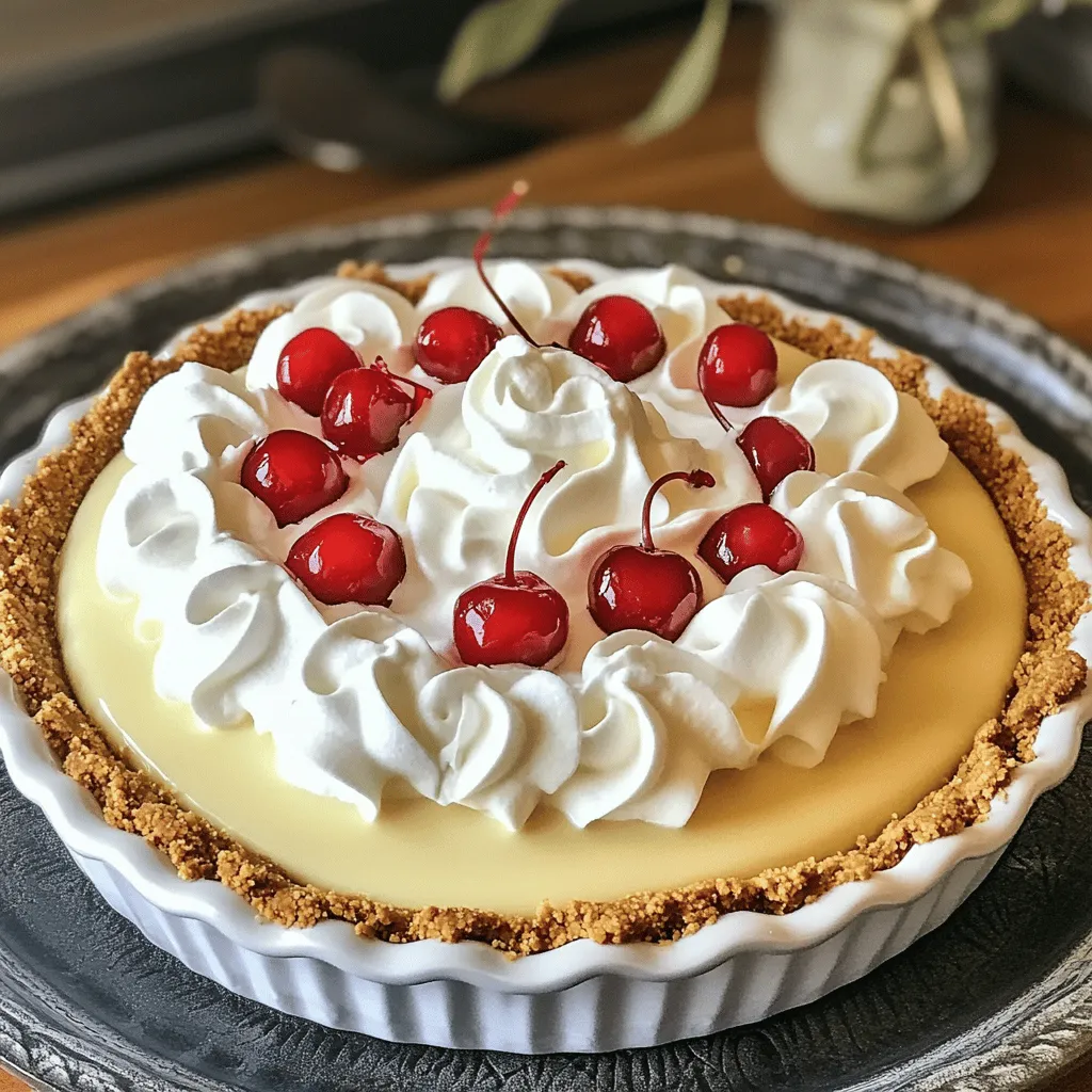 - 1 ½ cups crushed graham crackers - ½ cup unsalted butter, melted - 1 cup heavy whipping cream - 1 cup cream soda - 1 cup vanilla ice cream - ½ cup powdered sugar - 1 teaspoon vanilla extract - Optional toppings: Whipped cream, maraschino cherries You need simple, tasty ingredients for this pie. I love using crushed graham crackers for the crust. They bring a sweet crunch that pairs well with the creamy filling. Just melt some unsalted butter and mix it with the crumbs. It gives the crust a rich flavor. Next, we need heavy whipping cream. This is key for a light and fluffy texture. When you whip it, it will become soft peaks. This helps the pie feel airy. Cream soda adds a fun twist. It gives the pie a sweet, fizzy flavor. You can’t have a cream soda pie without vanilla ice cream. It makes the filling rich and creamy. Combine that with powdered sugar and vanilla extract for added sweetness. For decoration, use whipped cream and maraschino cherries. They make the pie look special. Plus, the cherries add a pop of color. This pie is perfect for hot days or any sweet craving. You can find the full recipe in the article to guide you through making this treat. 1. Preheat the oven to 350°F (175°C). This step helps the crust bake evenly. 2. In a mixing bowl, combine 1 ½ cups of crushed graham crackers and ½ cup of melted unsalted butter. Mix well until the crumbs soak up the butter. 3. Press the graham cracker mixture into a 9-inch pie pan. Make sure it’s even on the bottom and sides. 4. Bake the crust for 8-10 minutes. It should be lightly golden. Let it cool completely at room temperature. 1. In a large mixing bowl, beat 1 cup of heavy whipping cream with an electric mixer. Beat until soft peaks form, which takes about 3-5 minutes. 2. In another bowl, mix together 1 cup of cream soda, 1 cup of vanilla ice cream, ½ cup of powdered sugar, and 1 teaspoon of vanilla extract. Whisk until smooth and creamy. 3. Gently fold the whipped cream into the cream soda mixture. Keep folding until no streaks are left. This gives the filling a light and airy texture. 1. Pour the filling into the cooled graham cracker crust. Smooth the top with a spatula for an even finish. 2. Cover the pie with plastic wrap and place it in the freezer. Let it set for at least 4 hours or until firm. This recipe is a fun way to enjoy a frozen treat. For the full recipe, check the details above! Achieving the right texture To get the best texture, beat the heavy cream until soft peaks form. This step is key. A light and airy filling makes the pie delightful. How to properly cool the crust Once you bake the crust, let it cool at room temperature. Cooling it prevents the filling from melting. A warm crust can make your pie soggy. Techniques for folding whipped cream When you fold whipped cream, use a spatula. Gently lift the mixture from the bottom. This keeps air in and makes the pie light. Avoid stirring too hard or too fast. Presentation tips Slice the pie into wedges. Place each slice on a plate with care. Top with extra whipped cream and a cherry. This makes your pie look inviting and fun. Pairing with other desserts This pie goes well with fresh fruit. Consider serving it with berries or sliced bananas. You can also enjoy it with a scoop of vanilla ice cream. Each bite will be a treat! {{image_4}} You can change the taste of your Cream Soda Milkshake Pie in fun ways. Start with ice cream flavors. Instead of vanilla, try chocolate or coffee ice cream. These flavors mix well with cream soda. You can also mix in fruity flavors like strawberry or orange. Each choice gives the pie a new twist. Using flavored cream sodas is another great way to mix things up. Try cherry, grape, or even root beer. Each soda brings its own unique flavor to the pie. Just remember to keep the balance right. You want the flavors to blend well, not clash. If you want to switch the crust, you have options. A chocolate cookie crust adds a rich taste. Just crush chocolate cookies and mix them with melted butter. Press this mixture into your pie pan, and bake it like the graham cracker crust. Nut-based crusts are another choice. Use almonds or pecans for a crunchy texture. Simply grind the nuts and mix them with butter. This crust pairs well with the creamy filling. It adds a nice contrast to the smooth pie. For the full recipe, visit the Cream Soda Milkshake Pie section earlier in this article. To keep your pie fresh, store it in the freezer. Wrap it tightly in plastic wrap. This helps avoid freezer burn and keeps it tasting great. You can also use an airtight container. The pie stays fresh for up to two weeks in the freezer. If you plan to eat it soon, you can keep it in the fridge for up to three days. Just make sure to cover it well. If you have leftover pie, freezing is easy. First, let the pie set in the freezer for at least four hours. Once it’s firm, slice it into pieces. This way, you can take out just what you need. Wrap each slice in plastic wrap. For best results, place the slices in a freezer-safe bag. When you're ready to eat the pie, thaw it in the fridge. This method keeps the texture nice. Allow it to thaw overnight for best flavor. You can also thaw it at room temperature for about 30 minutes. Just be careful not to leave it out too long, or it will get too soft. Can I make this pie ahead of time? Yes, you can make this pie a day before you plan to serve it. Just freeze it after you prepare it. This saves you time on the day of your event. Make sure to cover it well with plastic wrap. What can I substitute for heavy whipping cream? You can use coconut cream or a dairy-free heavy cream as a substitute. Both options will still give you a nice texture. You can also try using whipped topping if you want something simple. Can this pie be turned into individual servings? Absolutely! You can pour the filling into small cups or jars instead of a pie pan. This makes for fun, single servings that are easy to share. Just make sure to adjust the freezing time based on the size of your cups. What is the best way to cut a frozen pie? To cut a frozen pie, use a warm knife. Place the knife in hot water for a few seconds. Wipe it dry and then slice through the pie. This helps make clean cuts without breaking the crust. How long does the pie last in the freezer? The pie can last up to two months in the freezer. Just make sure it is tightly covered to prevent freezer burn. When you're ready to eat it, let it thaw in the fridge for a few hours. This keeps the texture nice and creamy. In summary, you learned to make a Cream Soda Milkshake Pie. We covered ingredients, step-by-step instructions, and helpful tips for success. You now know how to customize the pie with different flavors and crust options. Remember to store it properly to keep it fresh longer. Enjoy experimenting with this fun dessert. Share it with family and friends for smiles all around!