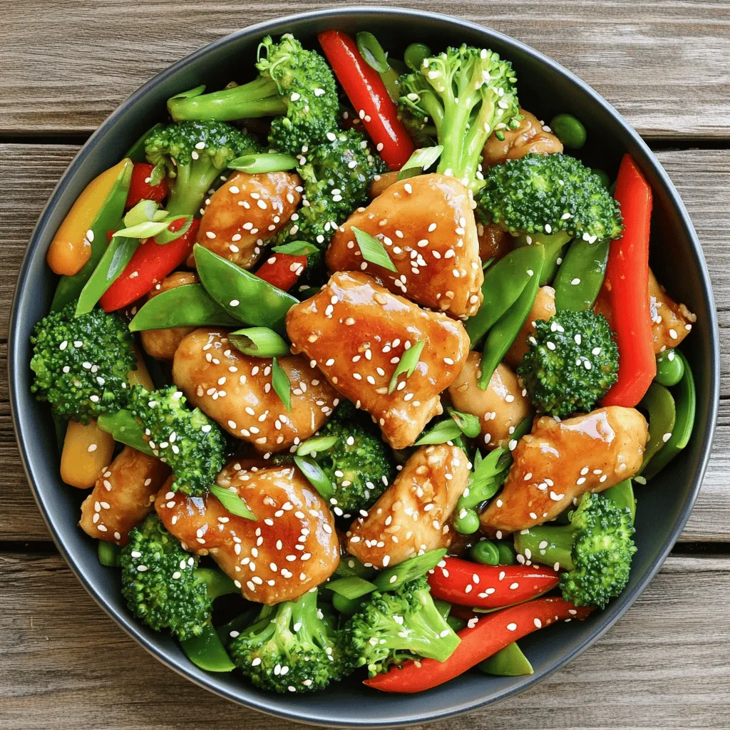 To make a tasty Honey Garlic Chicken Stir Fry, you need these main items: - 1 lb boneless, skinless chicken thighs - Honey, soy sauce, garlic, and ginger - Variety of vegetables: bell pepper, broccoli, snap peas These ingredients come together to create a sweet and savory dish. Chicken thighs are juicy and tender, making them perfect for stir fry. Honey gives a lovely sweetness, while soy sauce adds depth. Garlic and ginger bring warmth and spice. Then, the vegetables add color and crunch. Bell peppers are sweet, broccoli is hearty, and snap peas add a nice snap. You can use other veggies, too, if you want to mix it up. To make your stir fry even better, consider these garnishes: - Sesame seeds - Chopped green onions - Suggestions for side dishes (rice, quinoa) Sesame seeds add a nutty taste and a nice crunch. Chopped green onions give a fresh bite that brightens the dish. You can serve your stir fry over fluffy rice or nutty quinoa. Both options make it filling and satisfying. For a twist, add a lime wedge on the side. The citrus will lift the flavors and make each bite pop. This meal is not just easy; it’s fun to customize! For the complete list of ingredients, check out the Full Recipe. To start, grab a small bowl. Mix 2 tablespoons of honey, 3 tablespoons of soy sauce, 3 minced garlic cloves, and 1 tablespoon of grated ginger. Whisk until smooth. This sauce adds a sweet and savory flavor to your dish. Letting the sauce sit for a few minutes helps the flavors blend well. It makes your stir fry even tastier. Next, preheat a large skillet or wok over medium-high heat. Pour in 1 tablespoon of vegetable oil. Wait until the oil shimmers. Add 1 pound of thinly sliced chicken thighs. Season them with salt and black pepper. Cook for 5-7 minutes, turning the chicken often. You want it golden brown and no longer pink in the middle. Once done, take the chicken out and set it aside. In the same skillet, add another tablespoon of oil. Put in 1 cup of broccoli florets, sliced red bell pepper, and 1 cup of snap peas. Stir-fry these veggies for about 3-4 minutes. Keep them crisp but tender. Adding the vegetables in the right order helps them cook evenly and stay bright. Now, bring back the chicken to the skillet. Pour the honey garlic sauce over everything. Stir well to coat all the ingredients. Let it cook for 2-3 minutes. This step allows the sauce to thicken and glaze the chicken and vegetables. Stirring well ensures every piece gets that yummy sauce. For the full recipe, you can refer to my detailed instructions to make this dish perfect! To cook Honey Garlic Chicken Stir Fry well, start with a hot skillet or wok. Aim for medium-high heat. This ensures that your chicken cooks quickly and gets a nice sear. If your skillet is not hot enough, the chicken can steam instead of sear. To prevent overcooking the chicken, cut it into thin strips. This way, it cooks faster and stays juicy. Keep an eye on it. You want golden brown chicken, not dry chicken. If you need alternatives for soy sauce, try tamari. It is a gluten-free option that tastes great. For honey, agave nectar works as a sweet substitute. Just remember that the flavor might change a bit. Using frozen vegetables is easy, but fresh ones have a better taste and texture. If you choose frozen, cook them a little longer. They hold more water, which can make your stir fry soggy. To make this dish even better, think about adding spices. A pinch of black pepper or a splash of sesame oil can boost flavor. You can also add a bit of chili flakes or sriracha if you like heat. This adds a spicy kick that pairs well with the sweet honey and garlic. For more ideas, check the full recipe for additional suggestions on how to customize your stir fry. {{image_4}} You can switch up the protein in your Honey Garlic Chicken Stir Fry. Shrimp makes a great choice. Just cook it for about 3-4 minutes until it turns pink. Tofu is perfect for a plant-based option. Cube it and cook for 5-6 minutes until golden. If you prefer beef, use sliced flank steak. It cooks fast, about 3-5 minutes. Each protein brings a unique taste to the dish. Feel free to get creative with your vegetables! Seasonal options like zucchini or mushrooms can add new flavors. Try adding leafy greens like spinach or bok choy for extra nutrition. These greens cook quickly, so add them during the last minute of cooking. This way, they stay vibrant and crisp. If you need gluten-free options, use tamari instead of soy sauce. It has a similar taste without gluten. For a plant-based dish, swap the chicken for tofu or chickpeas. Both options are filling and delicious. You can enjoy the same great flavors with these simple changes. To keep your honey garlic chicken stir fry fresh, use airtight containers. Glass or plastic containers work well. Make sure they seal tight to prevent air from getting in. This will help keep the flavors intact. Store your leftovers in the fridge. They will stay good for about three to four days. Always cool the stir fry before placing it in the fridge. This step helps prevent bacteria growth. When it’s time to enjoy your leftovers, reheating correctly is key. Use a skillet on medium heat for the best results. Add a splash of water or broth to help keep it moist. Stir occasionally to heat evenly. Avoid using the microwave if you can. It can make the stir fry soggy. If you must use a microwave, heat it in short bursts. Stir in between to help it heat evenly. This way, you’ll keep that delicious flavor and texture. Honey Garlic Chicken Stir Fry keeps well in the fridge for about three to four days. Store it in an airtight container. Look for any off smells or changes in color as signs of spoilage. If you notice any strange odors or a slimy texture, it’s best to toss it out. Yes, you can freeze this dish! Let it cool completely first. Place it in a freezer-safe container. It will last in the freezer for about three months. To thaw, place it in the fridge overnight. You can also use the microwave for a quick defrost. Just make sure to heat it until it's hot all the way through. This dish pairs nicely with several sides. Consider serving it over jasmine rice or quinoa. You can also add a simple salad for freshness. Stir-fried bok choy or steamed green beans will complement the flavors well. For the full recipe with detailed steps and variations, check out the [Full Recipe]. This blog post shared the key ingredients and simple steps to make Honey Garlic Chicken Stir Fry. You learned about the main ingredients, optional garnishes, and how to cook each part for the best flavor. I also provided tips for substitutions and dietary changes to suit your needs. Finally, you got ideas for storing leftovers and reheating. With all these tips, you can create a tasty meal easy and quick. Enjoy making this dish and feel free to experiment!