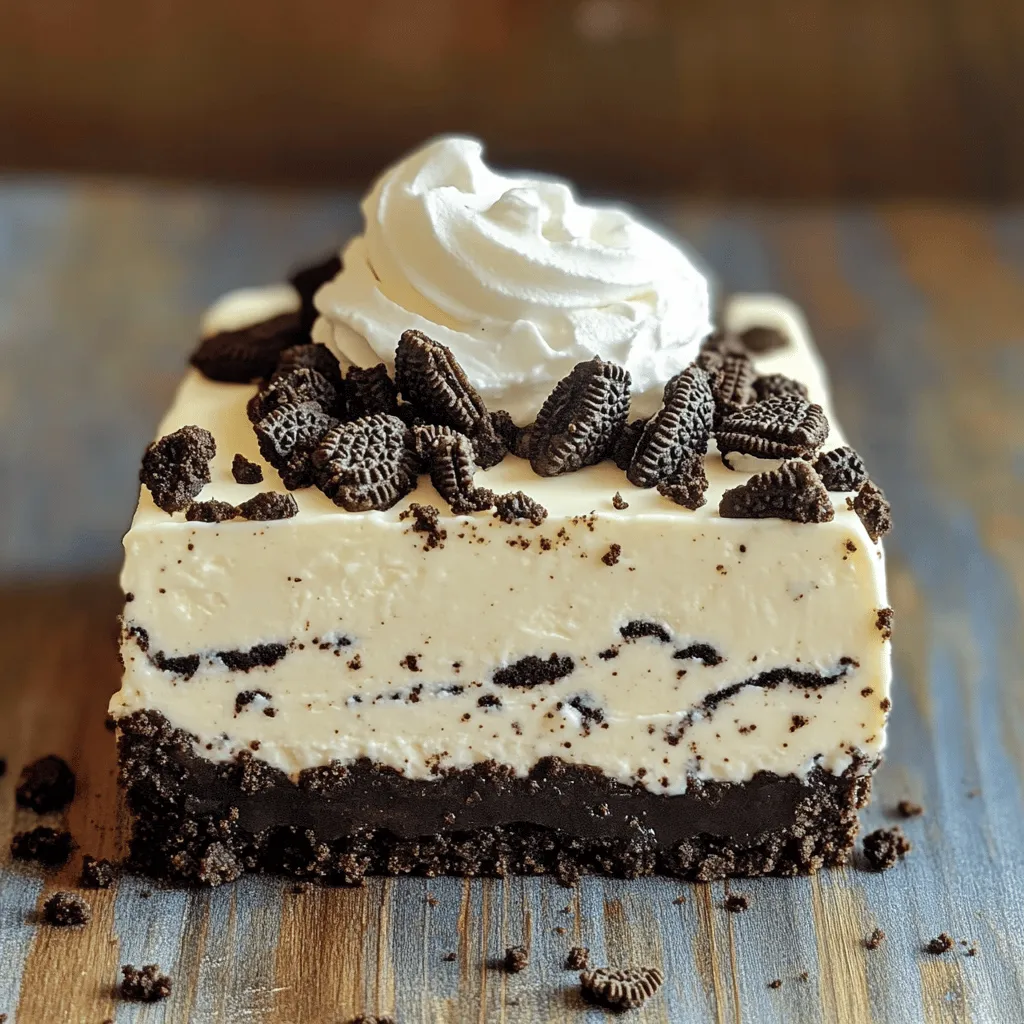 - 24 Oreo cookies (plus extra for topping) - 1/4 cup unsalted butter, melted - 16 oz cream cheese, softened - 1/2 cup granulated sugar - 1 teaspoon vanilla extract - 1 cup heavy whipping cream - 1/2 cup powdered sugar The main stars of this dessert are the Oreo cookies and cream cheese. The cookies form a crunchy crust that pairs perfectly with the rich, creamy filling. When I make this cheesecake, I always use fresh cream cheese. It gives the best texture and flavor. The butter helps the crust stick together. Just melt it and mix it well with the crushed Oreos. This step is key for a solid base. - Crushed Oreos - Whipped cream - Chocolate sauce Garnishes add a fun touch. I love to sprinkle crushed Oreos on top. It adds a nice crunch and looks great. Whipped cream is another option. A dollop makes the dessert feel fancy. If you want to get creative, drizzle chocolate sauce over the cheesecake. It adds sweetness and richness. These ingredients combine to create a dessert that’s easy to make and hard to resist. For the full recipe, check out what I’ve shared above. Enjoy your no-bake Oreo cheesecake! To start, grab 24 Oreo cookies. Place them in a food processor. Crush them until they turn into fine crumbs. This will be the base of your cheesecake. Next, melt 1/4 cup of unsalted butter. Combine the crushed cookies with the melted butter. Mix until all the crumbs are coated. Now, take a 9-inch springform pan. Press the crumb mixture firmly into the bottom. Use your fingers or the back of a measuring cup. Aim for an even layer. After this, put the crust in the fridge. This will help it firm up while you make the filling. For the filling, take 16 oz of softened cream cheese. Put it in a large mixing bowl. Beat it with an electric mixer until smooth. You want no lumps. Gradually add 1/2 cup of granulated sugar and 1 teaspoon of vanilla extract. Mix until everything is fluffy and well combined. In another bowl, pour 1 cup of heavy whipping cream. Add 1/2 cup of powdered sugar. Whip this mixture until stiff peaks form. This step makes the filling light and creamy. Carefully fold the whipped cream into the cream cheese mixture. Use a spatula and mix gently. Be careful not to deflate the whipped cream. For extra flavor, add in 10 crushed Oreos. Fold them in gently as well. Now, pour the creamy filling over the crust in the springform pan. Smooth the top with a spatula to make it look nice. Cover the cheesecake with plastic wrap or a lid. Place it in the refrigerator. Let it chill for at least 4 hours or overnight. This allows the cheesecake to set properly. To check if it is set, lightly press the top with your finger. If it feels firm, it is ready. If it wobbles, it needs more time. To get the best texture, avoid overmixing. This keeps your cheesecake light and airy. Use room temperature ingredients for the smoothest blend. Cold cream cheese may lead to lumps, which we want to avoid. One common mistake is not chilling the cheesecake long enough. It needs at least 4 hours, but overnight is best. Also, using too much heavy cream can make your filling too dense. Stick to the recipe for perfect results. A food processor makes crushing cookies easy. You can also use a sealed bag and a rolling pin if needed. An electric mixer is key for beating the cream cheese. It helps create a smooth and fluffy filling. {{image_4}} You can make this cheesecake even better with flavors. Try adding chocolate or caramel swirls. Just drizzle them into the filling before you chill it. This will give a nice look and taste. You can also swap out Oreo cookies for other cookies. Try chocolate chip cookies or peanut butter cookies for a fun twist. Each type will change the flavor and texture. If you need vegan options, use dairy-free cream cheese. This keeps the taste without dairy. You can also make it gluten-free. Simply choose gluten-free cookies. These changes let everyone enjoy this tasty dessert without worries. This cheesecake is great on its own, but you can make it even better. Pair it with fresh fruit like strawberries or raspberries. A drizzle of chocolate or caramel sauce adds extra flavor. For special occasions, consider adding candles or fun toppings. This makes it a hit at any party! To keep your No-Bake Oreo Cheesecake fresh, store it in the refrigerator. Use an airtight container or cover it tightly with plastic wrap. This helps prevent it from absorbing other smells in the fridge. If you want to save it for later, you can freeze it. First, let the cheesecake set for about an hour. Then, wrap it in plastic wrap and place it in a freezer-safe container. This helps keep the cheesecake from getting freezer burn. Your cheesecake can last in the fridge for about 5 to 7 days. Just make sure it stays covered. If you freeze it, it can last for up to 2 months. To tell if the cheesecake is no longer good, check for any signs of mold or an off smell. If it looks or smells strange, it’s better to be safe and throw it away. Always trust your senses when it comes to food safety! It takes about 30 minutes to prep the cheesecake. You will then need to chill it for at least 4 hours. For the best taste, I recommend chilling it overnight. This waiting time helps the cheesecake set up perfectly. No, you should not leave the cheesecake out for long. It needs to stay cool. Serve it right from the fridge. If you have leftovers, put them back in the fridge. This keeps it fresh and tasty. If you want a different option, you can use a dairy-free cream cheese for vegan diets. Another choice is Greek yogurt for a lighter version. Both options keep the creamy texture. Just make sure to adjust the flavor to your liking. Yes, you can make this cheesecake ahead of time. Just follow the Full Recipe steps and store it in the fridge. It will stay fresh for up to 5 days. This makes it a great choice for parties or gatherings. In summary, this blog post covers how to make a no-bake Oreo cheesecake. You learned about the key ingredients and step-by-step instructions. I shared tips to improve texture and avoid common mistakes. You discovered tasty variations and how to store your cheesecake well. This dessert is simple and delightful. By following these steps, you can impress anyone with your baking skills. Enjoy making this treat!