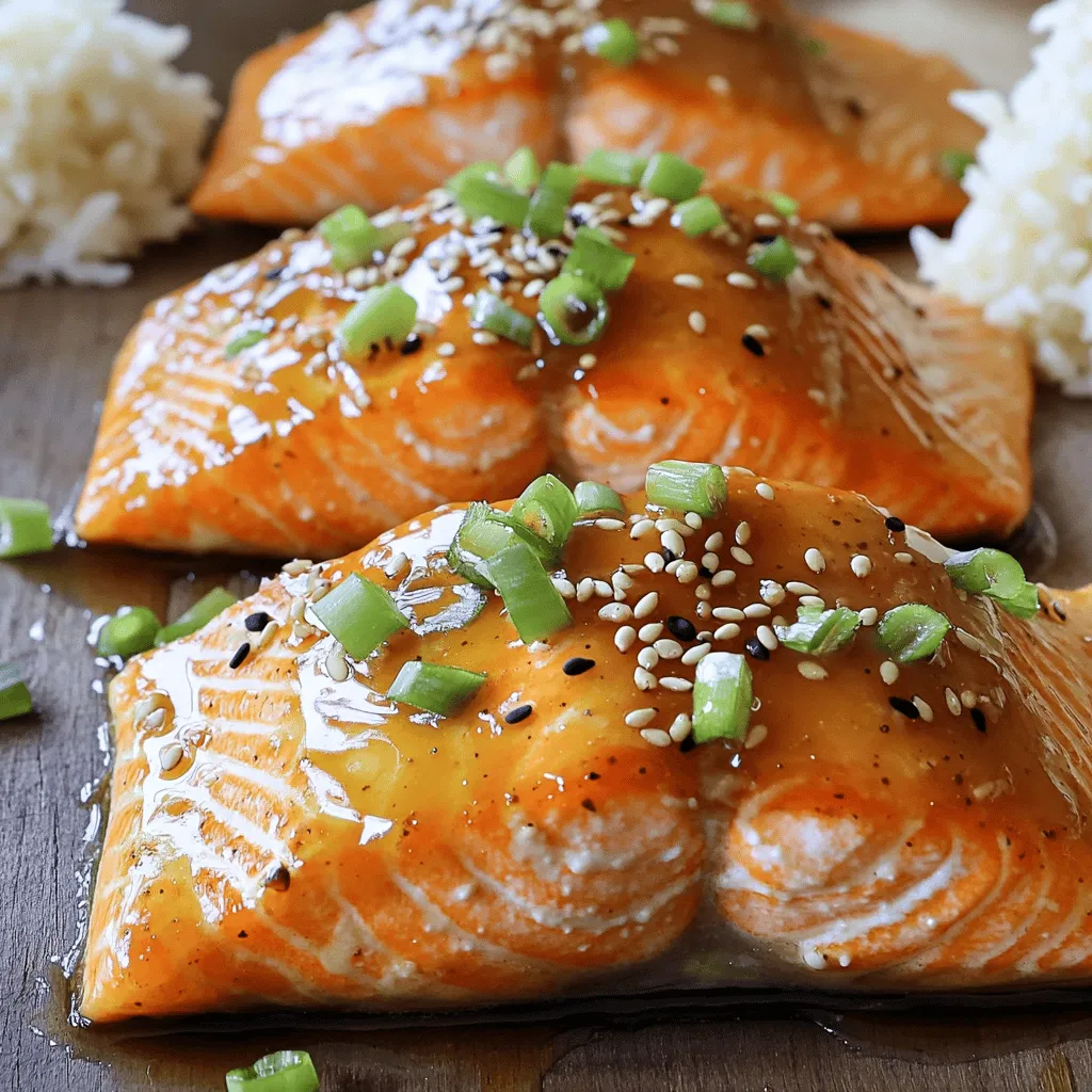 - 4 salmon fillets (about 6 oz each) For this dish, choose fresh salmon fillets. They should look bright and shiny. You can use skin-on or skinless fillets based on your preference. The salmon will absorb the flavors well and cook evenly. - 1/4 cup raw honey - 4 garlic cloves, finely minced - 2 tablespoons low-sodium soy sauce - 1 tablespoon Dijon mustard - 1 tablespoon extra virgin olive oil - 1 teaspoon fresh ginger, freshly grated - Salt and freshly cracked black pepper, to taste The marinade is the star of this dish. The honey gives sweetness and a shiny glaze. Garlic adds a savory kick. Soy sauce brings in that umami flavor. Dijon mustard adds a nice tang. Olive oil keeps everything moist. Fresh ginger brightens the taste. Don’t forget the salt and pepper for balance! - 2 green onions, finely chopped (for garnish) - 1 tablespoon sesame seeds (for garnish) Garnishes add flair to your dish. Green onions give a fresh taste. Sesame seeds add crunch and look beautiful. Use these to make your meal pop when you serve it. If you want to impress, these little touches make a big difference. Check the full recipe for more tips! To start, grab a medium mixing bowl. Here, you will mix the marinade. Add 1/4 cup of raw honey. Next, add 4 finely minced garlic cloves. Pour in 2 tablespoons of low-sodium soy sauce. Then, whisk in 1 tablespoon of Dijon mustard. Add 1 tablespoon of extra virgin olive oil. Finally, mix in 1 teaspoon of freshly grated ginger. Blend everything until smooth and well-combined. Now, take your salmon fillets. You need four fillets, about 6 ounces each. Place them in a resealable plastic bag or a shallow dish. Pour the honey garlic mixture over the salmon. Make sure to coat each fillet well. Seal the bag or cover the dish tightly. Let the salmon marinate in the fridge for at least 30 minutes. For the best flavor, aim to marinate for 1-2 hours. When it's time to cook, preheat your oven to 400°F (200°C). Line a baking sheet with parchment paper or lightly grease it. After marinating, take the salmon out of the fridge. Let any excess marinade drip off. Place the fillets skin-side down on the baking sheet. Drizzle any leftover marinade over the top. Bake the salmon for 12-15 minutes. It should look opaque and flake easily with a fork. After cooking, let it rest for a couple of minutes. Before serving, sprinkle with salt and pepper. Garnish with chopped green onions and sesame seeds. For the full recipe, refer back to the earlier section. Enjoy this simple yet tasty dish! To make the best honey garlic salmon, focus on the marinade. This mix brings out the flavors. Use fresh garlic for a strong taste. The honey adds sweetness, while the soy sauce gives it depth. Mix the marinade in a bowl until smooth. Marinate the salmon for at least 30 minutes. For even more flavor, let it sit for 1-2 hours. This time lets the salmon soak up all the goodness. When cooking salmon, start with a hot oven. Preheat it to 400°F (200°C). Use parchment paper on your baking sheet for easy cleanup. Place the salmon skin-side down. This helps keep it moist. Bake for 12-15 minutes. Check if it flakes easily with a fork. If so, it’s done! Let it rest for a couple of minutes. This step lets the juices settle back in. Presentation matters when serving honey garlic salmon. Arrange the salmon on a large platter. Drizzle cooked honey garlic sauce on top. Sprinkle sesame seeds and chopped green onions over the salmon. This adds color and crunch. Pair this dish with steamed jasmine rice or a fresh green salad. These sides balance the sweetness and make your meal pop. For the full recipe, check the earlier section. Enjoy your beautiful, tasty dish! {{image_4}} Grilling adds a smoky flavor to honey garlic salmon. First, prepare your marinade as usual. After marinating, preheat your grill to medium-high. Place the salmon on a well-oiled grill grate. Grill each side for about 4-5 minutes. Watch closely to avoid sticking. The honey will caramelize, giving you a tasty crust. Pair this with grilled veggies for a complete meal. If you love a one-pan meal, try honey garlic salmon with veggies. Select your favorite vegetables, like bell peppers, zucchini, and broccoli. Toss them in the same marinade for flavor. Arrange the salmon and veggies on a baking sheet. Bake them together for about 15 minutes. This method saves time and cleans up easily. You’ll enjoy a colorful, healthy dish that tastes great. For a low-carb twist, skip the honey. Instead, use a sugar-free sweetener. This keeps the flavor but cuts carbs. Follow the same steps for marinating and cooking. You still get that savory garlic flavor without the sugar. Serve it with a side salad or cauliflower rice for a filling meal. This option is perfect for those watching their carbs. For all variations, follow the [Full Recipe] for precise measurements and timing. You can keep leftover honey garlic salmon in the fridge. Place it in an airtight container. This helps the salmon stay fresh and tasty. Store it for up to three days. When you’re ready to eat it, you can enjoy it cold or warm. If you want to keep the salmon longer, freezing is a great option. Wrap the fillets tightly in plastic wrap. Then, place them in a freezer-safe bag. This helps prevent freezer burn. You can freeze honey garlic salmon for up to three months. Just remember to label the bag with the date. To reheat, avoid drying out the fish. Preheat your oven to 350°F (175°C). Place the salmon on a baking sheet. Cover it with foil to keep moisture in. Heat for about 10-15 minutes. You can also use a microwave, but use low power. This will help keep the salmon juicy. Enjoy your meal! You should marinate honey garlic salmon for at least 30 minutes. If you want more flavor, marinate it for 1-2 hours. The longer you marinate, the more the salmon absorbs the sweet and savory flavors of the honey garlic sauce. Just remember to keep it in the fridge while it soaks up those tasty juices. Yes, you can use frozen salmon for this recipe. Thaw it first in the fridge or under cold water. This helps the fish cook evenly and keeps it moist. Once thawed, you can follow the same marinating and cooking steps. Just keep an eye on the cooking time, as it may vary slightly. You can serve honey garlic salmon with many sides. Here are some great options: - Steamed jasmine rice - Crisp green salad - Roasted vegetables - Quinoa - Mashed potatoes These sides balance the sweetness of the salmon. They also add different textures to your meal. For the full recipe, check out the complete instructions above. Enjoy your cooking! This blog post covered how to make honey garlic salmon. It walked through ingredients, marinade steps, and cooking ways. I shared tips for a tasty finish and fun serving ideas. You can try different versions, like grilled or with veggies. Storing leftovers is easy, and reheating is simple. Enjoying salmon can be quick and flavorful with these methods. Explore your options and make it your own!
