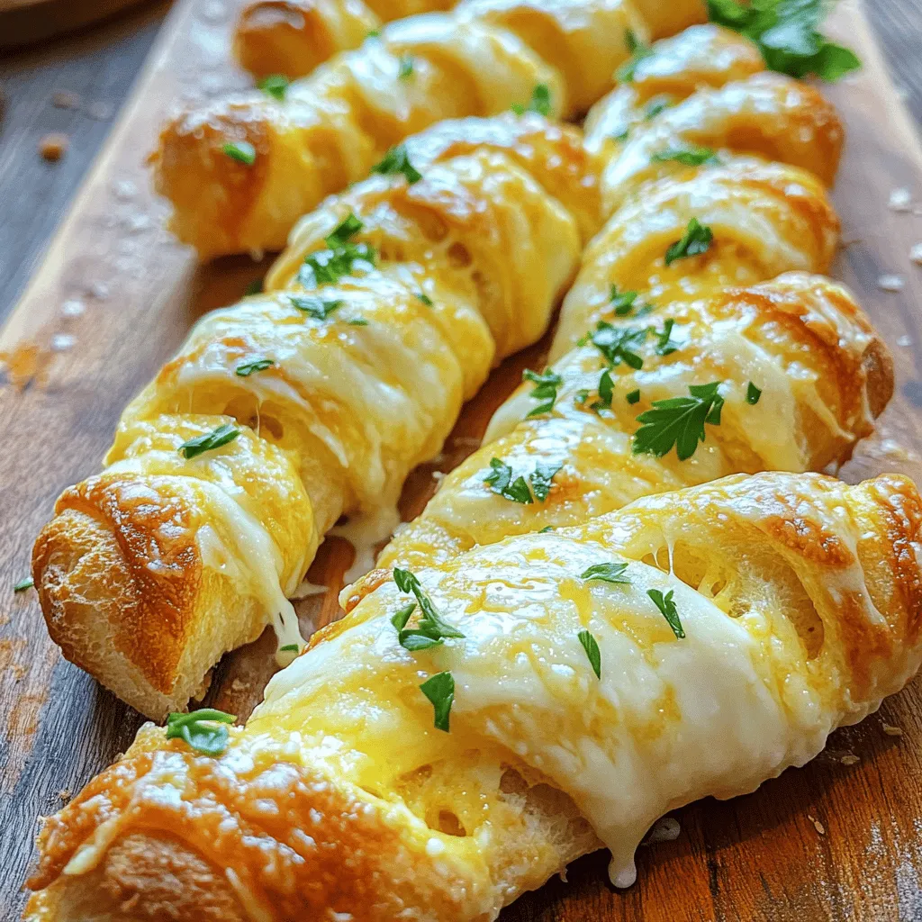 - 1 package of refrigerated pizza dough - 1/2 cup unsalted butter, melted - 4 cloves of garlic, finely minced - 1 teaspoon of dried Italian seasoning - 1 cup shredded mozzarella cheese - 1/2 cup grated Parmesan cheese - Salt and freshly cracked black pepper to taste - Fresh parsley, finely chopped (for garnish) The main ingredients in Easy Cheesy Garlic Bread Twists are simple but full of flavor. The refrigerated pizza dough makes this recipe quick and easy. It saves time and gives you a soft, chewy base. The unsalted butter adds richness, while the minced garlic gives a bold taste. Dried Italian seasoning adds a nice herbal note. Mozzarella cheese melts beautifully, creating a gooey texture. Parmesan cheese adds a sharp bite that balances the flavors. Salt and pepper bring everything together. Finally, fresh parsley adds a pop of color and freshness. - Additional cheeses (e.g., cheddar or provolone) - Spices and herbs for extra flavor - Red pepper flakes for heat Feel free to get creative! You can add other cheeses like cheddar for a sharper taste. Spices and herbs can enhance the flavor even more. If you like heat, sprinkle in some red pepper flakes. These optional add-ins let you customize the twists to your liking. They make each batch unique and fun. You can find the full recipe at the end of this section. - Preheat your oven to 400°F (200°C). - Line a baking sheet with parchment paper. - Lightly flour your surface and roll out the pizza dough into a 1/4-inch thick rectangle. - Brush half of the garlic butter mixture over the dough. - Layer the mozzarella and Parmesan cheese evenly over the buttered dough. - Fold the dough in half lengthwise to create a thicker rectangle. - Slice the dough into 1-inch wide strips. - Twist each strip several times to form spirals. - Arrange the twisted strips on the baking sheet, leaving space in between. - Brush the remaining garlic butter mixture over the twists. These steps lead you to a fun and tasty treat. Be sure to check the [Full Recipe] for all details! To roll out pizza dough, start with a clean surface. Lightly flour the area to avoid sticking. Use a rolling pin to spread the dough evenly. Aim for about 1/4 inch thick. If the dough shrinks back, let it rest for a few minutes. This helps the gluten relax. To avoid mess while twisting, use a pizza cutter. It cuts the dough cleanly without tearing. Twist each strip gently but firmly. Avoid squeezing too hard; this keeps the twists fluffy. Place the twisted strips on parchment paper for easy cleanup. Mix spices into the butter for an extra kick. Consider adding garlic powder or smoked paprika. These add depth to the garlic flavor. You might also try a pinch of red pepper flakes for heat. For cheese combinations, mozzarella is classic, but don’t stop there! Cheddar adds sharpness. Provolone gives a nice tang. You can even mix in some feta for a Mediterranean twist. Serve your cheesy garlic bread twists with dips. Marinara sauce is a favorite, but ranch dressing works too. A balsamic glaze drizzled on top adds a gourmet touch. For presentation, stack the twists in a tall basket. This creates height and looks appealing. Sprinkle fresh parsley on top for color. You can also drizzle any leftover garlic butter over the twists for extra flavor. For the full recipe, check out the details provided earlier. {{image_4}} You can make these Easy Cheesy Garlic Bread Twists even more fun with a few twists of your own. Here are some tasty ideas: - Spinach and cheese twists: Add fresh spinach to your cheese layer. The spinach gives the twists a nice pop of color and flavor. You can mix in some feta cheese for a tangy kick. - Pepperoni and cheese twists: If you love pepperoni, why not add it? Just layer slices between the cheeses. This gives your twists a savory, meaty flavor that pairs well with the garlic. Don’t worry if you have dietary needs. There are great options for everyone. Here’s how to adapt your twists: - Gluten-free pizza dough options: Many brands sell gluten-free pizza dough. You can also make your own using gluten-free flour. This way, you can enjoy the same cheesy goodness without the gluten. - Vegan alternatives for cheese: For a vegan twist, try using plant-based cheese. There are great options made from nuts or soy. You can also add nutritional yeast for a cheesy flavor without dairy. These variations and adjustments let you enjoy Easy Cheesy Garlic Bread Twists in a way that fits your taste and dietary needs. For the full recipe, check out the delicious details above! To keep your Easy Cheesy Garlic Bread Twists fresh, store them in an airtight container. This helps lock in flavor and moisture. Place them in the fridge if you plan to eat them within a few days. Enjoy them within 3 days for the best taste. For longer storage, you can freeze the twists. First, let them cool completely. Then, wrap each twist tightly in plastic wrap. After that, place them in a freezer bag. They can last for up to 2 months in the freezer. When it’s time to enjoy your leftovers, reheating is key. The best method is to use an oven. Preheat your oven to 350°F (175°C). Place the twists on a baking sheet and heat for about 10 minutes. This method keeps them crispy. To avoid sogginess, skip the microwave. The microwave makes them soft and chewy. If you must use it, heat them for just a few seconds. But I recommend the oven for the best results. For more tips and the full recipe, check the article. How to make Easy Cheesy Garlic Bread Twists from scratch? To make these twists, start with refrigerated pizza dough. Roll it out, brush with garlic butter, and layer on the cheese. Cut the dough into strips and twist them. Bake until golden brown. For full details, check the Full Recipe. Can I use homemade dough instead of refrigerated? Yes, you can use homemade dough. Just make sure it is rolled out to about 1/4 inch thick. This thickness allows for a nice, chewy twist that holds the cheese well. How long can I keep leftover twists? You can keep leftover twists in the fridge for up to three days. Store them in an airtight container to maintain freshness. What dips pair well with cheesy garlic twists? These twists pair great with marinara sauce, ranch, or a creamy garlic dip. Each dip adds a new layer of flavor to your tasty twists. What to do if the cheese is not melting properly? If the cheese isn't melting, check your oven temperature. It should be at 400°F (200°C). If it’s too low, the cheese may not melt well. How to prevent the dough from becoming too hard? To keep the dough soft, avoid overbaking. Check the twists at 12 minutes. Remove them once they turn golden brown, and they will stay fluffy and soft. This blog post covered how to make Easy Cheesy Garlic Bread Twists. We discussed the main ingredients, optional add-ins, and step-by-step instructions. I shared tips to help you perfect the recipe and explored fun variations. You learned how to store and reheat your twists for lasting flavor. In summary, make these bites for gatherings or a cozy night in. With simple steps and tasty options, you can enjoy delicious twists anytime. Try them out and impress your family and friends!