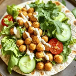 To make these crispy chickpea wraps, you will need the following ingredients: - 1 can (15 oz) chickpeas, drained and rinsed - 1 tablespoon olive oil - 1 teaspoon paprika - 1 teaspoon garlic powder - ½ teaspoon cumin - Salt and pepper to taste - 4 large whole wheat or spinach wraps - 1 cup mixed greens (lettuce, spinach, arugula) - ½ cup cherry tomatoes, halved - ½ cucumber, thinly sliced - ¼ cup tahini sauce (or your favorite dressing) - Fresh cilantro or parsley, chopped for garnish (optional) These ingredients come together to create a tasty and filling meal. Each serving of crispy chickpea wraps contains: - Calories: About 300 - Protein: 10g - Carbohydrates: 40g - Fiber: 12g - Fat: 10g This meal offers a balance of nutrients. The chickpeas provide protein and fiber. The fresh veggies add vitamins and minerals. If you can’t find some ingredients, here are a few substitutions: - Chickpeas: You can use black beans or lentils. - Olive oil: Avocado oil or coconut oil work well too. - Tahini sauce: You can swap it for hummus or yogurt dressing. - Wraps: Use gluten-free wraps or lettuce leaves for a low-carb option. - Mixed greens: Try spinach, kale, or arugula for different flavors. These swaps can help personalize your wraps to fit your taste or dietary needs. For the full recipe, check the detailed instructions to ensure you create a delightful meal. First, preheat your oven to 400°F (200°C). This heat will help crisp the chickpeas. Next, drain and rinse one can of chickpeas. Place them in a medium bowl. Add one tablespoon of olive oil, one teaspoon of paprika, one teaspoon of garlic powder, and half a teaspoon of cumin. Season with salt and pepper to taste. Mix well so each chickpea gets coated. Once coated, spread the chickpeas on a baking sheet lined with parchment paper. Ensure they sit in a single layer. Overcrowding can lead to soggy chickpeas. Roast them in the oven for 25-30 minutes. Stir them halfway through to promote even cooking. The chickpeas should be golden and crunchy when done. While the chickpeas roast, lay out four large whole wheat or spinach wraps. In the center of each wrap, add a handful of mixed greens. Next, place a few halved cherry tomatoes and thin cucumber slices on top. This mix brings fresh flavors and crunch to your meal. Once the chickpeas are out of the oven and slightly cooled, add a generous portion over the veggies. Drizzle with tahini sauce or your favorite dressing for a creamy touch. If you want, sprinkle fresh chopped cilantro or parsley on top for extra flavor. To achieve the best crispiness, make sure the chickpeas are dry before you coat them. Excess moisture can hinder their crunch. The key is to spread them out evenly on the baking sheet, allowing hot air to circulate around each chickpea. Remember to check for doneness. They should look golden brown and feel crunchy. If they need more time, keep roasting but check every few minutes. Enjoy the process, and soon you will have a tasty meal ready to enjoy! You can find the full recipe linked above. For crispy chickpeas, start with dry chickpeas. Drain and rinse them well. Pat them dry using a clean towel. This step removes extra moisture, helping them crisp up in the oven. Next, coat the chickpeas in oil and spices evenly. I use a mix of paprika, garlic powder, and cumin for flavor. A good pinch of salt enhances the taste and promotes crispiness. Spread the chickpeas out on the baking sheet. Make sure they aren’t touching. This allows hot air to circulate around them. Roast them at 400°F (200°C) for 25-30 minutes. Stir them halfway through. This helps them cook evenly. Look for a golden color and a crunchy texture to know they are ready. I love serving the wraps warm. They taste best when fresh. You can pair them with a side of lemon wedges for a fresh kick. A light salad or roasted veggies make a great side dish too. If you want extra flavor, try adding hot sauce or a spicy yogurt dip. You can also serve with a dollop of hummus on the side. This adds creaminess and a nice contrast to the crunch. Meal prep is easy with these wraps. You can roast a big batch of chickpeas ahead of time. Store them in an airtight container for up to a week. Just remember to keep them separate from the wraps. When you're ready to eat, assemble the wraps fresh. Add your greens, tomatoes, and cucumbers. This keeps the wraps crisp and delicious. You can even prep the veggies in advance. Chop them and store them in the fridge. For a quick lunch or dinner, grab your chickpeas and veggies. Wrap them up, drizzle with tahini sauce, and enjoy! For the full recipe, check out the detailed instructions above. {{image_4}} To make your chickpea wraps spicy, add some heat. You can mix in cayenne pepper or chili powder with your chickpeas before roasting. This gives a nice kick. You can also top your wraps with hot sauce or spicy salsa. These options bring bold flavors to your meal. Adjust the heat level to suit your taste. Crispy chickpea wraps are perfect for everyone. For vegetarian options, add cheese or yogurt sauce. If you want vegan options, use tahini or avocado instead. You can also try adding roasted vegetables. Bell peppers, zucchini, or sweet potatoes work well. This makes your wrap colorful and packed with nutrients. You can switch up your wraps easily. Try using lettuce leaves for a low-carb option. Corn tortillas add a nice twist too. For fillings, mix and match your greens, fruits, and sauces. Add sliced avocado or shredded carrots for extra crunch. Each variation keeps your meal exciting. For the full recipe, check the details above. To keep your crispy chickpea wraps fresh, store them in an airtight container. Make sure to let them cool completely before sealing. This helps prevent sogginess. Place a paper towel inside the container to absorb any moisture. You can keep them in the fridge for up to three days. When you are ready to enjoy your wraps again, reheating is key. Preheat your oven to 350°F (175°C). Place the wraps on a baking sheet. Heat them for about 10-15 minutes. This method will help keep them crispy. Avoid the microwave, as it can make them soft and chewy. You can freeze your crispy chickpea wraps for later use. Wrap each one in plastic wrap tightly. Then place them in a freezer bag or container. They can last up to three months in the freezer. When you are ready to eat, let them thaw in the fridge overnight. Reheat them in the oven for the best crispiness. For the full recipe and more tips, check out the recipe section. To make chickpeas crispy, you need the right heat and oil. When you roast chickpeas at 400°F, the high heat helps remove moisture. This process creates a crunchy texture. Coating the chickpeas in olive oil and spices also aids in crispiness. The oil helps them brown and prevents them from sticking. Yes, you can use other beans if you wish. Canned black beans, kidney beans, or even pinto beans work well. Just make sure to rinse and drain them like chickpeas. Each type of bean will add its own flavor and texture. Experimenting can lead to fun new tastes in your wraps. To make these wraps gluten-free, choose gluten-free wraps. Many brands offer great options made from rice, corn, or almond flour. Check the label to ensure they are certified gluten-free. This way, you can enjoy crispy chickpea wraps without worry. The filling remains the same, so you won’t miss out on flavor. For the full recipe, check the earlier section. Crispy Chickpea Wraps are easy and fun to make. You learned about the key ingredients, nutrition, and substitutions. I shared step-by-step instructions for prepping, assembling, and roasting. You explored tips for the perfect crispiness and meal prep ideas. Variations let you spice things up with flavors or different wraps. Lastly, I gave storage tips to keep your wraps fresh. Now you can enjoy delicious, healthy wraps anytime. Try new ideas and share your favorites!
