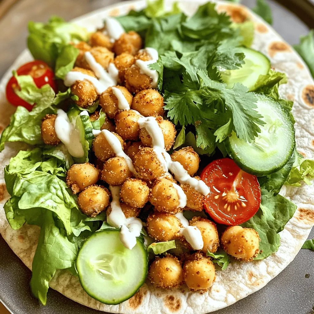 To make these crispy chickpea wraps, you will need the following ingredients: - 1 can (15 oz) chickpeas, drained and rinsed - 1 tablespoon olive oil - 1 teaspoon paprika - 1 teaspoon garlic powder - ½ teaspoon cumin - Salt and pepper to taste - 4 large whole wheat or spinach wraps - 1 cup mixed greens (lettuce, spinach, arugula) - ½ cup cherry tomatoes, halved - ½ cucumber, thinly sliced - ¼ cup tahini sauce (or your favorite dressing) - Fresh cilantro or parsley, chopped for garnish (optional) These ingredients come together to create a tasty and filling meal. Each serving of crispy chickpea wraps contains: - Calories: About 300 - Protein: 10g - Carbohydrates: 40g - Fiber: 12g - Fat: 10g This meal offers a balance of nutrients. The chickpeas provide protein and fiber. The fresh veggies add vitamins and minerals. If you can’t find some ingredients, here are a few substitutions: - Chickpeas: You can use black beans or lentils. - Olive oil: Avocado oil or coconut oil work well too. - Tahini sauce: You can swap it for hummus or yogurt dressing. - Wraps: Use gluten-free wraps or lettuce leaves for a low-carb option. - Mixed greens: Try spinach, kale, or arugula for different flavors. These swaps can help personalize your wraps to fit your taste or dietary needs. For the full recipe, check the detailed instructions to ensure you create a delightful meal. First, preheat your oven to 400°F (200°C). This heat will help crisp the chickpeas. Next, drain and rinse one can of chickpeas. Place them in a medium bowl. Add one tablespoon of olive oil, one teaspoon of paprika, one teaspoon of garlic powder, and half a teaspoon of cumin. Season with salt and pepper to taste. Mix well so each chickpea gets coated. Once coated, spread the chickpeas on a baking sheet lined with parchment paper. Ensure they sit in a single layer. Overcrowding can lead to soggy chickpeas. Roast them in the oven for 25-30 minutes. Stir them halfway through to promote even cooking. The chickpeas should be golden and crunchy when done. While the chickpeas roast, lay out four large whole wheat or spinach wraps. In the center of each wrap, add a handful of mixed greens. Next, place a few halved cherry tomatoes and thin cucumber slices on top. This mix brings fresh flavors and crunch to your meal. Once the chickpeas are out of the oven and slightly cooled, add a generous portion over the veggies. Drizzle with tahini sauce or your favorite dressing for a creamy touch. If you want, sprinkle fresh chopped cilantro or parsley on top for extra flavor. To achieve the best crispiness, make sure the chickpeas are dry before you coat them. Excess moisture can hinder their crunch. The key is to spread them out evenly on the baking sheet, allowing hot air to circulate around each chickpea. Remember to check for doneness. They should look golden brown and feel crunchy. If they need more time, keep roasting but check every few minutes. Enjoy the process, and soon you will have a tasty meal ready to enjoy! You can find the full recipe linked above. For crispy chickpeas, start with dry chickpeas. Drain and rinse them well. Pat them dry using a clean towel. This step removes extra moisture, helping them crisp up in the oven. Next, coat the chickpeas in oil and spices evenly. I use a mix of paprika, garlic powder, and cumin for flavor. A good pinch of salt enhances the taste and promotes crispiness. Spread the chickpeas out on the baking sheet. Make sure they aren’t touching. This allows hot air to circulate around them. Roast them at 400°F (200°C) for 25-30 minutes. Stir them halfway through. This helps them cook evenly. Look for a golden color and a crunchy texture to know they are ready. I love serving the wraps warm. They taste best when fresh. You can pair them with a side of lemon wedges for a fresh kick. A light salad or roasted veggies make a great side dish too. If you want extra flavor, try adding hot sauce or a spicy yogurt dip. You can also serve with a dollop of hummus on the side. This adds creaminess and a nice contrast to the crunch. Meal prep is easy with these wraps. You can roast a big batch of chickpeas ahead of time. Store them in an airtight container for up to a week. Just remember to keep them separate from the wraps. When you're ready to eat, assemble the wraps fresh. Add your greens, tomatoes, and cucumbers. This keeps the wraps crisp and delicious. You can even prep the veggies in advance. Chop them and store them in the fridge. For a quick lunch or dinner, grab your chickpeas and veggies. Wrap them up, drizzle with tahini sauce, and enjoy! For the full recipe, check out the detailed instructions above. {{image_4}} To make your chickpea wraps spicy, add some heat. You can mix in cayenne pepper or chili powder with your chickpeas before roasting. This gives a nice kick. You can also top your wraps with hot sauce or spicy salsa. These options bring bold flavors to your meal. Adjust the heat level to suit your taste. Crispy chickpea wraps are perfect for everyone. For vegetarian options, add cheese or yogurt sauce. If you want vegan options, use tahini or avocado instead. You can also try adding roasted vegetables. Bell peppers, zucchini, or sweet potatoes work well. This makes your wrap colorful and packed with nutrients. You can switch up your wraps easily. Try using lettuce leaves for a low-carb option. Corn tortillas add a nice twist too. For fillings, mix and match your greens, fruits, and sauces. Add sliced avocado or shredded carrots for extra crunch. Each variation keeps your meal exciting. For the full recipe, check the details above. To keep your crispy chickpea wraps fresh, store them in an airtight container. Make sure to let them cool completely before sealing. This helps prevent sogginess. Place a paper towel inside the container to absorb any moisture. You can keep them in the fridge for up to three days. When you are ready to enjoy your wraps again, reheating is key. Preheat your oven to 350°F (175°C). Place the wraps on a baking sheet. Heat them for about 10-15 minutes. This method will help keep them crispy. Avoid the microwave, as it can make them soft and chewy. You can freeze your crispy chickpea wraps for later use. Wrap each one in plastic wrap tightly. Then place them in a freezer bag or container. They can last up to three months in the freezer. When you are ready to eat, let them thaw in the fridge overnight. Reheat them in the oven for the best crispiness. For the full recipe and more tips, check out the recipe section. To make chickpeas crispy, you need the right heat and oil. When you roast chickpeas at 400°F, the high heat helps remove moisture. This process creates a crunchy texture. Coating the chickpeas in olive oil and spices also aids in crispiness. The oil helps them brown and prevents them from sticking. Yes, you can use other beans if you wish. Canned black beans, kidney beans, or even pinto beans work well. Just make sure to rinse and drain them like chickpeas. Each type of bean will add its own flavor and texture. Experimenting can lead to fun new tastes in your wraps. To make these wraps gluten-free, choose gluten-free wraps. Many brands offer great options made from rice, corn, or almond flour. Check the label to ensure they are certified gluten-free. This way, you can enjoy crispy chickpea wraps without worry. The filling remains the same, so you won’t miss out on flavor. For the full recipe, check the earlier section. Crispy Chickpea Wraps are easy and fun to make. You learned about the key ingredients, nutrition, and substitutions. I shared step-by-step instructions for prepping, assembling, and roasting. You explored tips for the perfect crispiness and meal prep ideas. Variations let you spice things up with flavors or different wraps. Lastly, I gave storage tips to keep your wraps fresh. Now you can enjoy delicious, healthy wraps anytime. Try new ideas and share your favorites!