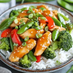 For this tasty Honey Garlic Chicken Stir Fry, gather the following: - 1 lb (450g) boneless, skinless chicken breasts, thinly sliced - 2 tablespoons honey - 3 cloves garlic, minced - 1 tablespoon fresh ginger, minced - 2 tablespoons soy sauce - 1 tablespoon sesame oil - 1 bell pepper (red or yellow), thinly sliced - 1 cup broccoli florets - 1 cup snap peas - 2 green onions, finely chopped - 1 tablespoon cornstarch mixed with 2 tablespoons water (slurry) - Salt and pepper to taste - Cooked jasmine rice or noodles, for serving Using fresh ingredients makes a big difference. Choose: - Chicken: Look for organic, free-range chicken for better flavor. - Vegetables: Fresh, crisp veggies add texture and color to your dish. - Honey: Opt for raw honey for a richer taste and health benefits. - Soy Sauce: Use low-sodium soy sauce to control salt levels. Good-quality ingredients help create a delicious meal that everyone will enjoy. This stir fry pairs well with: - Jasmine rice for a fluffy base. - Noodles for a comforting twist. - A side salad for extra crunch and freshness. Add these sides to make your meal more complete and satisfying. Start by slicing the chicken into thin strips. Make sure they are even for cooking. In a large bowl, combine the sliced chicken with honey, minced garlic, ginger, soy sauce, and a bit of salt and pepper. Mix it well. This marinade helps the chicken soak up all the tasty flavors. Let it sit for at least 15 minutes. This wait makes a big difference in taste. Heat sesame oil in a large skillet or wok over medium-high heat. You want the oil to shimmer but not smoke. Once hot, add the marinated chicken to the skillet. Stir-fry for about 5 to 7 minutes. You want the chicken to be fully cooked and golden brown on the edges. This caramelization adds depth to the dish. Next, toss in the bell pepper, broccoli, and snap peas. Stir-fry for another 3 to 4 minutes. The goal is to keep the veggies bright and a bit crunchy. Then, pour in the cornstarch slurry while stirring. This will thicken the sauce and help it cling to the chicken and veggies. Cook for an additional minute until the sauce is thick and glossy. Finally, remove the skillet from heat and sprinkle with green onions. This adds a fresh burst of flavor. Serve the stir-fry over warm jasmine rice or noodles for a filling meal. For the full recipe, check the earlier section. To make your honey garlic chicken stir fry pop, use fresh ingredients. Fresh garlic and ginger add a bright taste. Try adding a splash of rice vinegar for some zing. You can also use a bit of chili paste if you like heat. Mixing in a squeeze of lime juice before serving brightens the dish. Don’t skip the cornstarch slurry; it helps the sauce stick to the chicken and veggies. A large skillet or wok is best for this stir fry. A non-stick surface helps prevent sticking and makes clean-up easier. Use a wooden spatula or a heat-resistant silicone spatula to toss the chicken and veggies. This keeps everything intact while mixing. If you have a splatter guard, it can help keep your stove clean while cooking. Serve your honey garlic chicken stir fry over warm jasmine rice or noodles. This helps soak up the delicious sauce. To make it look fancy, garnish with chopped green onions and sesame seeds. Adding a drizzle of extra honey on top makes it even more special. You can serve it with a side of steamed dumplings or a simple salad for a full meal. Enjoy your flavorful weeknight treat! {{image_4}} You can switch the chicken for other proteins. Try using shrimp or beef. Both options add unique flavors. Cook shrimp until they turn pink. For beef, choose thin slices of flank steak. Each protein will change the dish's taste, making it exciting. If you want a vegetarian or vegan meal, tofu works great. Use firm tofu for the best texture. Press it to remove extra moisture, then cube it. Marinate it just like the chicken. This allows tofu to soak in all the flavors. You can also use tempeh for a nutty taste. Feel free to mix and match your veggies. Carrots, bell peppers, and mushrooms are delicious options. You can even toss in spinach or zucchini for more color. Choose what you enjoy or what you have on hand. This keeps the dish fresh and fun. After enjoying your Honey Garlic Chicken Stir Fry, store leftovers in an airtight container. Let the stir fry cool down first. Place it in the fridge where it can last for up to three days. If you keep it in a shallow container, it cools faster. This helps keep the food fresh longer. When reheating, you want to keep the flavors intact. Use a skillet for the best results. Heat it over medium heat. Add a splash of water or broth to keep it moist. Stir it often until it's hot all the way through. This method makes sure your stir fry stays tasty and not dry. If you want to save some for later, freezing is a great option. First, let the stir fry cool completely. Then, place it in freezer-safe bags or containers. Remove as much air as possible to avoid freezer burn. It can last in the freezer for up to three months. When you're ready to eat, thaw it in the fridge overnight before reheating. To spice up your Honey Garlic Chicken Stir Fry, add chili flakes or fresh peppers. You can also use sriracha or chili garlic sauce for heat. Start with a small amount and taste as you go. Adjust according to your taste. Yes, you can swap soy sauce for tamari or coconut aminos. For a twist, try teriyaki or sweet and sour sauce. Each option gives a new flavor to the dish while keeping it delicious. Many Asian restaurants feature Honey Garlic Chicken Stir Fry on their menus. Look for local Chinese or Thai spots. They often have tasty versions that you can enjoy when you don’t feel like cooking. To scale up the recipe, simply multiply the ingredients by the number of servings you need. Keep the same cooking times, but use a larger skillet or wok. This way, everything cooks evenly. Jasmine rice pairs perfectly with this stir fry due to its light flavor. If you prefer noodles, try rice noodles or egg noodles. Both options soak up the sauce well and make the meal complete. For the full recipe and detailed instructions, check the [Full Recipe]. You’ll find everything you need to create this tasty dish with ease. In this blog post, we covered the recipe for Honey Garlic Chicken Stir Fry. We looked at ingredients, cooking steps, and important tips to boost flavor. You can even explore variations with different proteins and vegetables. Proper storage and reheating methods are key to enjoying leftovers. Finally, I answered common FAQs for more guidance. Use this recipe to create tasty meals that impress. Enjoy cooking!